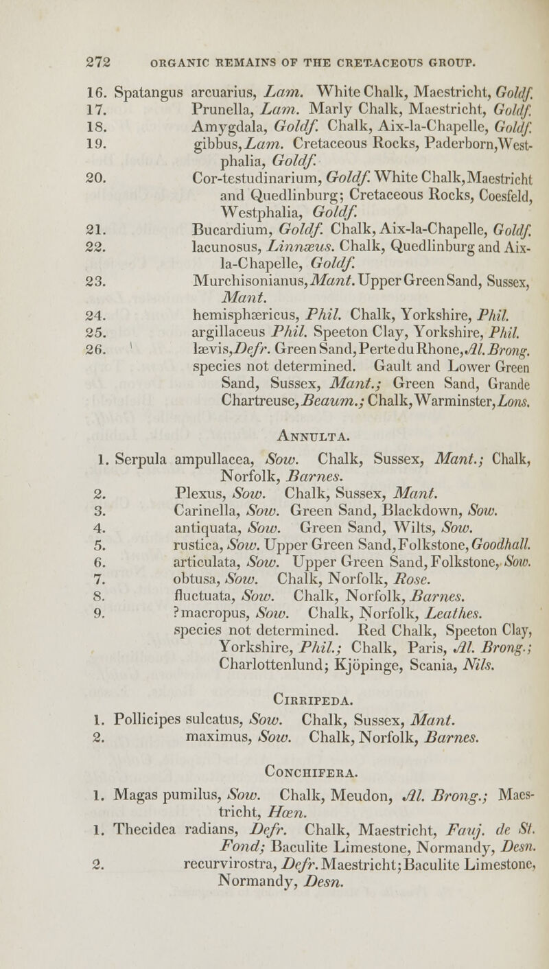 16. Spatangus arcuarius, Lam. White Chalk, Maastricht, Gold/. 17. Prunella, Lam. Marly Chalk, Maestricht, Gold/. 18. Amygdala, Gold/. Chalk, Aix-la-Chapellc, Gold/. 19. gibbus, Lam. Cretaceous Rocks, Paderborn,West- phalia, Goldf. 20. Cor-testudinarium, Goldf. White Chalk,Maestricht and Quedlinburg; Cretaceous Rocks, Coesfeld, Westphalia, Goldf. 21. Bucardium, Goldf. Chalk, Aix-la-Chapelle, Goldf. 22. lacunosus, Linnseus. Chalk, Quedlinburg and Aix- la-Chapelle, Goldf. 23. Murchisonianus,.Mm£. Upper Green Sand, Sussex, Mant. 24. hemisphsericus, Phil. Chalk, Yorkshire, Phil. 25. argillaceus Phil. Speeton Clay, Yorkshire, Phil. 26. ' laevis,Z)e/>. Green Sand, I>erteduJlbone,Jll. Brong. species not determined. Gault and Lower Green Sand, Sussex, Mant.; Green Sand, Grande Chartreuse, iJmww.; Chalk, Warminster, Zons. Annulta. 1. Serpula ampullacea, Sow. Chalk, Sussex, Mant.; Chalk, Norfolk, Barnes. 2. Plexus, Sow. Chalk, Sussex, Mant. 3. Carinella, Sow. Green Sand, Blackdown, Sow. 4. antiquata, Sow. Green Sand, Wilts, Sow. 5. rustica, Sow. Upper Green Sand,Folkstone, Goodhall 6. articulata, Sow. Upper Green Sand, Folkstone, Sow. 7. obtusa, Sow. Chalk, Norfolk, Rose. 8. fluctuata, Sow. Chalk, Norfolk, Barnes. 9. Pmacropus, Sow. Chalk, Norfolk, Lcathes. species not determined. Red Chalk, Speeton Clay, Yorkshire, Phil; Chalk, Paris, Jil. Brong.; Charlottenlund; Kjopinge, Scania, Nils. Cirripeda. 1. Pollicipes sulcatus, Sow. Chalk, Sussex, Mant. 2. maximus, Sow. Chalk, Norfolk, Barnes. Conchifera. 1. Magas pumilus, Sow. Chalk, Meudon, M. Brong.; Maes- tricht, Hcen. 1. Thecidea radians, Defr. Chalk, Maestricht, Fauj. de St. Fond; Baculite Limestone, Normandy, Desn. 2. recurvirostra, Defr. Maestricht; Baculite Limestone, Normandy, Desn.