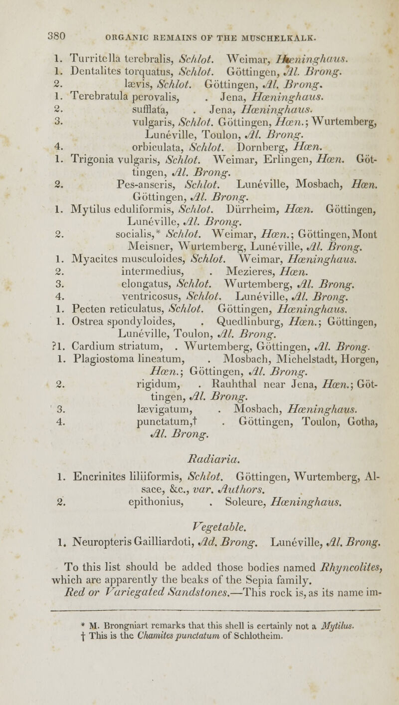 1. Turritclla terebralis, Schlot. Weimar, Hteninglwus. 1. Dentalites torquatus, Schlot. Gottingen, Al. Brong. 2. laevis, Schlot. Gottingen, Al. Brong. 1. Terebratula perovalis, . Jena, Hozninghaus. 2. sufflata, . Jena, Hozninghaus. 3. vulgaris, Schlot. Gottingen, Hoen.; Wurtemberg, Luneville, Toulon, Al. Brong. 4. orbiculata, Schlot. Dornbcrg, Hoen. 1. Trigonia vulgaris, Schlot. Weimar, Erlingen, Hoen. Got- tingen, Al. Brong. 2. Pes-anseris, Schlot. Luneville, Mosbach, Hoen. Gottingen, Al. Brong. 1. Mytilus eduliformis, Schlot. Diirrheim, Hoen. Gottingen, Luneville, Al. Brong. 2. socialis,* Schlot. Weimar, Hoen.; Gottingen,Mont Meisner, Wurtemberg, Luneville, Al. Brong. 1. Myacites musculoides, Schlot. Weimar, Hozninghaus. 2. intermedius, . Mezieres, Hozn. 3. elongatus, Schlot. Wurtemberg, M. Brong. 4. ventricosus, Schlot. Luneville, Jll. Brong. 1. Pecten reticulatus, Schlot. Gottingen, Hozninghaus. 1. Ostrea spondyloides, . Quedlinburg, Hozn.; Gottingen, Luneville, Toulon, M. Brong. ?1. Cardium striatum, . Wurtemberg, Gottingen, M. Brong. 1. Plagiostoma lineatum, . Mosbach, Michelstadt, Horgen, Hozn.', Gottingen, Al. Brong. 2. rigidum, . Rauhthal near Jena, Hozn.; Got- tingen, Al. Brong. 3. laevigatum, . Mosbach, Hozninghaus. 4. punctatum,t . Gottingen, Toulon, Gotha, Al. Brong. Radiaria. 1. Encrinites liliiformis, Schlot. Gottingen, Wurtemberg, Al- sace, &c, var. Authors. 2. epithonius, . Soleure, Hozninghaus. Vegetable. 1. Neuropteris Gailliardoti, Ad. Brong. Luneville, Al. Brong. To this list should be added those bodies named Rhyncolites, which are apparently the beaks of the Sepia family. Red or Variegated Sandstones.—This rock is, as its name im- * M. Brongniart remarks that this shell is certainly not a Mytilus. f This is the Chamites pundatum of Schlotheim.