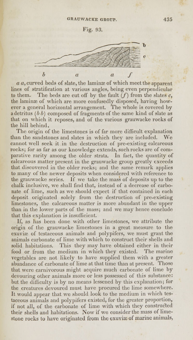 Fig. 93. b a a f a a, curved beds of slate, the laminae of which meet the apparent lines of stratification at various angles, being even perpendicular to them. The beds are cut off by the fault (f) from the slates c, the laminae of which are more confusedly disposed, having how- ever a general horizontal arrangement. The whole is covered by a detritus (6 b) composed of fragments of the same kind of slate as that on which it reposes, and of the various grauwacke rocks of the hill behind. The origin of the limestones is of far more difficult explanation than the sandstones and slates in which they are included. We cannot well seek it in the destruction of pre-existing calcareous rocks; for as far as our knowledge extends, such rocks are of com- parative rarity among the older strata. In fact, the quantity of calcareous matter present in the grauwacke group greatly exceeds that discovered in the older rocks; and the same remark applies to many of the newer deposits when considered with reference to the grauwacke series. If we take the mass of deposits up to the chalk inclusive, we shall find that, instead of a decrease of carbo- nate of lime, such as wTe should expect if that contained in each deposit originated solely from the destruction of pre-existing limestones, the calcareous matter is more abundant in the upper than in the lower parts of the mass; and we may hence conclude that this explanation is insufficient. If, as has been done with other limestones, we attribute the origin of the grauwacke limestones in a great measure to the exuviae of testaceous animals and polypifers, we must grant the animals carbonate of lime with which to construct their shells and solid habitations. This they may have obtained either in their food or from the medium in which they existed. The marine vegetables are not likely to have supplied them with a greater abundance of carbonate of lime at that time than at present. Those that were carnivorous might acquire much carbonate of lime by devouring other animals more or less possessed of this substance: but the difficulty is by no means lessened by this explanation; for the creatures devoured must have procured the lime somewhere. It would appear that we should look to the medium in which tes- taceous animals and polypifers existed, for the greater proportion, if not all, of the carbonate of lime with which they constructed their shells and habitations. Now if we consider the mass of lime- stone rocks to have originated from the exuviae of marine animals,