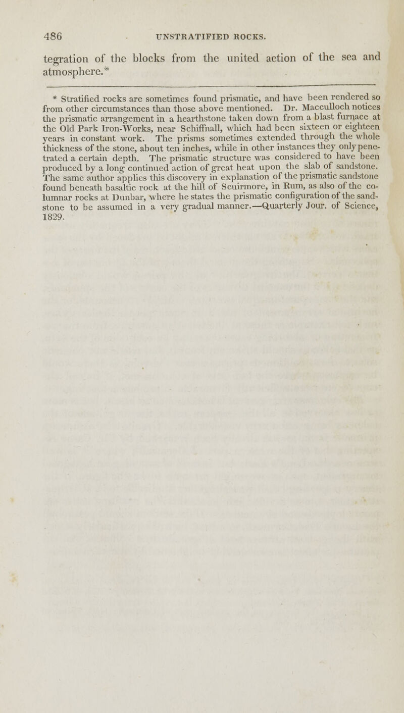 tegration of the blocks from the united action of the sea and atmosphere.* * Stratified rocks are sometimes found prismatic, and have been rendered so from other circumstances than those above mentioned. Dr. Macculloch notices the prismatic arrangement in a hearthstone taken down from a blast furnace at the Old Park Iron-Works, near Schiffnall, which had been sixteen or eighteen years in constant work. The prisms sometimes extended through the whole thickness of the stone, about ten inches, while in other instances they only pene- trated a certain depth. The prismatic structure was considered to have been produced by a long continued action of great heat upon the slab of sandstone. The same author applies this discovery in explanation of the prismatic sandstone found beneath basaltic rock at the hill of Scuirmore, in Rum, as also of the co- lumnar rocks at Dunbar, where he states the prismatic configuration of the sand- stone to be assumed in a very gradual manner.—Quarterly Jour, of Science, 1829.