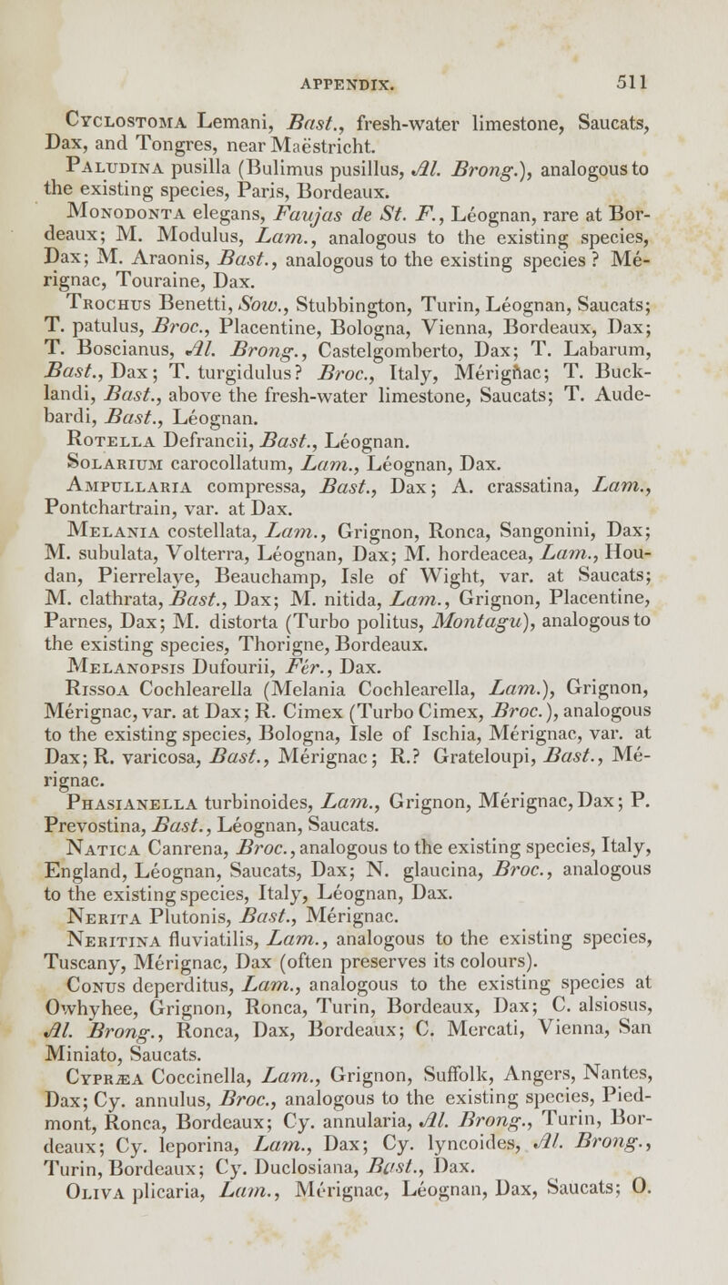 Cyclostoma Lemani, Bast., fresh-water limestone, Saucats, Dax, and Tongres, near Maastricht. Paludina pusilla (Bulimus pusillus, M. Brong.), analogous to the existing species, Paris, Bordeaux. Monodonta elegans, Faujas de St. F., Leognan, rare at Bor- deaux; M. Modulus, Lam., analogous to the existing species, Dax; M. Araonis, Bast., analogous to the existing species ? Me- rignac, Touraine, Dax. Trochtjs Benetti, Sow., Stubbington, Turin, Leognan, Saucats; T. patulus, Broc, Placentine, Bologna, Vienna, Bordeaux, Dax; T. Boscianus, M. Brong., Castelgomberto, Dax; T. Labarum, Bast., Dax; T. turgidulus? Broc, Italy, Merignac; T. Buck- landi, Bast., above the fresh-water limestone, Saucats; T. Aude- bardi, Bast., Leognan. Rotella Defrancii, Bast., Leognan. Solarium carocollatum, Lam., Leognan, Dax. Ampullaria compressa, Bast., Dax; A. crassatina, Lam., Pontchartrain, var. at Dax. Melania costellata, Lam., Grignon, Ronca, Sangonini, Dax; M. subulata, Volterra, Leognan, Dax; M. hordeacea, Lam., Hou- dan, Pierrelaye, Beauchamp, Isle of Wight, var. at Saucats; M. clathrata, Bast., Dax; M. nitida, Lam., Grignon, Placentine, Parnes, Dax; M. distorta (Turbo politus, Montagu), analogous to the existing species, Thorigne, Bordeaux. Melanopsis Dufourii, Fer., Dax. Rissoa Cochlearella (Melania Cochlearella, Lam.), Grignon, Merignac, var. at Dax; R. Cimex (Turbo Cimex, Broc), analogous to the existing species, Bologna, Isle of Ischia, Merignac, var. at Dax; R. varicosa, Bast., Merignac; R.? Grateloupi, Bast., Me- rignac. Phasianella turbinoides, Lam., Grignon, Merignac, Dax; P. Prevostina, Bast., Leognan, Saucats. Natica Canrena, Broc, analogous to the existing species, Italy, England, Leognan, Saucats, Dax; N. glaucina, Broc, analogous to the existing species, Italy, Leognan, Dax. Nerita Plutonis, Bast., Merignac. Neritina fluviatilis, Lam., analogous to the existing species, Tuscany, Merignac, Dax (often preserves its colours). Conus deperditus, Lam., analogous to the existing species at Owhyhee, Grignon, Ronca, Turin, Bordeaux, Dax; C. alsiosus, M. Brong., Ronca, Dax, Bordeaux; C. Mercati, Vienna, San Miniato, Saucats. CrPRiEA Coccinella, Lam., Grignon, Suffolk, Angers, Nantes, Dax; Cy. annulus, Broc, analogous to the existing species, Pied- mont, Ronca, Bordeaux; Cy. annularia, Al. Brong., Turin, Bor- deaux; Cy. leporina, Lam., Dax; Cy. lyncoides, M. Brong., Turin, Bordeaux; Cy. Duclosiana, Bust., Dax. Oliva plicaria, Lam., Mt-rignac, Leognan, Dax, Saucats; 0.