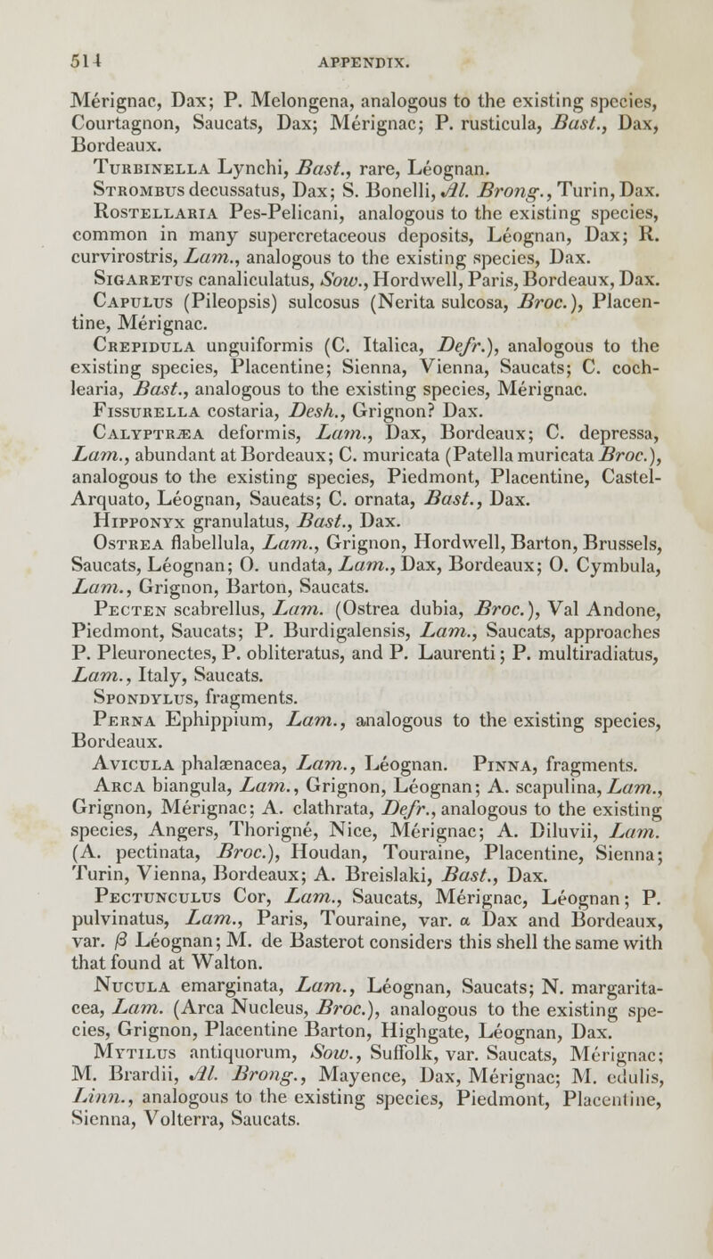 Merignac, Dax; P. Melongena, analogous to the existing species, Courtagnon, Saucats, Dax; Merignac; P. rusticula, Bast., Dax, Bordeaux. Turbinella Lynchi, Bast., rare, Leognan. Strombusdecussatus, Dax; S. Bonelli, M. Brong., Turin,Dax. Rostellaria Pes-Pelicani, analogous to the existing species, common in many supercretaceous deposits, Leognan, Dax; R. curvirostris, Lam., analogous to the existing species, Dax. Sigaretus canaliculars, Sow., Hordwell, Paris, Bordeaux, Dax. Capulus (Pileopsis) sulcosus (Nerita sulcosa, Broc), Placen- tine, Merignac. Crepidula unguiformis (C. Italica, Defr.), analogous to the existing species, Placentine; Sienna, Vienna, Saucats; C. coch- learia, Bast., analogous to the existing species, Merignac. Fissurella costaria, Desk., Grignon? Dax. Calyptr.ka deformis, Lam., Dax, Bordeaux; C. depressa, Lam., abundant at Bordeaux; C. muricata (Patella muricata Broc), analogous to the existing species, Piedmont, Placentine, Castel- Arquato, Leognan, Saucats; C. ornata, Bast., Dax. Hipfonyx granulatus, Bast., Dax. Ostrea flabellula, Lam., Grignon, Hordwell, Barton, Brussels, Saucats, Leognan; 0. undata, Lam., Dax, Bordeaux; 0. Cymbula, Lam., Grignon, Barton, Saucats. Pecten scabrellus, Lam. (Ostrea dubia, Broc), Val Andone, Piedmont, Saucats; P. Burdigalensis, Lam., Saucats, approaches P. Pleuronectes, P. obliteratus, and P. Laurenti; P. multiradiatus, Lam., Italy, Saucats. Spondylus, fragments. Perna Ephippium, Lam., analogous to the existing species, Bordeaux. Avicula phalaenacea, Lam., Leognan. Pinna, fragments. Arca biangula, Lam., Grignon, Leognan; A. scapulina,Lam., Grignon, Merignac; A. clathrata, Defr., analogous to the existing species, Angers, Thorigne, Nice, Merignac; A. Diluvii, Lam. (A. pectinata, Broc), Houdan, Touraine, Placentine, Sienna; Turin, Vienna, Bordeaux; A. Breislaki, Bast., Dax. Pectunculus Cor, Lam., Saucats, Merignac, Leognan; P. pulvinatus, Lam., Paris, Touraine, var. a Dax and Bordeaux, var. /3 Leognan; M. de Basterot considers this shell the same with that found at Walton. Nucula emarginata, Lam., Leognan, Saucats; N. margarita- cea, Lam. (Arca Nucleus, Broc), analogous to the existing spe- cies, Grignon, Placentine Barton, Highgate, Leognan, Dax. Mytilus antiquorum, Sow., Suffolk, var. Saucats, Merignac; M. Brardii, Jil. Brong., Mayence, Dax, Merignac; M. edulis, Linn., analogous to the existing species, Piedmont, Placentine, Sienna, Volterra, Saucats.