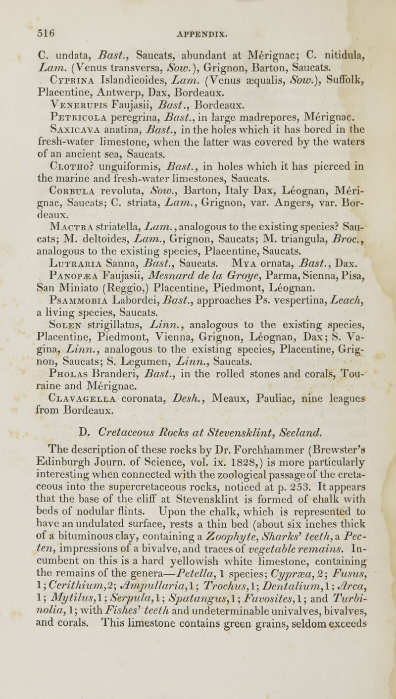 C. undata, Bast., Saucats, abundant at Merignac; C. nitidula, Lam. (Venus transversa, Sow.), Grignon, Barton, Saucats. Cypkina Islandicoides, Lam. (Venus aequalis, Sow.), Suffolk, Placentine, Antwerp, Dax, Bordeaux. Venerupis Faujasii, Bast., Bordeaux. Petricola peregrina, Bast., in large madrepores, Merignac. Saxicava anatina, Bast., in the holes which it has bored in the fresh-water limestone, when the latter was covered by the waters of an ancient sea, Saucats. Clotho? unguiformis, Bast., in holes which it has pierced in the marine and fresh-water limestones, Saucats. Corbula revoluta, Soiv., Barton, Italy Dax, Leognan, Meri- gnac, Saucats; C. striata, Lam., Grignon, var. Angers, var. Bor- deaux. Mactra striatella, Lam., analogous to the existing species? Sau- cats; M. deltoides, Lam., Grignon, Saucats; M. triangula, Broc, analogous to the existing species, Placentine, Saucats. Lutraria Sanna, Bast., Saucats. My a ornata, Bast., Dax. Panop^a Faujasii, Mesnard de la Groye, Parma, Sienna, Pisa, San Miniato (Reggio,) Placentine, Piedmont, Leognan. Psammobia Labordei, Bast., approaches Ps. vespertina, Leach, a living species, Saucats. Solen strigillatus, Linn., analogous to the existing species, Placentine, Piedmont, Vienna, Grignon, Leognan, Dax; S. Va- gina, Linn., analogous to the existing species, Placentine, Grig- non, Saucats; S. Legumen, Linn., Saucats. Pholas Branderi, Bast., in the rolled stones and corals, Tou- raine and Merignac. Clavagella coronata, Desh., Meaux, Pauliac, nine leagues from Bordeaux. D. Cretaceous Rocks at Stevensklint, Seeland. The description of these rocks by Dr. Forchhammer (Brewster's Edinburgh Journ. of Science, vol. ix. 1828,) is more particularly interesting when connected with the zoological passage of the creta- ceous into the supercretaceous rocks, noticed at p. 253. It appears that the base of the cliff at Stevensklint is formed of chalk with beds of nodular flints. Upon the chalk, which is represented to have an undulated surface, rests a thin bed (about six inches thick of a bituminous clay, containing a Zoophyte, Sharks' teeth, a Pec- ten, impressions of a bivalve, and traces of vegetable remains. In- cumbent on this is a hard yellowish white limestone, containing the remains of the genera—Petella, 1 species; Cyprxa,2; Fusus, 1; Cerithium,2; Ampullaria, 1; Trochus, 1; Dentalium, 1; Area, 1; Mytilus, 1; Serpula, 1; Spatangus, 1; Favosites, 1; and Turbi- nolia, 1; with Fishes' teeth and undeterminable univalves, bivalves, and corals. This limestone contains green grains, seldom exceeds