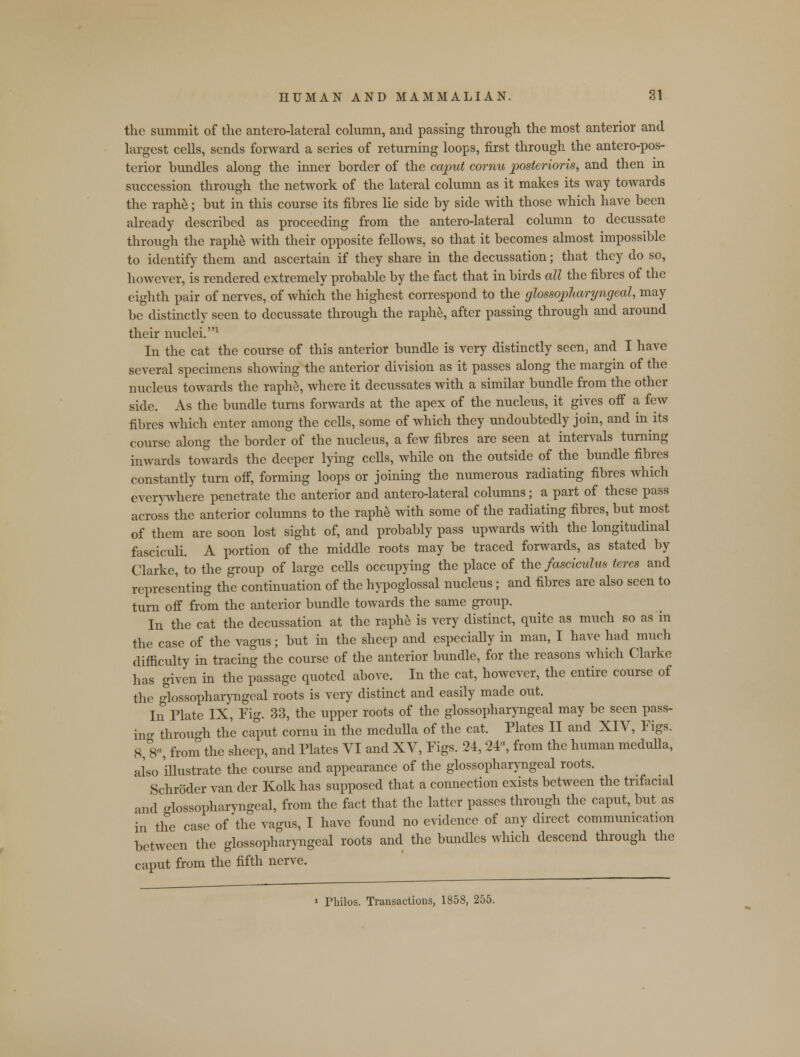 the summit of the anterolateral column, and passing through the most anterior and largest cells, sends forward a series of returning loops, first through the anteropos- terior bundles along the inner border of the caput cornu posterioris, and then in succession through the network of the lateral column as it makes its way towards the raphe; but in this course its fibres lie side by side with those which have been already described as proceeding from the antero-lateral column to decussate through the raphe with their opposite fellows, so that it becomes almost impossible to identify them and ascertain if they share in the decussation; that they do so, however, is rendered extremely probable by the fact that in birds all the fibres of the eighth pair of nerves, of which the highest correspond to the glossopharyngeal, may be distinctly seen to decussate through the raphe, after passing through and around their nuclei.1 In the cat the course of this anterior bundle is very distinctly seen, and I have several specimens showing the anterior division as it passes along the margin of the nucleus towards the raphe, where it decussates with a similar bundle from the other side. As the bundle turns forwards at the apex of the nucleus, it gives off a few fibres which enter among the cells, some of which they undoubtedly join, and in its course along the border of the nucleus, a few fibres are seen at intervals turning inwards towards the deeper lying cells, while on the outside of the bundle fibres constantly turn off, forming loops or joining the numerous radiating fibres which everywhere penetrate the anterior and antero-lateral columns; a part of these pass across the anterior columns to the raphe with some of the radiating fibres, but most of them are soon lost sight of, and probably pass upwards with the longitudinal fasciculi. A portion of the middle roots may be traced forwards, as stated by Clarke, to the group of large cells occupying the place of the fasciculus teres and representing the continuation of the hypoglossal nucleus; and fibres are also seen to turn off from the anterior bundle towards the same group. In the cat the decussation at the raphe is very distinct, quite as much so as in the case of the vagus; but in the sheep and especially in man, I have had much difficulty in tracing the course of the anterior bundle, for the reasons which Clarke has given in the passage quoted above. In the cat, however, the entire course of the glossopharyngeal roots is very distinct and easily made out. In Plate IX, Fig. 33, the upper roots of the glossopharyngeal may be seen pass- in- through the caput cornu in the medulla of the cat. Plates II and XIV, Figs. 8,8, from the sheep, and Plates VI and XV, Figs. 24, 24% from the human medulla, also illustrate the course and appearance of the glossopharyngeal roots. Schroder van der Kolk has supposed that a connection exists between the trifacial and glossopharyngeal, from the fact that the latter passes through the caput, but as in the case of the vagus, I have found no evidence of any direct communication between the glossopharyngeal roots and the bundles which descend through the caput from the fifth nerve.