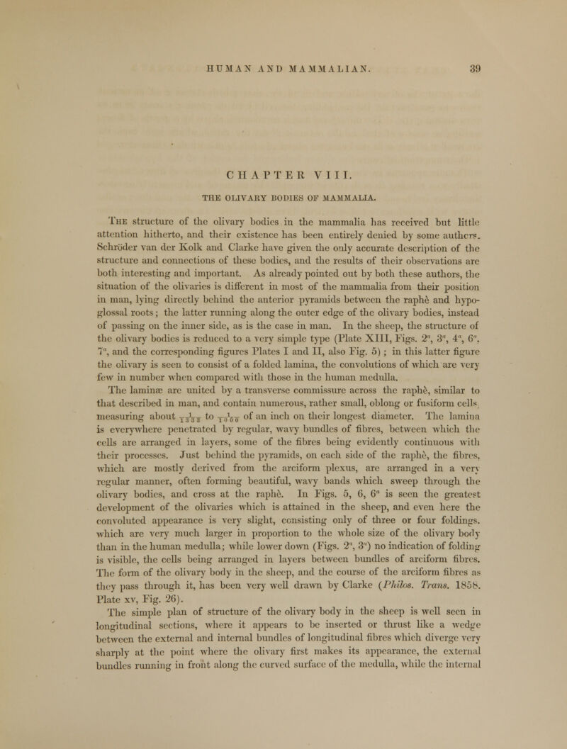 CHAPTER VIII. THE OLIVARY BODIES OF MAMMALIA. The structure of the olivary bodies in the mammalia has received but little attention hitherto, and their existence has been entirely denied by some author?. Schroder van der Kolk and Clarke have given the only accurate description of the structure and connections of these bodies, and the results of their observations are both interesting and important. As already pointed out by both these authors, the situation of the olivarics is different in most of the mammalia from their position in man, lying directly behind the anterior pyramids between the raphe and hypo- glossal roots; the latter running along the outer edge of the olivary bodies, instead of passing on the inner side, as is the case in man. In the sheep, the structure of the olivary bodies is reduced to a very simple type (Plate XIII, Figs. 2a, 3a, 4, 6. 7a, and the corresponding figures Plates I and II, also Fig. 5) ; in this latter figure the olivary is seen to consist of a folded lamina, the convolutions of which are very few in number when compared with those in the human medulla. The lamina? are united by a transverse commissure across the raphe, similar to that described in man, and contain numerous, rather small, oblong or fusiform cells measuring about T^\3 to j-^qq of an inch on their longest diameter. The lamina is everywhere penetrated by regular, wavy bundles of fibres, between which the cells are arranged in layers, some of the fibres being evidently continuous with their processes. Just behind the pyramids, on each side of the raphe, the fibres, which are mostly derived from the arciform plexus, are arranged in a very regular manner, often forming beautiful, wavy bands which sweep through the olivary bodies, and cross at the raphe. In Figs. 5, 6, 6a is seen the greatest development of the olivaries which is attained in the sheep, and even here the convoluted appearance is very slight, consisting only of three or four foldings, which are very much larger in proportion to the whole size of the olivary body than in the human medulla; while lower down (Figs. 2a, 3) no indication of folding is visible, the cells being arranged in layers between bundles of arciform fibres. The form of the olivary body in the sheep, and the course of the arciform fibres as they pass through it, has been very well drawn by Clarke {Philos. Trans. 1858. Plate xv, Fig. 26). The simple plan of structure of the olivary body in the sheep is well seen in longitudinal sections, where it appears to be inserted or thrust like a wedge between the external and internal bundles of longitudinal fibres which diverge very sharply at the point where the olivary first makes its appearance, the external bundles running in front along the curved surface of the medulla, while the internal