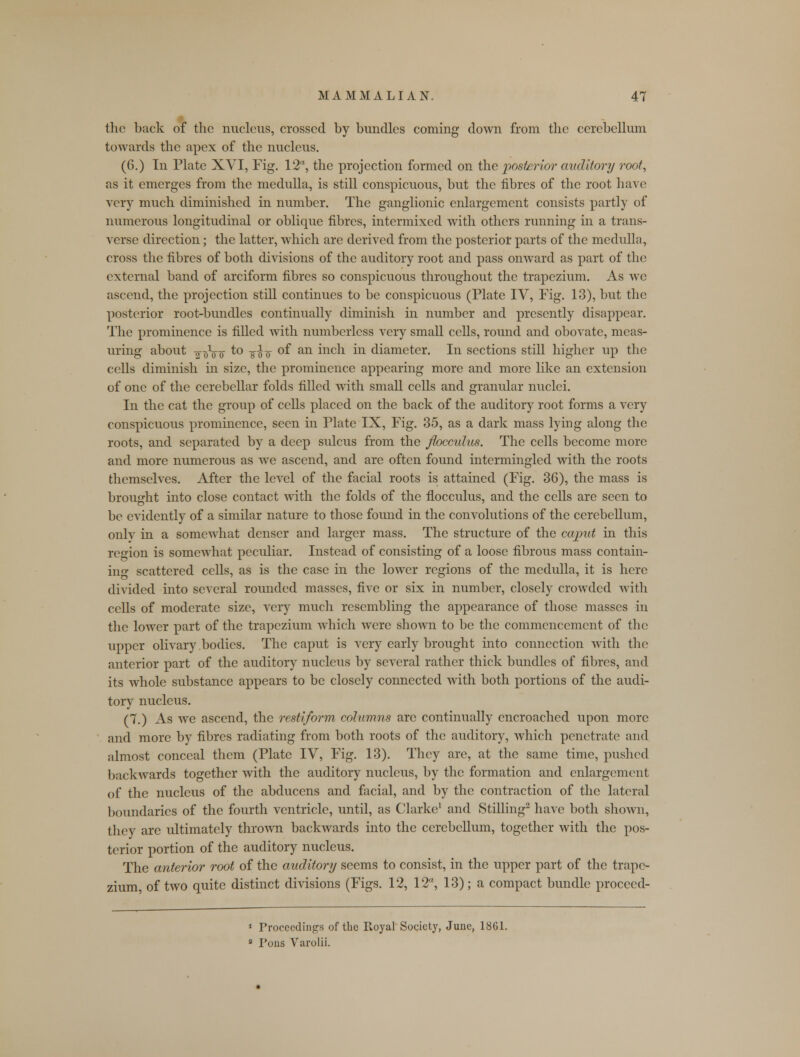 the back of the nucleus, crossed by bundles coming down from the cerebellum towards the apex of the nucleus. (6.) In Plate XVI, Fig. 12a, the projection formed on the posterior auditory root, as it emerges from the medulla, is still conspicuous, but the fibres of the root have very much diminished in number. The ganglionic enlargement consists partly of numerous longitudinal or oblique fibres, intermixed with others running in a trans- verse direction; the latter, which are derived from the posterior parts of the medulla, cross the fibres of both divisions of the auditory root and pass onward as part of the external band of arciform fibres so conspicuous throughout the trapezium. As we ascend, the projection still continues to be conspicuous (Plate IV, Fig. 13), but the posterior root-bundles continually diminish in number and presently disappear. The prominence is filled with numberless very small cells, round and obovatc, meas- uring about 2oV o t° giy o °f an lcn in diameter. In sections still higher up the cells diminish hi size, the prominence appearing more and more like an extension of one of the cerebellar folds filled with small cells and granular nuclei. In the cat the group of cells placed on the back of the auditory root forms a very conspicuous prominence, seen in Plate IX, Fig. 35, as a dark mass lying along the roots, and separated by a deep sulcus from the flocculus. The cells become more and more numerous as we ascend, and are often found intermingled with the roots themselves. After the level of the facial roots is attained (Fig. 36), the mass is brought into close contact with the folds of the flocculus, and the cells are seen to be evidently of a similar nature to those found in the convolutions of the cerebellum, onlv in a somewhat denser and larger mass. The structure of the caput in this region is somewhat peculiar. Instead of consisting of a loose fibrous mass contain- ing scattered cells, as is the case in the lower regions of the medulla, it is here divided into several rounded masses, five or six in number, closely crowded with cells of moderate size, very much resembling the appearance of those masses in the lower part of the trapezium which were shown to be the commencement of the upper olivary bodies. The caput is very early brought into connection with the anterior part of the auditory nucleus by several rather thick bundles of fibres, and its whole substance appears to be closely connected with both portions of the audi- tory nucleus. (7.) As we ascend, the restiform columns are continually encroached upon more and more by fibres radiating from both roots of the auditory, which penetrate and almost conceal them (Plate IV, Fig. 13). They are, at the same time, pushed backwards together with the auditory nucleus, by the formation and enlargement of the nucleus of the abducens and facial, and by the contraction of the lateral boundaries of the fourth ventricle, until, as Clarke1 and Stilling2 have both shown, they are ultimately thrown backwards into the cerebellum, together with the pos- terior portion of the auditory nucleus. The anterior root of the auditory seems to consist, in the upper part of the trape- zium, of two quite distinct divisions (Figs. 12, 12, 13); a compact bundle procced- 1 Proceedings of the Royal Society, June, 1861. s Pons Varolii.
