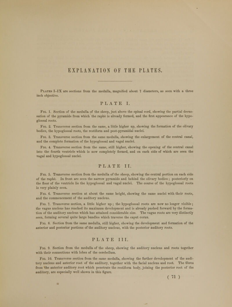 EXPLANATION OF THE PLATES. Plates I-IX are sections from the medulla, magnified about 7 diameters, as seen with a three inch objective. PLATE I. Fig. 1. Section of the medulla of the sheep, just above the spinal cord, showing the partial decus- sation of the pyramids from which the raphe is already formed, and the first appearance of the hypo- glossal roots. Fig. 2. Transverse section from the same, a little higher up, showing the formation of the olivary bodies, the hypoglossal roots, the restiform and post-pyramidal nuclei. Fig. 3. Transverse section from the same medulla, showing the enlargement of the central canal, and the complete formation of the hypoglossal and vagal nuclei. Fig. 4. Transverse section from the same, still higher, showing the opening of the central canal into the fourth ventricle which is now completely formed, and on each side of which are seen the vagal and hypoglossal nuclei. PLATE II. Fig. 5. Transverse section from the medulla of the sheep, showing the central portion on each side of the raphe. In front are seen the narrow pyramids and behind the olivary bodies ; posteriorly on the floor of the ventricle lie the hypoglossal and vagal nuclei. The course of the hypoglossal roots is very plainly seen. Fig. 6. Transverse section at about the same height, showing the same nuclei with their roots, and the commencement of the auditory nucleus. Fig. 7. Transverse section, a little higher up ; the hypoglossal roots are now no longer visible; the vagus nucleus has reached its maximum development and is already pushed forward by the forma- tion of the auditory nucleus which has attained considerable size. The vagus roots are very distinctly seen, forming several quite large bundles which traverse the caput cornu. Fig. 8. Section from the same medulla, still higher, showing the development and formation of the anterior and posterior portions of the auditory nucleus, with the posterior auditory roots. PLATE III. Fig. 9. Section from the medulla of the sheep, showing the auditory nucleus and roots together with their connections with lobes of the cerebellum. Fig. 10. Transverse section from the same medulla, showing the further development of the audi- tory nucleus and anterior root of the auditory, together with the facial nucleus and root. The fibres from the anterior auditory root which penetrate the restiform body, joining the posterior root of the auditory, are especially well shown in this figure. ( n )