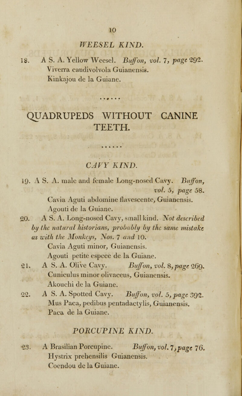 WEESEL KIND. IS. AS. A. Yellow Weesel. Bufon, vol. 7, page 292. Viverra caudivolvola Guianensis. Kinkajou de la Guiane. QUADRUPEDS WITHOUT CANINE TEETH. CAVY KIND. \Q. A S. A. male and female Long-nosed Cavy. Buffon, vol. 5, page 58. Cavia Aguti abdomine flavescente, Guianensis. Agouti de la Guiane. 20. A S. A. Long-nosed Cavy, small kind. Not described by the natural historians, probably by the same mistake as with the Monkeys, Nos. 7 and 10. Cavia Aguti minor, Guianensis. Agouti petite espece de la Guiane. 21. A S. A. Olive Cavy. Buffon, vol. 8,page 269. Cuniculus minor olivaceus, Guianensis. Akouchi de la Guiane. 22. A S. A. Spotted Cavy. Buffon, vol. 5, page 392. Mus Paca, pedibus pentadactylis, Guianensis. Paca de la Guiane. PORCUPINE KIND. 23. A Brasilian Porcupine. Buff on, vol.7, page 76. Hystrix prehensilis Guianensis. Coendou de la Guiane.