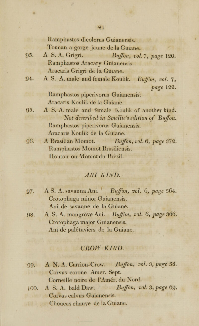 Ramphastos clicolorus Guianensis. Toucan a gorge jaune de laGuiane. 93. A S. A. Grigri. Buffbn, vol.1, page 120. Ramphastos Aracary Guianensis. Aracaris Grigri de la Guiane. 94. A S. A. male and female Koulik. Buffbn, vol. 7, page 122. Ramphastos piperivorus Guianensis. Aracaris Koulik de la Guiane. 95. A S. A. male and female Koulik of another kind. Not described in Smellie's edition of Buff on. Ramphastos piperivorus Guianensis. Aracaris Koulik de la Guiane. QG. A Brasilian Momot. Buffbn, vol. 6, page 372. Ramphastos Momot Brasiliensis. Houtou ou Momot du Bresil. ANI KIND. 97- A S. A. savanna Ani. Buffbn, vol. 6, page 364. Crotophaga minor Guianensis. Ani de savanne de la Guiane. 98. A S. A. mangrove Ani. Buffbn, vol. 6, page 366. Crotophaga major Guianensis. Ani de paletuviers de la Guiane, CROW KIND. 99. A N. A. Carrion-Crow. Buffbn, vol. 3, page 38. Corvus corone Amer. Sept. Corneille noire de l'Amer. du Nord. 100. A S. A. bald Daw. Buffbn, vol. 3, page 69. Corvus calvus Guianensis. Choucas chauve de la Guiane.