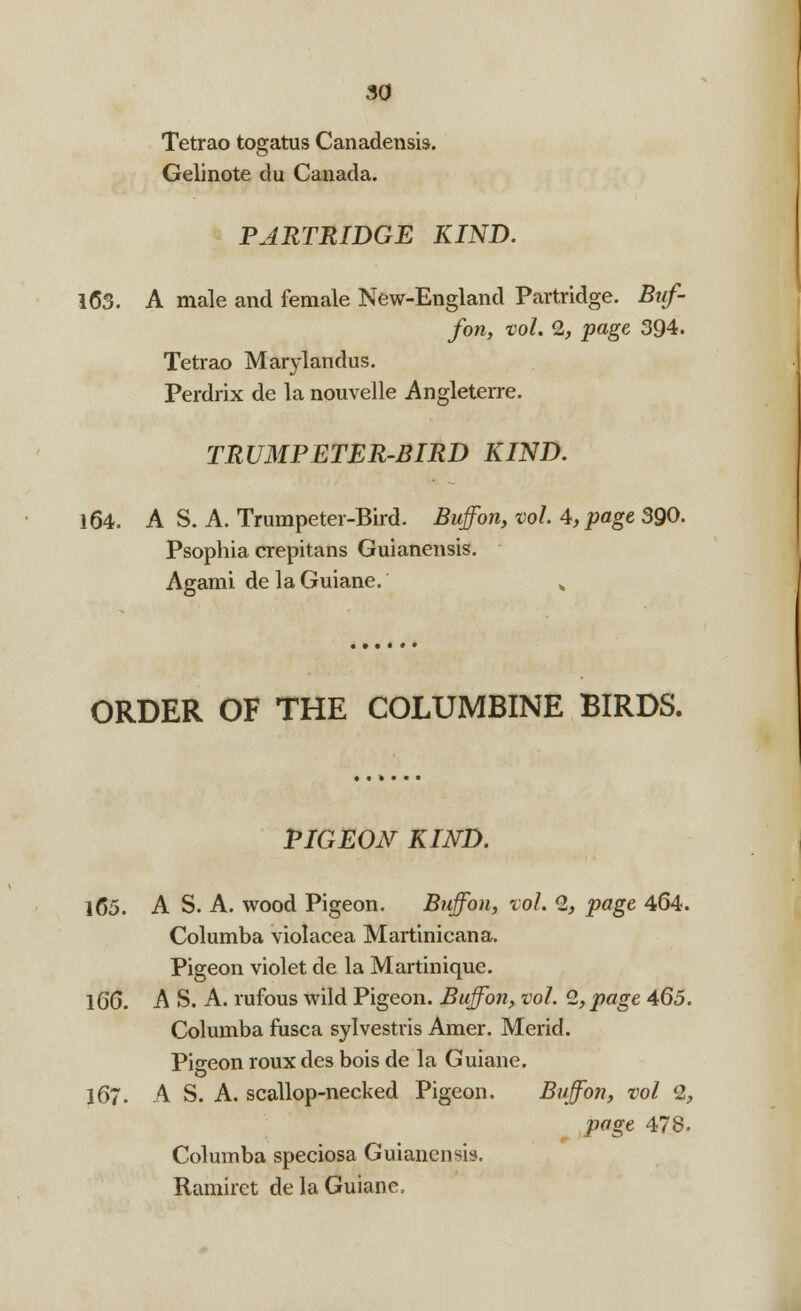 Tetrao togatus Canadensis. Gelinote du Canada. PARTRIDGE KIND. 163. A male and female New-England Partridge. Buf- fon, vol. % page 394. Tetrao Marylandus. Perdrix de la nouvelle Angleterre. TRUMPETER-BIRD KIND. 164. A S. A. Trumpeter-Bird. Buffon, vol. A, page 390. Psophia crepitans Guianensis. Agami delaGuiane. » ORDER OF THE COLUMBINE BIRDS. PIGEON KIND. 165. A S. A. wood Pigeon. Buffon, vol. 2, page 464. Columba violacea Martinicana. Pigeon violet de la Martinique. 166. A S. A. rufous wild Pigeon. Buffon, vol. 2, page 465. Columba fusca sylvestris Amer. Merid. Pigeon roux des bois de la Guiane. 167. A S. A. scallop-necked Pigeon. Buffon, vol 1, page 478. Columba speciosa Guianensis. Ramiret delaGuiane.