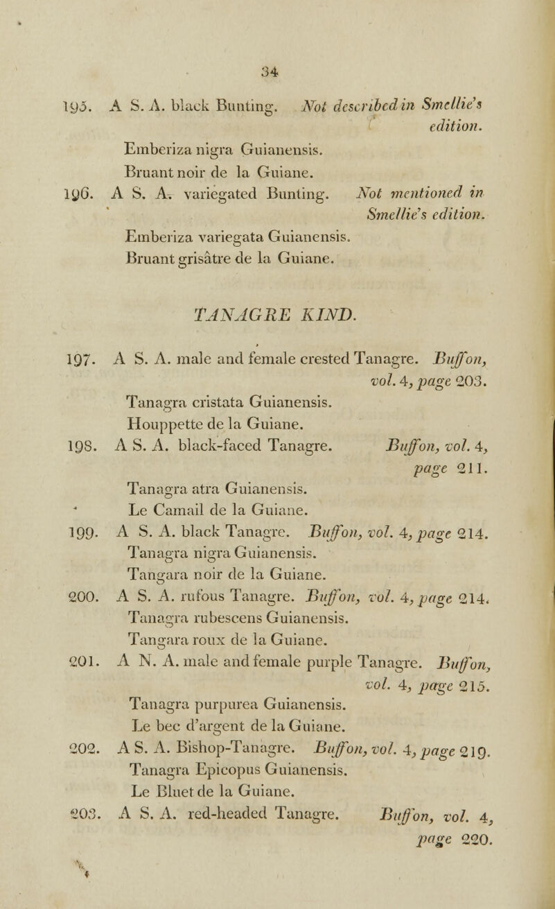 ly.5. A S. A. black Bunting. Not described in Smellies edition. Emberiza nigra Guianensis. Bruant noir de la Guiane. iy6. A S. A. variegated Bunting. Not mentioned in Smellie's edition. Emberiza variegata Guianensis. Bruant grisatre de la Guiane. TJNAGRE KIND. 197. A S. A. male and female crested Tanagre. Buff on, vol. A, page 203. Tanagra cristata Guianensis. Houppette de la Guiane. 1Q8. A S. A. black-faced Tanagre. Buffon, vol.4, page 211. Tanagra atra Guianensis. Le Camail de la Guiane. 199. A S. A. black Tanagre. Buffon, vol. 4, page 214. Tanagra nigra Guianensis. Tangara noir de la Guiane. 200. A S. A. rufous Tanagre. Buffon, vol. 4,page 214. Tanagra rubescens Guianensis. Tangara roux de la Guiane. 201. A N. A. male and female purple Tanagre. Biff on, vol. 4, page 215. Tanagra purpurea Guianensis. Le bee d'argent de la Guiane. 202. A S. A. Bishop-Tanagre. Buffon, vol. 4, paoe 219. Tanagra Epicopus Guianensis. Le Bluet de la Guiane. 203. A S. A. red-headed Tanagre. Buffon, vol. 4, jyage 220.