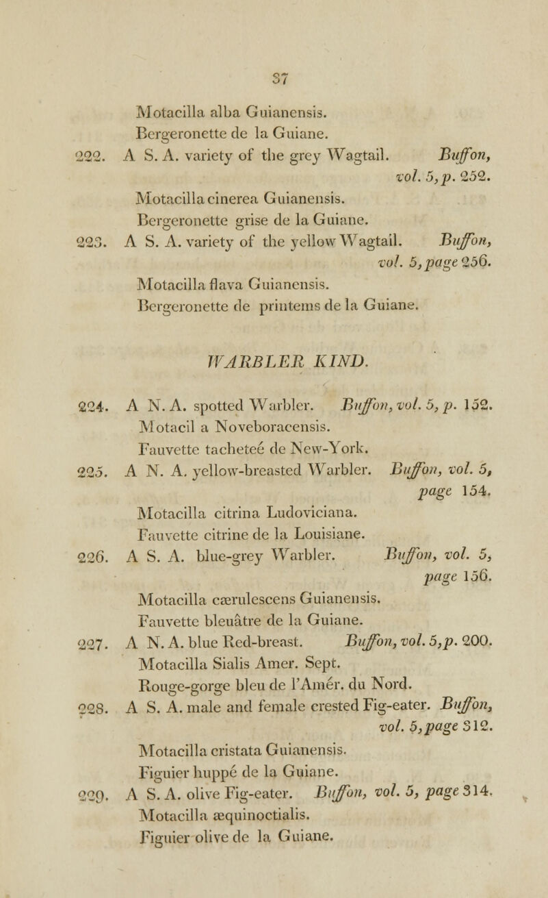 Motacilla alba Guianensis. Bcrgeronette de la Guiane. 222. A S. A. variety of the grey Wagtail. Buff on, VQl. 5,p. 252. Motacilla cinerea Guianensis. Bcrgeronette grise de la Guiane. 223. A S. A. variety of the yellow Wagtail. Bujfon, vol. 5,page'2o6. Motacilla flava Guianensis. Bcrgeronette de printems de la Guiane. WARBLER KIND. 224. A N. A. spotted Warbler. J^uJvnfvol,&fp. 152. Motacil a Noveboracensis. Fauvette tachetee de New-York. 225. A N. A. yellow-breasted Warbler. Bujfon, vol. 5, page 154. Motacilla citrina Ludoviciana. Fauvette citrine de la Louisiane. 226. A S. A. blue-grey Warbler. Bujfon, vol. 5, page 156. Motacilla cserulescens Guianensis. Fauvette bleuatre de la Guiane. 227. A N. A. blue Red-breast. Bujfon, vol. 5,p. 200. Motacilla Sialis Amer. Sept. Rouge-gorge bleu de l'Amer. du Nord. 223. A S. A. male and female crested Fig-eater. Bujfon, vol. 5,page 312. Motacilla cristata Guianensis. Figuier huppe de la Guiane. 229. A S. A. olive Fig-eater. Bujfon, vol. 5, page 314. Motacilla aequinoctialis. Figuier olive de la Guiane.