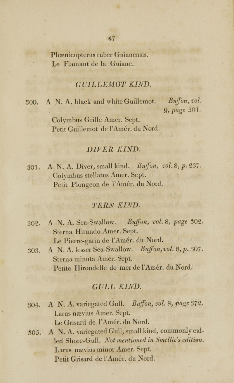 Phaenicopterus ruber Guiancnsis. Le Flamant de la Guiane. GUILLEMOT KIND. 300. A N. A. black and white Guillemot. Buffon,vol. 9, page 301. Colymbus Grille Amer. Sept. Petit Guillemot de l'Amer. du Nord. DIVER KIND. 301. A N. A. Diver, small kind. Bujfbn, vol.8,p.237- Colymbus stellatus Amer. Sept. Petit Plongeon de l'Amer. du Nord. TERN KIND. 302. A N. A. Sea-Swallow. Buff on, vol. 8, page 302. Sterna Hirundo Amer. Sept. Le Pierre-garin de l'Amer. du Nord. 303. A N. A. lesser Sea-Swallow. Buff on, vol. 8, p. 307. Sterna minuta Amer. Sept. Petite Hirondelle de mer de l'Amer. du Nord. GULL KIND. 304. A N. A. variegated Gull. Buffon, vol. 8, page 372. Larus naevius Amer. Sept. Le Grisard de l'Amer. du Nord. 305. A N. A. variegated Gull, small kind, commonly cal- led Shore-Gull. Not mentioned in Smellk's edition. Larus naevius minor Amer. Sept. Petit Grisard de l'Amer. du Nord.