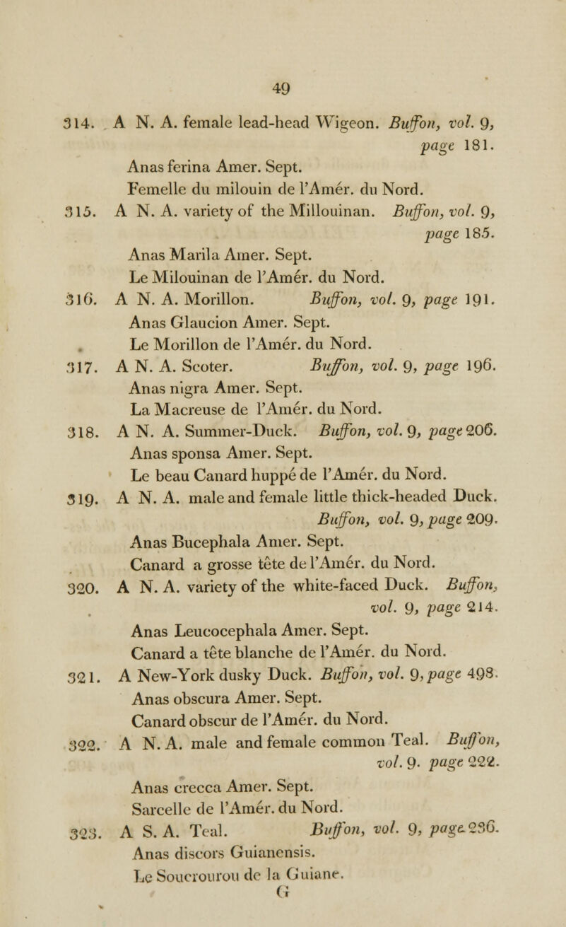 314. A N. A. female lead-head Wigeon. Buffon, vol. 9, page 181. Anas ferina Amer. Sept. Femelle du milouin de l'Amer. du Nord. 315. A N. A. variety of the Millouinan. Buffbn, vol. 9, page 18.5. Anas Marila Amer. Sept. Le Milouinan de l'Amer. du Nord. 316. A N. A. Morillon. Buffon, vol. 9, page 191. Anas Glaueion Amer. Sept. Le Morillon de l'Amer. du Nord. .'117. AN. A. Seoter. Buffon, vol. 9, page 196. Anas nigra Amer. Sept. La Macreuse de l'Amer. du Nord. 318. A N. A. Summer-Duck. Buffon, vol. 9, pagelOQ. Anas sponsa Amer. Sept. Le beau Canard huppe de l'Amer. du Nord. 319. A N. A. male and female little thick-headed Duck. Buffon, vol. 9, page 209- Anas Bucephala Amer. Sept. Canard a grosse tete de l'Amer. du Nord. 320. A N. A. variety of the white-faced Duck. Buffon, vol. 9, page 214. Anas Leucocephala Amer. Sept. Canard a tete blanche de l'Amer. du Nord. 321. A New-York dusky Duck. Buffon, vol. 9, page 498. Anas obscura Amer. Sept. Canard obscur de l'Amer. du Nord. 322. A N. A. male and female common Teal. Buffon, vol. 9. pagcQ&2. Anas crecca Amer. Sept. Sarcelle de l'Amer. du Nord. 303. A S. A. Teal. Buffon, vol. ft pag&V96. Anas discors Guianensis. 1^ Soueiourou do la Guiane. (I