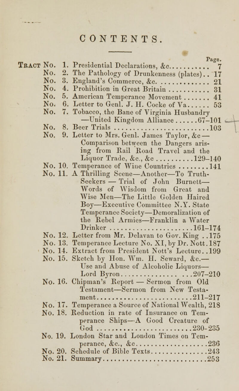 CONTENTS. Page. Tract No. 1. Presidential Declarations, &c 7 No. 2. The Pathology of Drunkenness (plates).. 17 No. 3. England's Commerce, &c 21 No. 4. Prohibition in Great Britain 31 No. 5. American Temperance Movement 41 No. 6. Letter to Genl. J. H. Cocke of Va 53 No. 7. Tobacco, the Bane of Virginia Husbandry —United Kingdom Alliance 67-101 No. 8. Beer Trials 103 No. 9. Letter to Mrs. Genl. James Taylor, &c — Comparison between the Dangers aris- ing from Hail Road Travel and the Liquor Trade, &c, &c 129-140 No. 10. Temperance of Wine Countries 141 No. 11. A Thrilling Scene—Another—To Truth- Seekers — Trial of John Burnett— Words of Wisdom from Great and Wise Men—The Little Golden Haired Boy—Executive Committee N.Y. State Temperance Society—Demoralization of the Rebel Armies—Franklin a Water Drinker 161-174 No. 12. Letter from Mr. Delavan to Gov. King . .175 No. 13. Temperance Lecture No. XI, by Dr. Nott. 187 No. 14. Extract from President Nott's Lecture. .199 No. 15. Sketch by Hon. Win. II. Seward, Ac- Use and Abuse of Alcoholic Liquors— Lord Byron 207-210 No. 16. Chipman's Report — Sermon from Old Testament—Sermon from New Testa- ment 211-217 No. 17. Temperance a Source of National Wealth, 218 No. 18. Reduction in rate of Insurance on Tem- perance Ships—A Good Creature of God 230-235 No. 19. London Star and London Times on Tem- perance, &c, &c 236 No. 20. Schedule of Bible Texts 243 No. 21. Summary 253