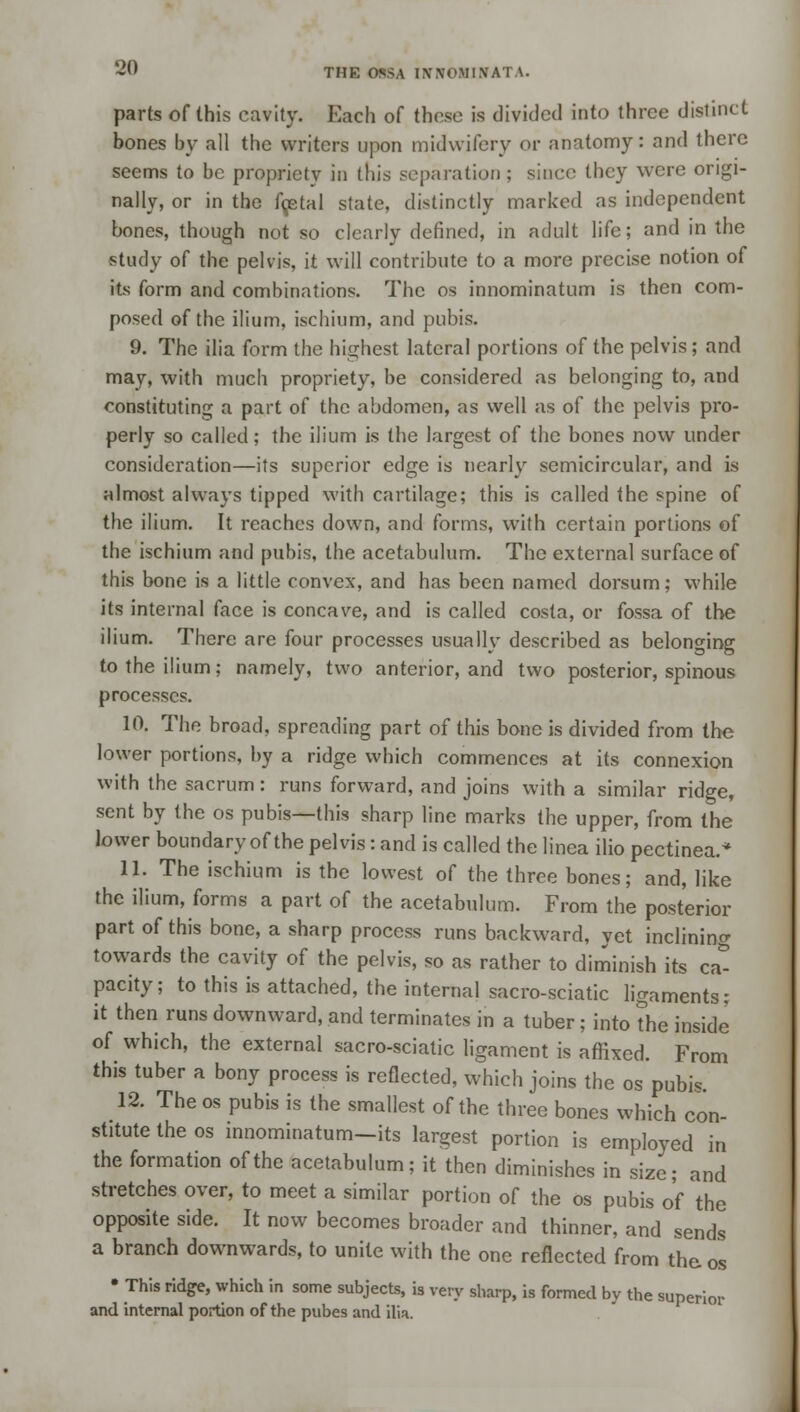 parts of this cavity. Each of those is divided into three distinct bones by all the writers upon midwifery or anatomy: and there seems to be propriety in this separation ; since they were origi- nally, or in the fcietal state, distinctly marked as independent bones, though not so clearly defined, in adult life; and in the study of the pelvis, it will contribute to a more precise notion of its form and combinations. The os innominatum is then com- posed of the ilium, ischium, and pubis. 9. The ilia form the highest lateral portions of the pelvis; and may, with much propriety, be considered as belonging to, and constituting a part of the abdomen, as well as of the pelvis pro- perly so called; the ilium is the largest of the bones now under consideration—its superior edge is nearly semicircular, and is almost always tipped with cartilage; this is called the spine of the ilium. It reaches down, and forms, with certain portions of the ischium and pubis, the acetabulum. The external surface of this bone is a little convex, and has been named dorsum; while its internal face is concave, and is called costa, or fossa of the ilium. There are four processes usually described as belonging to the ilium; namely, two anterior, and two posterior, spinous processes. 10. The broad, spreading part of this bone is divided from the lower portions, by a ridge which commences at its connexion with the sacrum : runs forward, and joins with a similar ridge, sent by the os pubis—this sharp line marks the upper, from the lower boundary of the pelvis: and is called the linea ilio pectineal 11. The ischium is the lowest of the three bones; and, like the ilium, forms a part of the acetabulum. From the posterior part of this bone, a sharp process runs backward, yet inclining towards the cavity of the pelvis, so as rather to diminish its ca* pacity; to this is attached, the internal sacro-sciatic ligaments; it then runs downward, and terminates in a tuber; into the inside of which, the external sacro-sciatic ligament is affixed. From this tuber a bony process is reflected, which joins the os pubis. 12. The os pubis is the smallest of the three bones which con- stitute the os innominatum-its largest portion is employed in the formation of the acetabulum; it then diminishes in size; and stretches over, to meet a similar portion of the os pubis of the opposite side. It now becomes broader and thinner, and sends a branch downwards, to unite with the one reflected from the os • This ridge, which in some subjects, is very sharp, is formed by the superior and internal portion of the pubes and ilia.