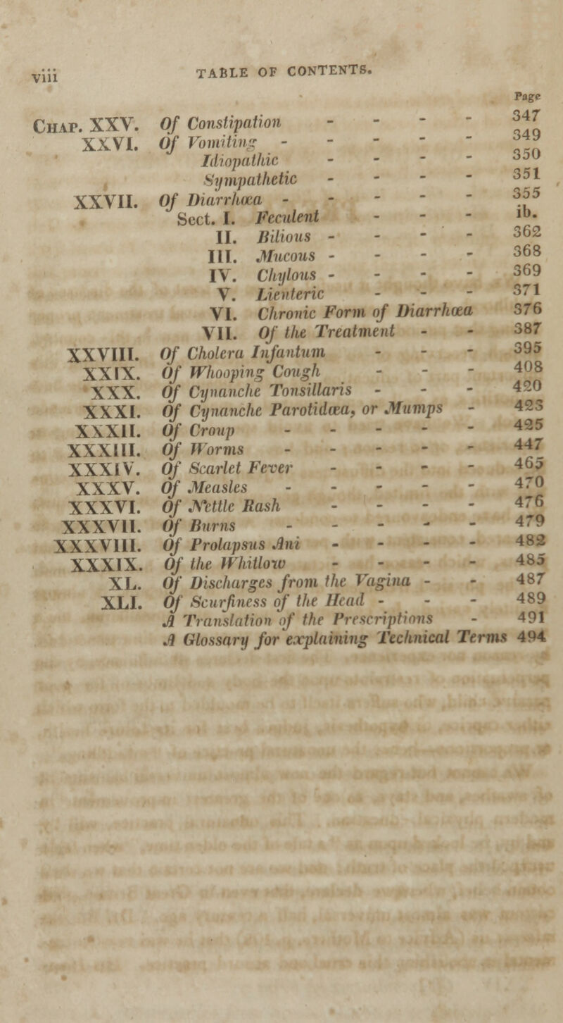 Chaf. XXV. XXVI. XXVII. XXVIII. XXIX. XXX. XXXI. XXXII. XXXIII. XXXIV. XXXV. XXXVI. XXXVII. XXXV11I. XXXIX. XL. XLI. TABLE OF CONTENTS. Of Constipation - Of Vomiting - Idiopathic - Sympathetic - Of Diarrhoea - Sect. I. Feculent - - - II. Bilious - - - - III. Mucous - - - - IV. (%/o?t.s - - - - V. Lienteric - VI. Chronic Form of Diarrhoea VII. 0/ i/te Treatment Of Cholera Infantum Of Whooping Cough Of Cynanche Tonsillaris - Of Cynanche Parotidcea, or Mumps - Of Croup Of Worms Of Scarlet Fever - Of Measles - Of Nettle Rash - - Of Burns - Of Prolapsus Ani - Of the Whitlow - Of Discharges from the Vagina - Of Scurjiness of the Head - A Translation of the Prescriptions A Glossary for explaining Technical Terms Page 347 349 350 351 355 ib. 362 368 369 371 376 387 395 408 420 423 425 447 465 470 476 479 482 485 487 489 491 494