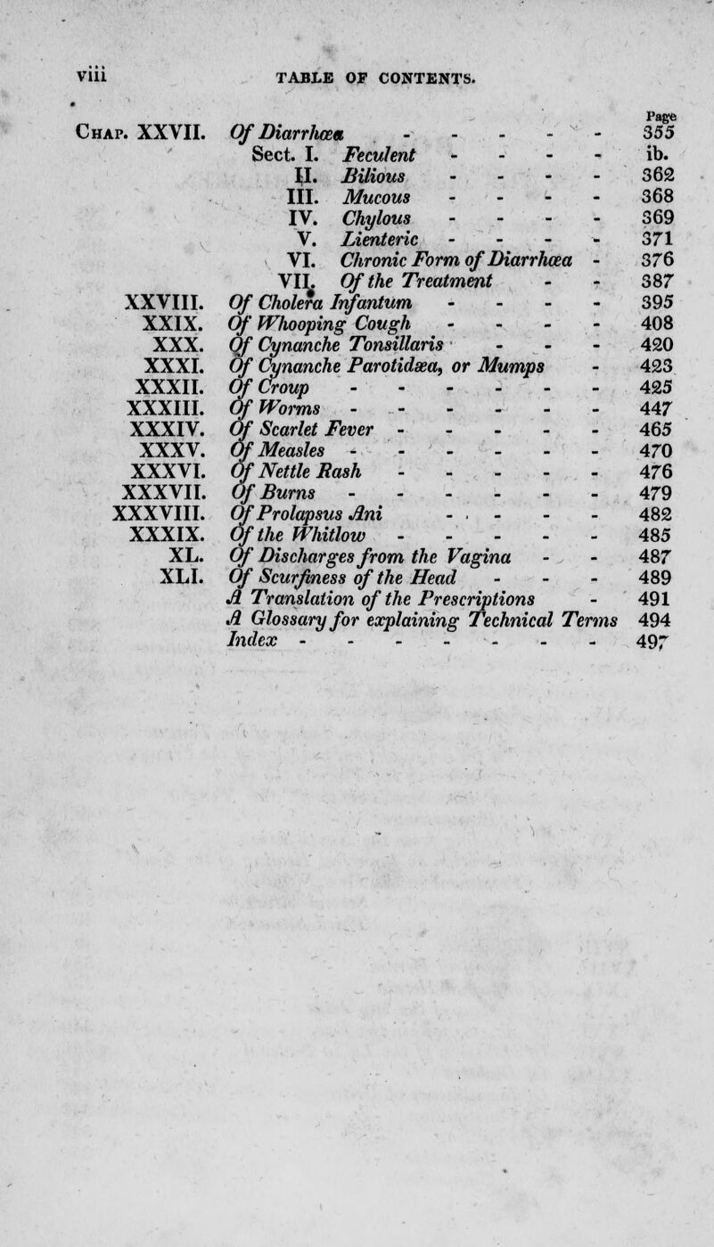 Page Chap. XXVII. Of Diarrlioea - - - - - 355 Sect. I. Feculent - - - - ib. II. Bilious ... - 362 III. Mucous - - 368 IV. Chylous .... 369 V. Lienteric - - - - 371 VI. Chronic Form of Diarrhoea - 376 VIL Of the Treatment - - 387 XXVIII. Of Cholera Infantum .... 395 XXIX. Of Whooping Cough .... 408 XXX. Of Cynanche Tonsillaris ... 420 XXXI. Of Cynanche Parotidaea^ or Mumps - 423 XXXII. Of Croup 425 XXXIII. Of Worms - -- - - - - 447 XXXIV. Of Scarlet Fever 465 XXXV. Of Measles - - - - - - 470 XXXVI. Of Nettle Fash - - - - - 476 XXXVII. Of Burns 479 XXXVIII. Of Prolapsus Ani ... - - 482 XXXIX. Of the Whitlow 485 XL. Of Discharges from the Vagina - - 487 XLI. Of Scurfiness of the Head ... 489 A Translation of the Prescriptions - 491 A Glossary for explaining Technical Terms 494 Index - - - - - - 497