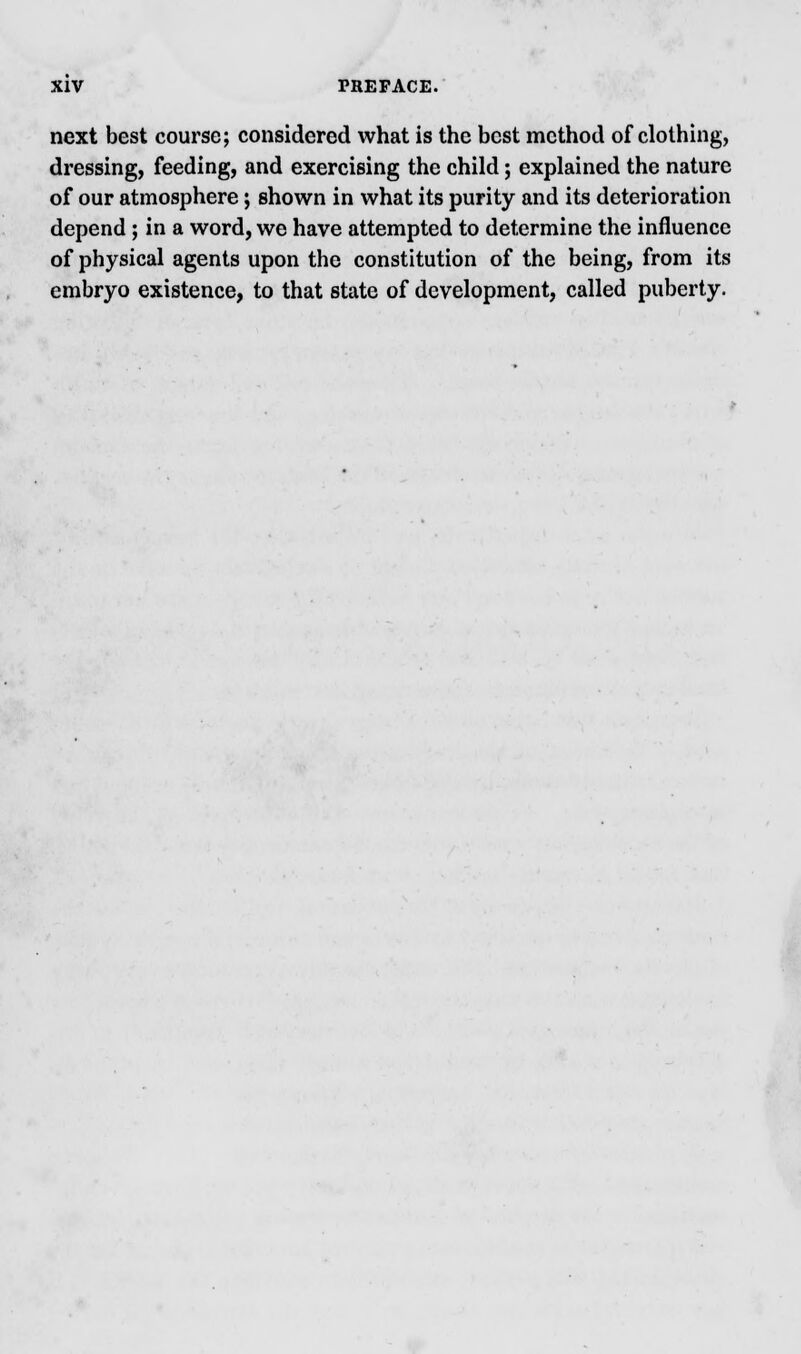 next best course; considered what is the best method of clothing, dressing, feeding, and exercising the child; explained the nature of our atmosphere j shown in what its purity and its deterioration depend ; in a word, we have attempted to determine the influence of physical agents upon the constitution of the being, from its embryo existence, to that state of development, called puberty.