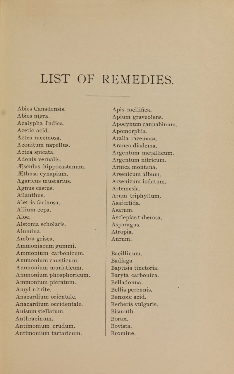 LIST OF REMEDIES. Abies Canadensis. Abies nigra. Acalypha Indica. Acetic acid. Actea racemosa. Aconitum napellus. Actea spicata. Adonis vernalis. ^sculus hippocastanum. ^thusa cynapium. Agaricus muscarius. Agnus castus. Ailanthus. Aletris farinosa. Allium cepa. Aloe. Alstonia scholaris. Alumina. Ambra grisea. Amnioniacum gummi. Ammonium carbonicum. Ammonium causticum. Ammonium muriaticum. Ammonium phosphoricum. Ammonium picratum. Amyl nitrite. Anacardium orientale. Anacardium occidentale. Anisum stellatum. Anthracinum. Antimonium crudum. Antimonium tartaricum. Apis mellifica. Apium graveolens. Apocynum cannabinum. Apomorphia. Aralia racemosa. Aranea diadema. Argentum metallicum.. Argentum nitricum. Arnica montana. Arsenicum album. Arsenicum iodatum. Artemesia. Arum iriphyllum. Asafoetida. Asa rum. Asclepias tuberosa. Asparagus. Atropia. Aurum. Bacillinum. Badiaga Baptisia tinctoria. Baryta carbonica. Belladonna. Bellis perennis. Benzoic acid. Berberis vulgaris. Bismuth. Borax. Bovista. Bromine.