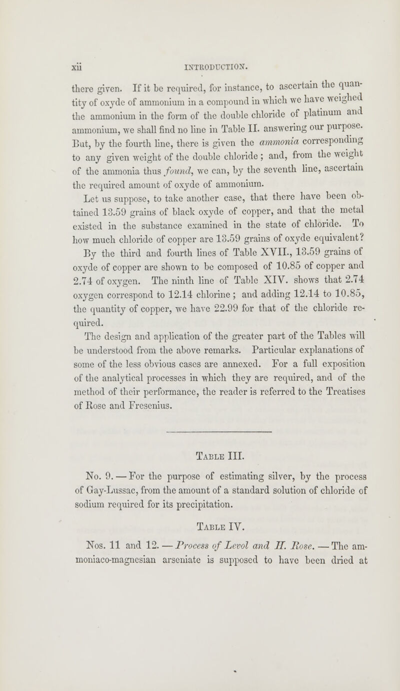 there given. If it be required, for instance, to ascertain the quan- tity of oxyde of ammonium in a compound in which we have weighed the ammonium in the form of the double chloride of platinum and ammonium, we shall find no line in Table II. answering our purpose. But, by the fourth line, there is given the ammonia corresponding to any given weight of the double chloride ; and, from the weight of the ammonia thus found, we can, by the seventh line, ascertain the required amount of oxyde of ammonium. Let us suppose, to take another case, that there have been ob- tained 13.59 grains of black oxyde of copper, and that the metal existed in the substance examined in the state of chloride. To how much chloride of copper are 13.59 grains of oxyde equivalent? By the third and fourth lines of Table XVII., 13.59 grains of oxyde of copper are shown to be composed of 10.85 of copper and 2.74 of oxygen. The ninth line of Table XIV. shows that 2.74 oxygen correspond to 12.14 chlorine ; and adding 12.14 to 10.85, the quantity of copper, we have 22.99 for that of the chloride re- quired. The design and application of the greater part of the Tables will be understood from the above remarks. Particular explanations of some of the less obvious cases are annexed. For a full exposition of the analytical processes in which they are required, and of the method of their performance, the reader is referred to the Treatises of Rose and Fresenius. Table III. No. 9. — For the purpose of estimating silver, by the process of Gay-Lussac, from the amount of a standard solution of chloride of sodium required for its precipitation. Table IV. Nos. 11 and 12. —Process of Levol and H. Rose. —The am- moniaco-magnesian arseniate is supposed to have been dried at