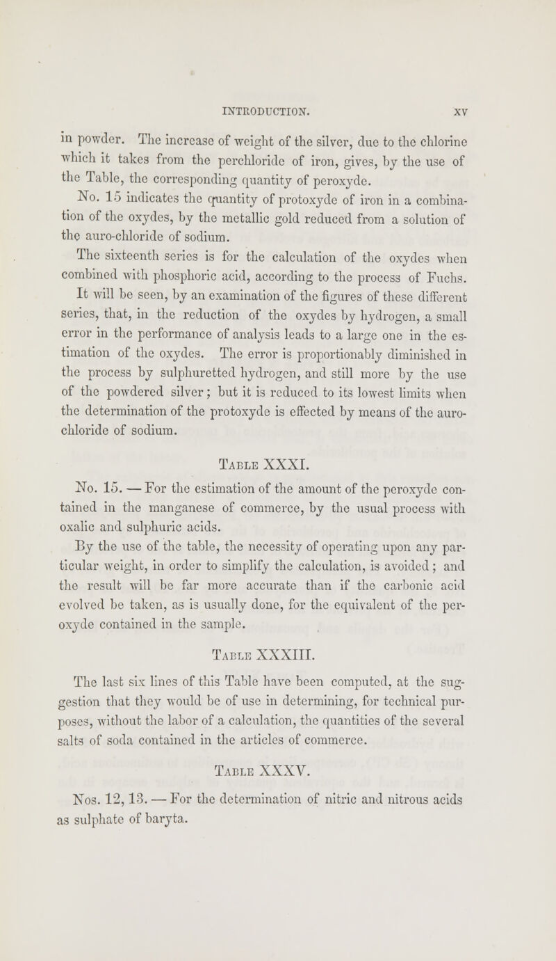 in powder. The increase of weight of the silver, due to the chlorine which it takes from the perchloride of iron, gives, bj the use of the Table, the corresponding quantity of peroxyde. No. 15 indicates the quantity of protoxyde of iron in a combina- tion of the oxydes, by the metallic gold reduced from a solution of the auro-chloride of sodium. The sixteenth series is for the calculation of the oxydes when combined with phosphoric acid, according to the process of Fuchs. It will be seen, by an examination of the figures of these different series, that, in the reduction of the oxydes by hydrogen, a small error in the performance of analysis leads to a large one in the es- timation of the oxydes. The error is proportionably diminished in the process by sulphuretted hydrogen, and still more by the use of the powdered silver; but it is reduced to its lowest limits when the determination of the protoxyde is effected by means of the auro- chloride of sodium. Table XXXI. No. 15. — For the estimation of the amount of the peroxyde con- tained in the manganese of commerce, by the usual process with oxalic and sulphuric acids. By the use of the table, the necessity of operating upon any par- ticular weight, in order to simplify the calculation, is avoided; and the result will be far more accurate than if the carbonic acid evolved be taken, as is usually done, for the equivalent of the per- oxyde contained in the sample. Table XXXIII. The last six lines of this Table have been computed, at the sug- gestion that they would be of use in determining, for technical pur- poses, without the labor of a calculation, the quantities of the several salts of soda contained in the articles of commerce. Table XXXV. Nos. 12,13. — For the determination of nitric and nitrous acids as sulphate of baryta.