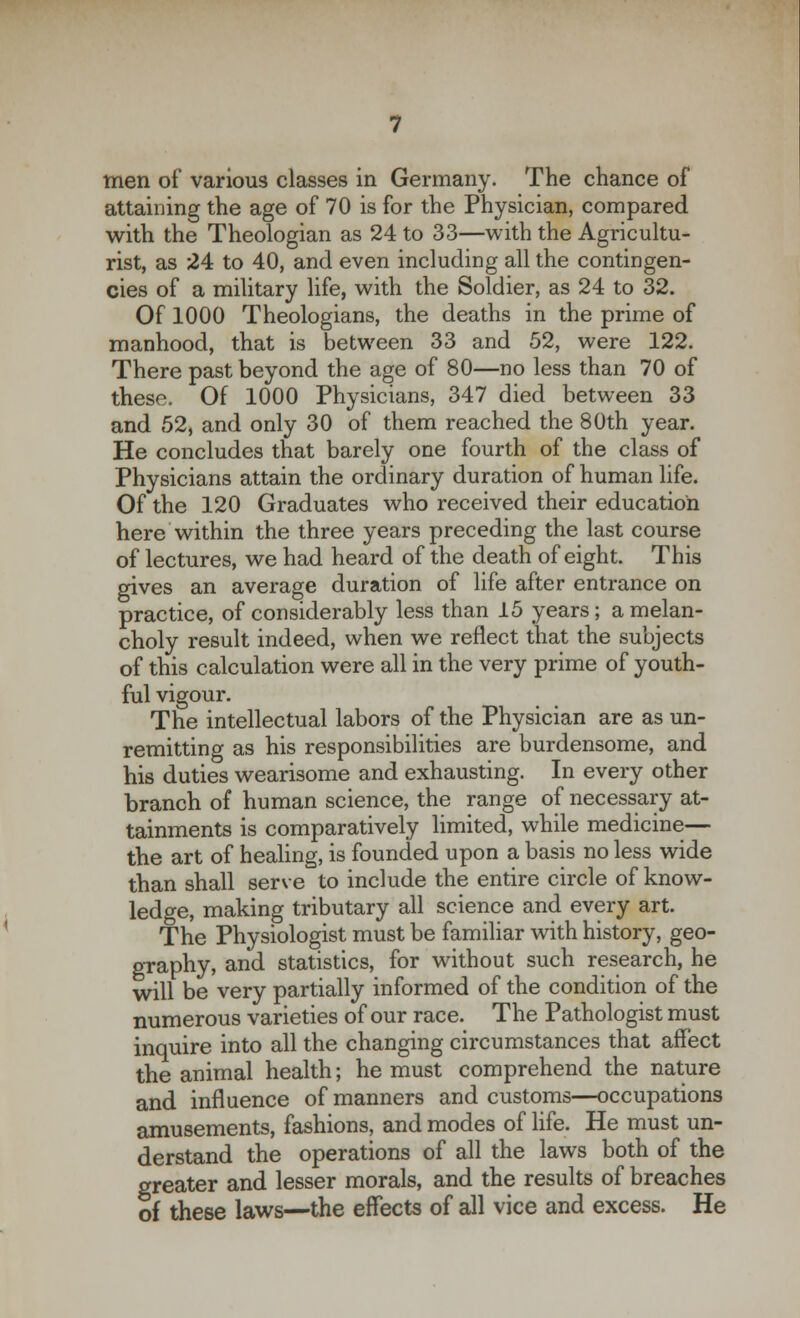 men of various classes in Germany. The chance of attaining the age of 70 is for the Physician, compared with the Theologian as 24 to 33—with the Agricultu- rist, as 24 to 40, and even including all the contingen- cies of a military life, with the Soldier, as 24 to 32. Of 1000 Theologians, the deaths in the prime of manhood, that is between 33 and 52, were 122. There past beyond the age of 80—no less than 70 of these. Of 1000 Physicians, 347 died between 33 and 52, and only 30 of them reached the 80th year. He concludes that barely one fourth of the class of Physicians attain the ordinary duration of human life. Of the 120 Graduates who received their education here within the three years preceding the last course of lectures, we had heard of the death of eight. This gives an average duration of life after entrance on practice, of considerably less than 15 years; a melan- choly result indeed, when we reflect that the subjects of this calculation were all in the very prime of youth- ful vigour. The intellectual labors of the Physician are as un- remitting as his responsibilities are burdensome, and his duties wearisome and exhausting. In every other branch of human science, the range of necessary at- tainments is comparatively limited, while medicine— the art of healing, is founded upon a basis no less wide than shall serve to include the entire circle of know- ledge, making tributary all science and every art. The Physiologist must be familiar with history, geo- graphy, and statistics, for without such research, he will be very partially informed of the condition of the numerous varieties of our race. The Pathologist must inquire into all the changing circumstances that affect the animal health; he must comprehend the nature and influence of manners and customs—occupations amusements, fashions, and modes of life. He must un- derstand the operations of all the laws both of the greater and lesser morals, and the results of breaches of these laws—the effects of all vice and excess. He