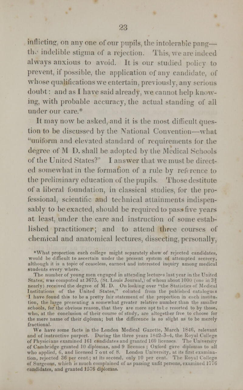 inflicting on any one of our pupils, the intolerable pang— the indelible stigma of a rejection. This, we are indeed always anxious to avoid. It is our studied policy to prevent, if possible, the application of any candidate, of whose qualifications we entertain, previously, any serious doubt: and as I have said already, we cannot help know- ing, with probable accuracy, the actual standing of all under our care.* It may now be asked, and it is the most difficult ques- tion to be discussed by the National Convention—what uniform and elevated standard of requirements for the degree of M D. shall be adopted by the Medical Schools of the United States? I answer that we must be direct- ed somewhat in the formation of a rule by reference to the preliminary education of the pupils. Those destitute of a liberal foundation, in classical studies, for the pro- fessional, scientific and technical attainments indispen- sably to be exacted, should be required to pass live years at least, under the care and instruction of some estab- lished practitioner; and to attend three courses of chemical and anatomical lectures, dissecting-, personally, *What proportion each college might separately show of rejected candidates, would be difficult to ascertain under the present system of attempted b< although it is a topic of ceaseless, earnest and interested inquiry among medical students every where. The number of young men encaged in attending lectures last year in the United Stales, was computed at .'ifiTf), (St. Louis Journal,) of whom about 10011 (one in 3| nearly) rcceiveil the degree of M. D. On looking over the Statistics of Medical Institutions of the United States.'' collated from the published catalogues I have found this to be a pretty fair statement of the proportion in < ch institu- tion, the large presenting a somewhat greater relative number than the smaller schools, for the obvious reason, that they are more apt to L c resorted to by those, who, at the conclusion of their course of study, are altogether free to choose for the mere name of their diploma; but the difference is so slight as to be merely fractional. We have some facts in the London Medical Gazette, March 184G, relevant and of instructive purport. During the three \eais 1842-3—4, the Royal College of Physicians examined 161 candidates and granted 160 licenses. The University of Cambridge granted 1 (I diplomas, and !t licenses; Oxford gave diplomas to all who applied, 6, and licensed 7 out of 8. London University, at its first examina- tion, rejected .'!(i pel cent.; at its second, only 10 per cent. The Royal > of Surgeons, which is much complained of as passing unfit persons, cxamimd 117t» candidates, and granted 1576 diplomas.