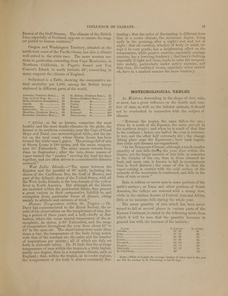 flnence of the Gulf Stream. The climate of the British Isles, especially of Scotland, appears to ensure the long- est period to human existence. Oregon and Washington Territory, situated on the north-west coast of the Pacific Ocean, has also a climate well suited to the white race. The more western sec- tions in particular, extending from Cape Mendocino, in Northern California, to Puget's Sound and Van Couvcr's Island, to north latitude 49°, resembling in many respects the climate of England. Subjoined is a Table, showing the comparative an- nual mortality per 1,000, among the British troops stationed in different parts of the world. Australia (Southern Hem.).... 14 Cape of Good Hope, do 15 Malta (Northern Hemisphere), 19 Canada do 20 Gibraltar, do 22 Ionian Isles, do 28 Mauritius, (Southern Hern.),.. 30 Bermudas (Northern Hem.),... 33 St. Helena, (Southern Horn.),. 35 Madras (Northern Hem.), 52 Bombay do 55 Ceylon, do 57 Bengal, do G3 Jamaica, do 143 Bahamas, do 200 Sierra Leone, do 483  Africa, so far as known, comprises the most healthy and the most deadly climates on the globe, the former at its southern extremity, near the Capeof Good Hope and Natal, (see meteorological table,) and the lat- ter on the west coast, where Sierra Leone has been termed the white man's grave. The average fall of rain at Sierra Leone is 180 inches, and the mean tempera- ture 81° Fahrenheit. The rainy season extends from June to September ; after the rain, dense masses of vapor termed the  smokes  envelop the land for days together, and are often driven to a considerable distance seaward. West India Islands.— The space between the Equator and the parallel of 38° north, including the shores of the Caribbean Sea, the Gulf of Mexico, and part of the Atlantic shore of the United States, with all the West India Islands, is the true domain of the yellow fever in North America. But although all the islands are included within the pestilential limits, they present a great variety in their comparative liability to, and exemption from, particular forms of disease, owing mainly to altitude and currents of wind. Human Temperature within the Tropics.—Dr. Davy has communciated to the Royal Society, the re- sults'of his observations on the temperature of man dur- ing a period of three years and a half, chiefly at Bar- badoes, where the mean annual temperature of the at- mosphere, he states, is 80° Fahrenheit, and the range of temperature throughout the year from about 10° to 18° in the open air. The observations were made three times a day, the temperature of the body being noted, with that of the external air, the pulse and the number of respirations per minute; all of which are duly set forth in elaborate tables. Dr. D. finds that the average temperature of man within tin; tropicsis a little higher, nearly one degree, than in a temperate climate, such as England ; that, within the tropics, as in cooler regions, the temperature of the body is almost constantly fluc- tuating ; that the order of fluctuating is different from that in a cooler climate, the minimum degree 1 early in the morning, after a night's rest, and not at night ; that all exertion, whether of body or mind, ex- cept it be very gentle, has a heightening effect on the temperature, while passive exercise, especially carriage exercise, has a lowering tendency ; that heavy clot! especially if tight and clo^e. tends to raise the tempera- ture unduly, particularly under active exercise, and that close, ill-ventilated rooms, especially when' crowd- ed, have in a marked maimer the same tendency. METEOROLOGICAL TABLES. As Moisture, descending in the shape of dew, rain, or snow, has a great influence on the health and com- fort of man, as well as the inferior animals, it should not be overlooked in connection with the subject of climate. •  Between the tropics the rains follow the sun ; when he is north of the Equator, the rains prevail in the northern tropic ; and when he is south of that line in the southern ; hence, one half of the year is extreme- ly wet, and the other half extremely dry ; the change taking place near the Equinoxes : here rank vegeta- tion exists and diseases are engendered. In the Temperate Climate, although a much smaller quantity of rain falls during the year, than within the tropics, yet the larger amount of rain falls in countries in the vicinity of the sea, than in those situated in- land, and more rain is known to fall in mountainous than in level districts ; the cause of this is, that the vapor coming in contact with the cold surface of the summits of the mountains is condensed, and falls in the form of rain or snow. Bain is seldom or never seen in some portions of the earth's surface ; at Lima and other portions of South America, the valleys are watered with a strong dew-, while in the rainless deserts of Central Asia and Africa, little or no moisture falls during the whole year. The mean quantity of rain which has been ascer- tained to fall at several places in various parts of the Eastern Continent, is stated in the following table, from which it will be seen that the quantity becomes in general less with the increase of the latitude : Tl.ACES. Calcutta, Rome, Paris, London Liverpool, Glasgow, , Edinburgh St. Petersburg,. X. Latitude. In. of Rain L'L> .,'.1 81. 41 ;.:; ..a. 48 i:i 21. ;>i 80 L'i. .v. . 34. :.:> 51' 21. 55 57 1,0 16. Note.—While in London the average number of rainy days in tin are 152, the average in St. Petersburg, La but an days.