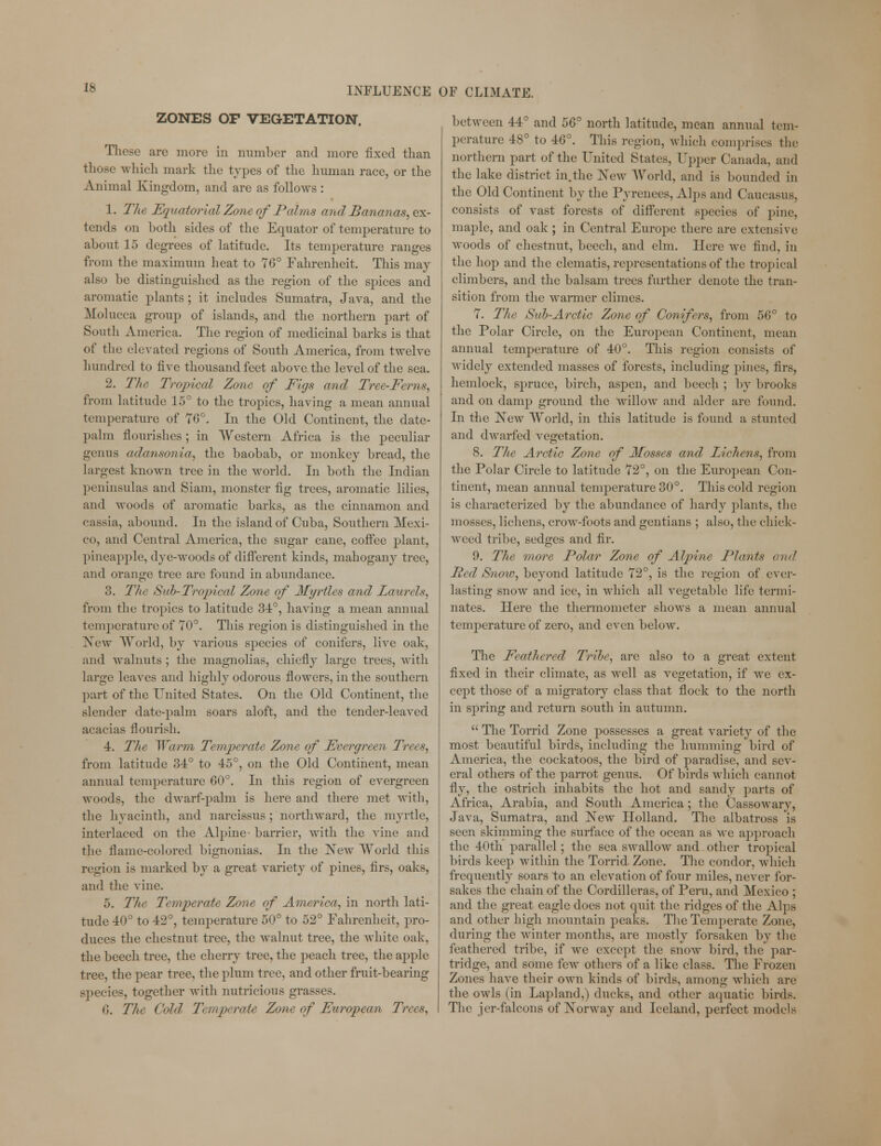 ZONES OF VEGETATION. These are more in number and more fixed than those which mark the types of the human race, or the Animal Kingdom, and are as follows : 1. The Equatorial Zone of Palms and, Bananas, ex- tends on both sides of the Equator of temperature to about 15 degrees of latitude. Its temperature ranges from the maximum heat to 76° Fahrenheit, This may also be distinguished as the region of the spices and aromatic plants; it includes Sumatra, Java, and the Molucca group of islands, and the northern part of South America. The region of medicinal barks is that of the elevated regions of South America, from twelve hundred to five thousand feet above the level of the sea. 2. The Tropical Zone of Figs and Tree-Ferns, from latitude 15° to the tropics, having a mean annual temperature of 76°. In the Old Continent, the date- palm flourishes; in Western Africa is the peculiar genus adansonia, the baobab, or monkey bread, the largest known tree in the world. In both the Indian peninsulas and Siam, monster fig trees, aromatic lilies, and woods of aromatic barks, as the cinnamon and cassia, abound. In the island of Cuba, Southern Mexi- co, and Central America, the sugar cane, coffee plant, pineapple, dye-woods of different kinds, mahogany tree, and orange tree are found in abundance. 3. The Sub-Tropical Zone of Myrtles and Laurels, from the tropics to latitude 34°, having a mean annual temperature of TO0. This region is distinguished in the New World, by various species of conifers, live oak, and walnuts ; the magnolias, chiefly large trees, with large leaves and highly odorous flowers, in the southern part of the United States. On the Old Continent, the slender date-palm soars aloft, and the tender-leaved acacias flourish. 4. The Warm Temperate Zone of Evergreen Trees, from latitude 34° to 45°, on the Old Continent, mean annual temperature 60°. In this region of evergreen woods, the dwarf-palm is here and there met with, the hyacinth, and narcissus; northward, the myrtle, interlaced on the Alpine- barrier, with the vine and the flame-colored bignonias. In the New World this region is marked by a great variety of pines, firs, oaks, and the vine. 5. The Temperate Zone of America, in north lati- tude 40° to 42°, temperature 50° to 52° Fahrenheit, pro- duces the chestnut tree, the walnut tree, the white oak, the beech tree, the cherry tree, the peach tree, the apple tree, the pear tree, the plum tree, and other fruit-bearing species, together with nutrieious grasses. G. The Cold Temperate Zone of European Trees, between 44° and 56° north latitude, mean annual tem- perature 48° to 46°. This region, which comprises the northern part of the United States, Upper Canada, and the lake district in.the New World, and is bounded in the Old Continent by the Pyrenees, Alps and Caucasus, consists of vast forests of different species of pine, maple, and oak ; in Central Europe there are extensive woods of chestnut, beech, and elm. Here we find, in the hop and the clematis, representations of the tropical climbers, and the balsam trees further denote the tran- sition from the warmer climes. 7. The Sub-Arctic Zone of Conifers, from 56° to the Polar Circle, on the European Continent, mean annual temperature of 40°. This region consists of widely extended masses of forests, including pines, firs, hemlock, spruce, birch, aspen, and beech ; by brooks and on damp ground the willow and alder arc found. In the New World, in this latitude is found a stunted and dwarfed vegetation. 8. The Arctic Zone of Mosses and Lichens, from the Polar Circle to latitude 72°, on the European Con- tinent, mean annual temperature 30°. This cold region is characterized by the abundance of hardy plants, the mosses, lichens, crow-foots and gentians ; also, the chick- weed tribe, sedges and fir. 9. The more Polar Zone of Alpine Plants and Red Snow, beyond latitude 72°, is the region of ever- lasting snow and ice, in which all vegetable life termi- nates. Here the thermometer shows a mean annual temperature of zero, and even below. The Feathered Tribe, are also to a great extent fixed in their climate, as well as vegetation, if we ex- cept those of a migratory class that flock to the north in spring and return south in autumn.  The Torrid Zone possesses a great variety of the most beautiful birds, including the humming bird of America, the cockatoos, the bird of paradise, and sev- eral others of the parrot genus. Of birds which cannot fly, the ostrich inhabits the hot and sandy parts of Africa, Arabia, and South America; the Cassowary, Java, Sumatra, and New Holland. The albatross is seen skimming the surface of the ocean as we approach the 40th parallel; the sea swallow and other tropical birds keep within the Torrid. Zone. The condor, which frequently soars to an elevation of four miles, never for- sakes the chain of the Cordilleras, of Peru, and Mexico ; and the great eagle does not quit the ridges of the Alps and other high mountain peaks. The Temperate Zone, during the winter months, are mostly forsaken by the feathered tribe, if we except the snow bird, the par- tridge, and some few others of a like class. The Frozen Zones have their own kinds of birds, among which are the owls (in Lapland,) ducks, and other aquatic birds. The jer-falcons of Norway and Iceland, perfect models