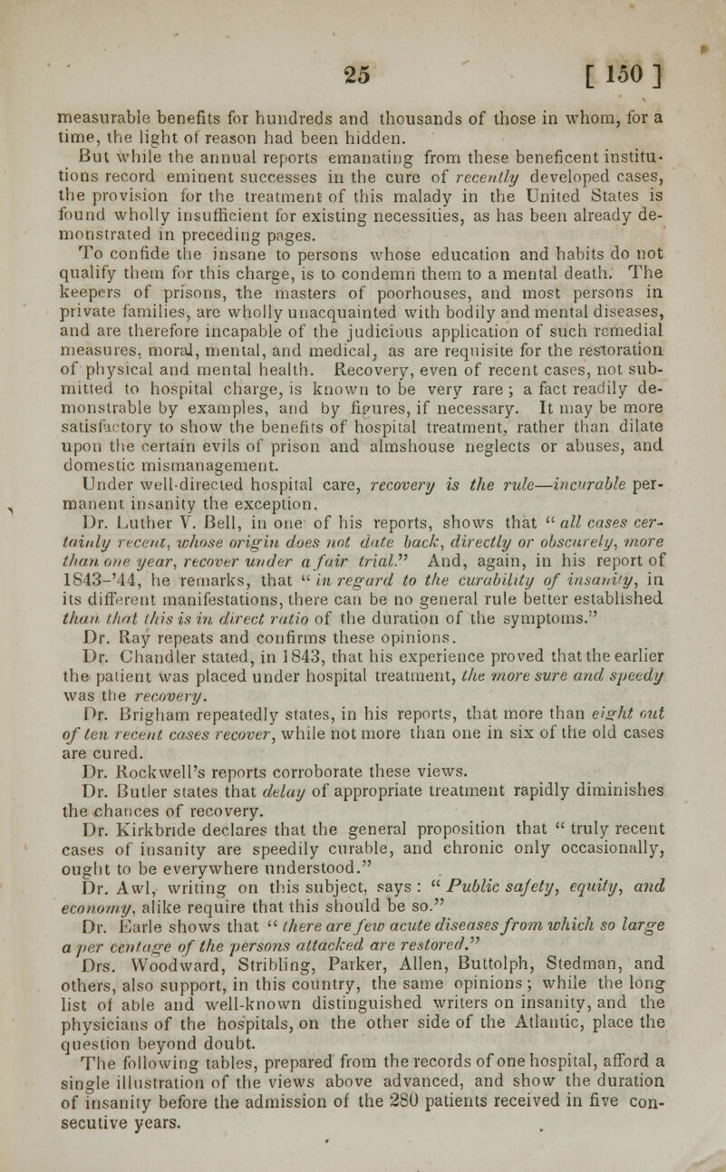 measurable benefits for hundreds and thousands of those in whom, for a time, the light of reason had been hidden. But while the annual reports emanating from these beneficent institu- tions record eminent successes in the cure of recently developed cases, the provision for the treatment of this malady in the United States is found wholly insufficient for existing necessities, as has been already de- monstrated in preceding pages. To confide the insane to persons whose education and habits do not qualify them for this charge, is to condemn them to a mental death. The keepers of prisons, the masters of poorhouses, and most persons in private families, are wholly unacquainted with bodily and mental diseases, and are therefore incapable of the judicious application of such remedial measures., moral, mental, and medical, as are requisite for the restoration, of physical and mental health. Recovery, even of recent cases, not sub- mitted to hospital charge, is known to be very rare ; a fact readily de- monstrable by examples, and by figures, if necessary. It may be more satisfactory to show the benefits of hospital treatment, rather than dilate upon the certain evils of prison and almshouse neglects or abuses, and domestic mismanagement. Under well-directed hospital care, recovery is the rule—incurable per- manent insanity the exception. Dr. Luther V. Bell, in one of his reports, shows that  all cases cer- tainly recent, whose origin does not date back, directly or obscurely, more than one year, recover under a fair trial?'' And, again, in his report of l843-'44, he remarks, that  in regard to the curability of insanity, in its different manifestations, there can be no general rule better established than that this is in direct ratio of the duration of the symptoms. Dr. Ray repeats and confirms these opinions. Dr. Chandler stated, in 1843, that his experience proved that the earlier the patient Was placed under hospital treatment, the 'more sure and speedy was the recovery. Dr. Brigham repeatedly states, in his reports, that more than eisht out of ten recent cases recover, while not more than one in six of the old cases are cured. Dr. Rockwell's reports corroborate these views. Dr. Butler states that delay of appropriate treatment rapidly diminishes the chances of recovery. Dr. Kirkbnde declares that the general proposition that  truly recent cases of insanity are speedily curable, and chronic only occasionally, ought to be everywhere understood. Dr. Awl, writing on this subject, says :  Public safety, equity, and economy, alike require that this should be so. Dr. Earle shows that  there are few acute diseases from which so large a per centage of the persons attacked are restored?'' Drs. Woodward, Stribling, Parker, Allen, Buttolph, Stedman, and others, also support, in this country, the same opinions; while the long list of able and well-known distinguished writers on insanity, and the physicians of the hospitals, on the other side of the Atlantic, place the question beyond doubt. The following tables, prepared from the records of one hospital, afford a single illustration of the views above advanced, and show the duration of insanity before the admission of the 280 patients received in five con- secutive years.