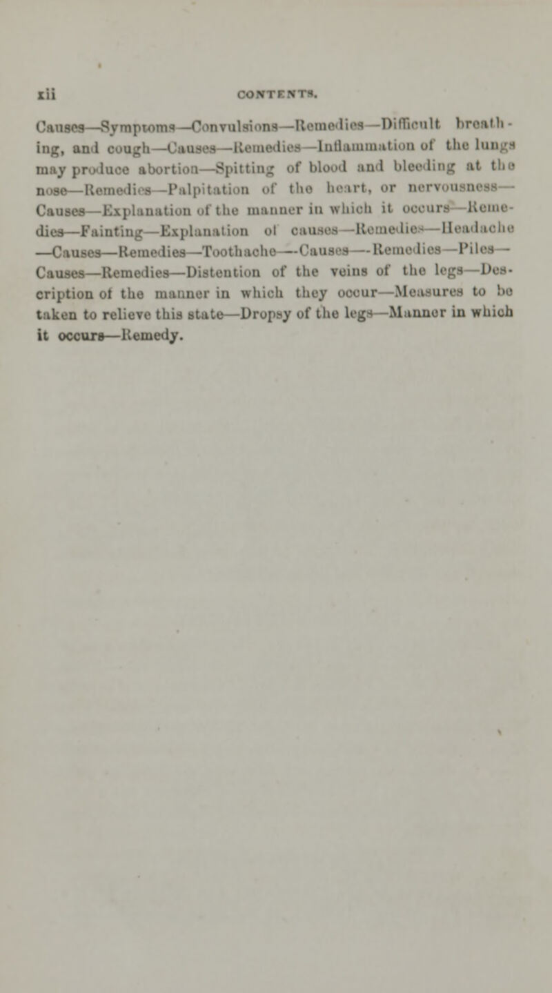 ,-ON II \ I I, Causes—Symptom*—OonTOleioai -Remediei -DiffienM breath inj;, an 1 OOOgfa CaOBM -Keme.lie.- liitlaiiiin.it oi the 1 I r. luce abortion -Spitting of Wood .ml bieedii the heart, or nen i a Causes—Explanation of the manner in whioh U ooouri Heme dies—Fainting—Explanation ol oao (die Beadaohe —Causes—Hem. i.iehe —Ci Causes—Remedies—Distention of the veins of the 1 cription ot the manner in irhioh they ooonr Measurea to be taken to relieve this stiiU—DroptJ of tho legs -Manner in which it occurs—Remedy.