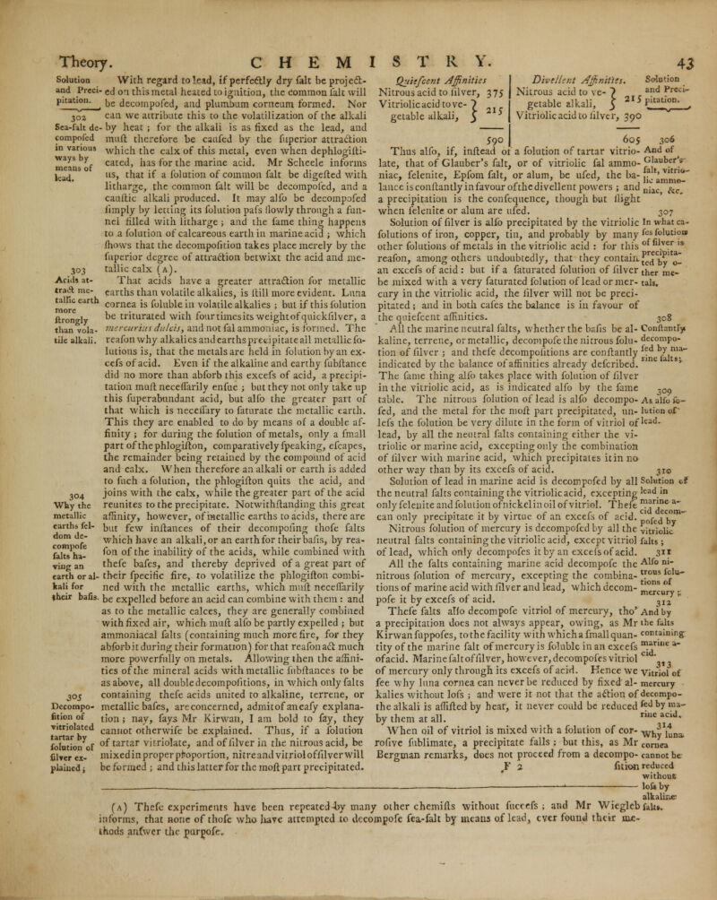 in various ways by means of lead. Solution With regard to lead, if perfectly dry fait be prqject- and Prcci- Ccj on this metal heated to ignition, the Common fait will pitation. ^ be decompofed, and plumbum corneum formed. Nor 302 can we attribute this to the volatilization of the alkali Sea-falt de- by heat ; for the alkali is as fixed as the lead, and compofed muft therefore be caufed by the fuperior attraction which the calx of this metal, even when dephlogifti- cated, has for the marine acid. Mr Scheele informs us, that if a folution of common fait be digefted with litharge, the common fait will be decompofed, and a cauftic alkali produced. It may alfo be decomposed limply by letting its folution pafs llowly through a fun- nei filled with litharge ; and the fame thing happens to a folution of calcareous earth in marine acid ; which ihovvs that the decompofition takes place merely by the fuperior degree of attradtion betwixt the acid and me- tallic calx (a). That acids have a greater attraction for metallic earths than volatile alkalies, is (till more evident. Luna talfic earth cornea [s f0luble in volatile alkalies ; but if this folution 303 Acids at tract me more ftrongly than vola tile alkali be triturated with fourtimesits weightofquickfilver, a mercuriui dulcis, and not fal ammoniac, is formed. The reafonwhy alkalies and earths precipitate all metallic fo- lutions is, that the metals are held in folution by an ex- cefs of acid. Even if the alkaline and earthy fubftance did no more than abforb this excefs of acid, a precipi- tation mull neceftarily enfue ; but they not only take up this fuperabundant acid, but alfo the greater part of that which is neceilary to faturate the metallic earth. This they are enabled to do by means of a double af- finity ; for during the folution of metals, only a fmall part of the phlogifton, comparatively fpeaking, efcapes, the remainder being retained by the compound of acid and calx. When therefore an alkali or earth is added to fnch a folution, the phlogifton quits the acid, and joins with the calx, while the greater part of the acid reunites to the precipitate. Notwithftanding this great affinity, however, of metallic earths to acids, there are but few inftances of their decompoling thofe falts which have an alkali, or an earth for their bafis, by rea- fon of the inability of the acids, while combined with thefe bafes, and thereby deprived of a great part of earth oral- their fpecific fire, to volatilize the phlogifton combi- kali for ned with the metallic earths, which muft neceffarily their bafis. be expelled before an acid can combine with them : and as to the metallic calces, they are generally combined with fixed air, which muft alfo be partly expelled ; but ammoniacal falts (containing much more fire, for they abforb it during their formation) for that reafonac~i much more powerfully on metals. Allowing then the affini- ties of the mineral acids with metallic fnbftances to be as above, all double decompositions, in which only falts containing thefe acids united to alkaline, terrene, or metallic bafes, areconcerned, admitof aneafy explana- tion ; nay, fays Mr Kirwan, I am bold to fay, they cannot otherwife be explained. Thus, if a folution folution^of °^tartar vitriolate, and of lilver in the nitrous acid, be filver ex- mixedinproperpfroportion, nitreandvitrioloffilverwill plained i be formed ; and this latter for the moft part precipitated. 304 Why the metallic earths fel- dom de- compofe falts ha- ving an 305 Decompo- fition of vitriolated Quit'Jcent Affinities Nitrous acid to lilver, 3 75 Vitriolic acid to ve- ) getable alkali, 5 590 DivtilcKt Affinities. Solution Nitrous acid to ve- 7 and PrccI getable alkali, C 2I*Ftat'°n- Vitriolic acid to lilver, 390 605 306 Thus alfo, if, inftead of a folution of tartar vitrio- And of late, that of Glauber's fait, or of vitriolic fal ammo- j?laub.er.s niac, felenite, Epfom fait, or alum, be ufed, the ba- ,a *' v,tn<>~ ' * * lie amnio— lanceisconftantlyinfavourofthedivellent powers ; and njac ^.c a precipitation is the confequence, though but flight when felenite or alum are ufed. 307 Solution of filver is alfo precipitated by the vitriolic In whatca- folutions of iron, copper, tin, and probably by many fes fdutiow other folutions of metals in the vitriolic acid : for this . er 1S reafon, among others undoubtedly, that they contain.*^ ^y 02 an excefs of acid : but if a Saturated folution of lilver tncr n:e_ be mixed with a very faturated folution of leadormer- tab. cury in the vitriolic acid, the lilver will not be preci- pitated ; and in both cafes the balance is in favour of the qniefcent affinities. 308 All the marine neutral falts, whether the bafis be al- Conftamly kaline, terrene, or metallic, decompofe the nitrous folu- decompo- tion of filver ; and thefe decompositions are conftantly /i1? indicated by the balance of affinities already defcribed. The fame thing alfo takes place with folution of lilver in the vitriolic acid, as is indicated alfo by the fame ^0g table. The nitrous folution of lead is alfo decompo- As alfo fo- fed, and the metal for the moft part precipitated, an- lution of lefs the folution be very dilute in the form of vitriol of 'ead- lead, by all the neutral falts containing either the vi- triolic or marine acid, excepting only the combination of lilver with marine acid, which precipitates itin no- other way than by its excefs of acid. 310 Solution of lead in marine acid is decompofed by all Solution »f the neutral falts containing the vitriolic acid, excepting lead in only felenite and folution ofnickclin oil of vitriol. Thefe mann^a- J , • • • 1 r r r • j cid decom- can only precipitate it by virtue of an excels of acid. pofed j,y Nitrous folution of mercury is decompofed by all the vitriolic neutral falts containing the vitriolic acid, except vitrio] falts; of lead, which only decompofes it by an excefs of acid. 3 All the falts containing marine acid decompofe the Au° ni nitrous folution of mercury, excepting the combina- tT0US ° tions of marine acid with lilver and lead, which decom- m^urv • pofe it by excefs of acid. 3IZ Thefe falts alio decompofe vitriol of mercury, tho'Andby a precipitation does not always appear, owing, as Mr the falts Kirwan fuppofes, tothefacility with which a fmall quan- containing tity of the marine fait of mercury is foluble in an excefs n?aniie a ofacid. Marine faltoffilver, however, decompofes vitriol * ' of mercury only through its excefs ofacid. Kence we vitriol of fee why luna cornea can never be reduced by fixed al- mercury kalies without lofs ; and were it not that the aftion of decompo- the alkali is affifted by hear, it never could be reduced fed bv m'd~ by them at all. rine acid. When oil of vitriol is mixed with a folution of cor- why^na. rofive fublimate, a precipitate falls ; but this, as Mr COrnea Bergman remarks, does not proceed from a decompo- cannot be ¥ 2 fition reduced without — —■ lo&by alkalirx- (a) Thefe experiments have been repeatedly many other chemifts without fuccefs ; and Mr Wieglebfalu. informs, that none of thofe who have attempted to decompofe fea-falt by means of lead, ever found their uue- ihods anfwer the purpofe..