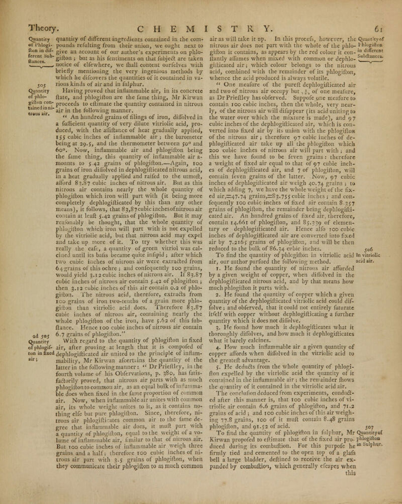 Quantity ot LJhlogi- fton in dif- ferent Sub- ftances. 505 Quantity of phlo- gifton con- tained in ni- trous air. id s<*5 Quantity of phlogif- ton in fixed quantity of different ingredients contained in the com- pounds rcfulting from their union, we ought next to give an account of our author's experiments on phlo- gifton ; but as his fentiments on that fubject are taken notice of elfewhere, we ihall content ourfelves with briefly mentioning the very ingenious methods by which he difcovcrs the quantities of it contained in va- rious kinds of air and in fulphur. Having proved that inflammable air, in its concrete flate, and phlogifton are the fame thing, Mr Kirvvan proceeds to cftimate the quantity contained in nitrous air in the following manner.  An hundred grains of filings of iron, diffolved in a fufficient quantity of very dilute vitriolic acid, pro- duced, with the aififtance of heat gradually applied, 155 cubic inches of inflammable air; the barometer being at 29.5, and the thermometer between 500 and 6o°. Now, inflammable air and phlogifton being the fame thing, this quantity of inflammable air a- mounts to 5.42 grains of phlogifton.—Again, 100 grains of iron dill'olved in dephlogifticated nitrous acid, in a heat gradually applied and raifed to the utmoft, afford 83.87 cubic inches of nitrous air. But as this nitrous air contains nearly the whole quantity of phlogifton which iron will part with (it being more completely dephlogifticated by this than any other means), it follows, that 8p,87cubicinchesofnitrousair contain at leaft 5.42 grains of phlogifton. But it may reafonably be thought, that the whole quantity of phlogifton which iron will part with is not expelled by the vitriolic acid, but that nitrous acid may expel and take up more of it. To try whether this was really the cafe, a quantity of green vitriol was cal- cined until its bafts became quite infipid ; after which two cubic inches of nitrous air were extracted from 64 grains of this ochre ; and confequently 100 grains, would yield 3.12 cubic inches of nitrous air. If 83.87 cubic inches of nitrous air contain 5.42 of phlogifton ; then 3.12 cubic inches of this air contain 0.2 of phlo- gifton. The nitrous acid, therefore, extracts from 100 grains of iron two-tenths of a grain more phlo- giiton than vitriolic acid does. Therefore 83.87 cubic inches of nitrous air, containing nearly the whole phlogifton of the iron, have 5.62 of this fub- ftance. Hence 100 cubic inches of nitrous air contain 6.7 grains of phlogifton. With regard to the quantity of phlogifton in fixed air, after proving at length that it is compofed of dephlogifticated air united to the principle of inflam- mability, Mr Kirwan afcertains the quantity of the latter in the following manner:  Dr Prieftley, in the fourth volume of his Obfervations, p. 380, has fatis- factorily proved, that nitrous air parts with as much phlogifton to common air, as an equal bulk of inflamma- ble does when fixed in the fame proportion of common air. Now, when inflammable air unites with common air, its whole weight unites to it, as it contains no- thing elfe but pure phlogifton. Since, therefore, ni- trous air phlogifticates common air to the fame de- gree that inflammable air does, it muft part with a quantity of phlogifton, equal to the weight of a vo- lume of inflammable air, fimilar to that of nitrous air. But too cubic inches of inflammable air weigh three grains and a half; therefore 100 cubic inches of ni- trous air part with 3.5 grains of phlogifton, when they communicate their phlogifton to as much common air as will take it up. In this procefs, however, the Quamityef nitrous air does not part with the whole of the phlo- I'hlogifton gifton it contains, as appears by the red colour it con- ,n d'ffcrent itantly affumes when mixed with common or dephlo- ^ *ccs; giiticated air; which colour belongs to the nitrous acid, combined with the remainder of its phlogifton, whence the acid produced is always volatile.  One meafure of the pureft dephlogifticated air and two of nitrous air occupy but T|-„ of one meafure, as Dr Prieftley has obferved. Suppofe one meafure to contain 100 cubic inches, then the whole, very near- ly, of the nitrous air will difappear (its acid uniting to the water over which the mixture is made), and 97 cubic inches of the dephlogifticated air, which is con- verted into fixed air by its union with the phlogifton of the nitrous air ; therefore 97 cubic inches of de- phlogifticated air take up all the phlogifton which 200 cubic inches of nitrous air will part with ; and this we have found to be feven grains : therefore a weight of fixed air equal to that of 97 cubic inch- es of dephlogifticated air, and 7 of phlogifton, will comain feven grains of the latter. Now, 97 cubic inches of dephlogifticated air weigh 40.74 grains ; to which adding 7, we have the whole weight of the fix- ed air,=47.74 grains,zz83.755 cubic inches; and con- fequently 100 cubic inches of fixed air contain 8-357 grains of phlogifton, the remainder being dephlogifti- cated air. An hundred grains of fixtd air. therefore, contain 14.661 of phlogifton, and 85.339 or elemen- tary or dephlogifticated air. Hence alfo 100 cubic inches of dephlogifticated air are converted into fixed air by 7.2165 grains of phlogifton, and will be then reduced to the bulk of 86.34 cubic inches. 506 To find the quantity of phlcgifton in vitriolic acid In vitriolic air, our author purfued the following method. acid air. i. He found the quantity of nitrous air afforded by a given weight of copper, when diffolved in the dephlogifticated nitrous acid, and by that means how much phlogifton it parts with. 2. He found the quantity of copper which a given quantity of the dephlogifticated vitriolic acid could dif- folve ; and obferved, that it could not entirely faturate itfelf with copper without dephlogifticating a further quantity which it does not diffolve. 3. He found how much it dephlogifticates what it thoroughly diffolves, and how much it dephlogifticates what it barely calcines. 4. How much inflammable air a given quantity of copper affords when diffolved in the vitriolic acid to the greateft advantage. 5. He deducts from the whole quantity of phlogi- fton expelled by the vitriolic acid the quantity of it contained in the inflammable air ; the remainder fhows the quantity of it contained in the vitriolic acid air. 7'he concUifion deduced from experiments, conduct- ed after this manner is, that 100 cubic inches of vi- triolic air contain 6.6 grains of phlogifton, and 71.2 grains of acid ; and 100 cubic inches of this air weigh- ing 77.8 grains, too of it muft contain 8.48 grains phlogifton, and 91.52 of acid. 507 To find the quantity of phlogifton in fulphur, Mr Quantityof Kirwan propofed to eftimate that of the fixed air pro- phlogifton duced during its combuftion. For this purpofe hein firmly tied and cemented to the open top of a glafs bell a large bladder, deftined to receive the air ex- panded by combuftion, which generally cfcapes when this Sulphur.