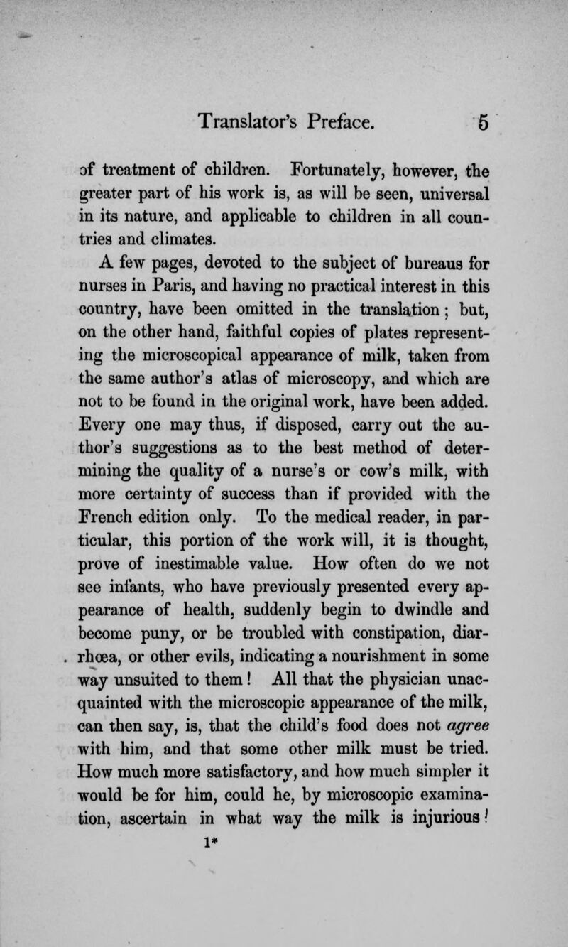 of treatment of children. Fortunately, however, the greater part of his work is, as will be seen, universal in its nature, and applicable to children in all coun- tries and climates. A few pages, devoted to the subject of bureaus for nurses in Paris, and having no practical interest in this country, have been omitted in the translation; but, on the other hand, faithful copies of plates represent- ing the microscopical appearance of milk, taken from the same author's atlas of microscopy, and which are not to be found in the original work, have been added. Every one may thus, if disposed, carry out the au- thor's suggestions as to the best method of deter- mining the quality of a nurse's or cow's milk, with more certainty of success than if provided with the French edition only. To the medical reader, in par- ticular, this portion of the work will, it is thought, prove of inestimable value. How often do we not see infants, who have previously presented every ap- pearance of health, suddenly begin to dwindle and become puny, or be troubled with constipation, diar- rhoea, or other evils, indicating a nourishment in some way unsuited to them! All that the physician unac- quainted with the microscopic appearance of the milk, can then say, is, that the child's food does not agree with him, and that some other milk must be tried. How much more satisfactory, and how much simpler it would be for him, could he, by microscopic examina- tion, ascertain in what way the milk is injurious! l*