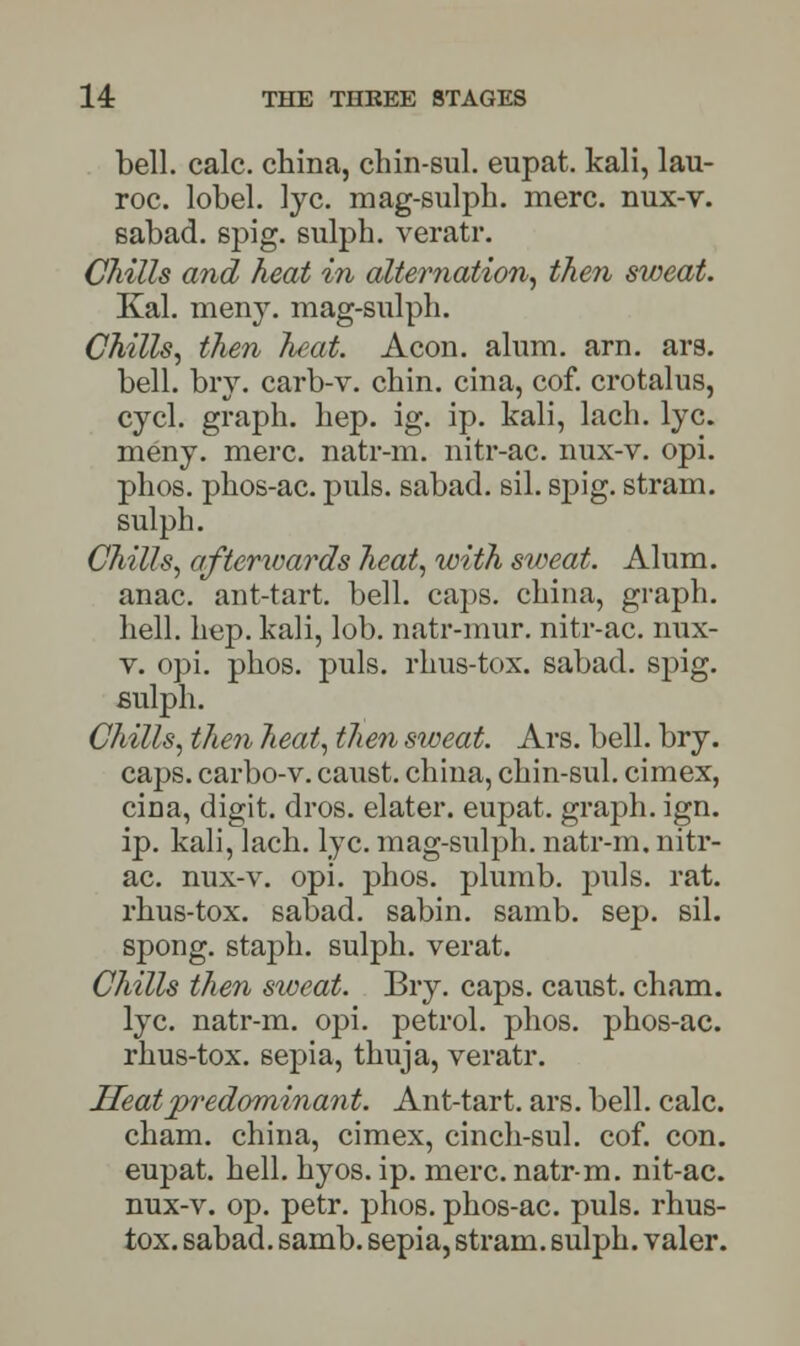 bell. calc. china, chin-sul. eupat. kali, lau- roc. lobel. lye. mag-sulph. mere, nux-v. sabad. spig. sulph. veratr. Chills and heat in alternation, then sweat. Kal. menj. mag-sulph. Chills, then heat. Aeon. alum. am. ars. bell. bry. carb-v. chin, cina, cof. crotalus, cycl. graph, hep. ig. ip. kali, lach. lye. meny. mere, natr-m. nitr-ac. nux-v. opi. phos. phos-ac. puis, sabad. sil. spig. stram. sulph. Chills, afterwards heat, with sweat. Alum, anac. ant-tart. bell. caps, china, graph, hell. hep. kali, lob. natr-mur. nitr-ac. nux- v. opi. phos. puis, rhus-tox. sabad. spig. sulph. Chills, then heat, then sweat. Ars. bell. bry. caps, carbo-v. caust. china, chin-sul. cimex, ciDa, digit, dros. elater. eupat. graph, ign. ip. kali, lach. lye. mag-sulph. natr-m. nitr- ac. nux-v. opi. phos. plumb, puis. rat. rhus-tox. sabad. sabin. samb. sep. sil. spong. staph, sulph. verat. Chills then sweat. Bry. caps, caust. cham. lye. natr-m. opi. petrol, phos. phos-ac. rhus-tox. sepia, thuja, veratr. Heat predominant. Ant-tart. ars. bell. calc. cham. china, cimex, cinch-sul. cof. con. eupat. hell. hyos. ip. mere, natr-m. nit-ac. nux-v. op. petr. phos. phos-ac. puis, rhus- tox. sabad. samb. sepia, stram. sulph. valer.