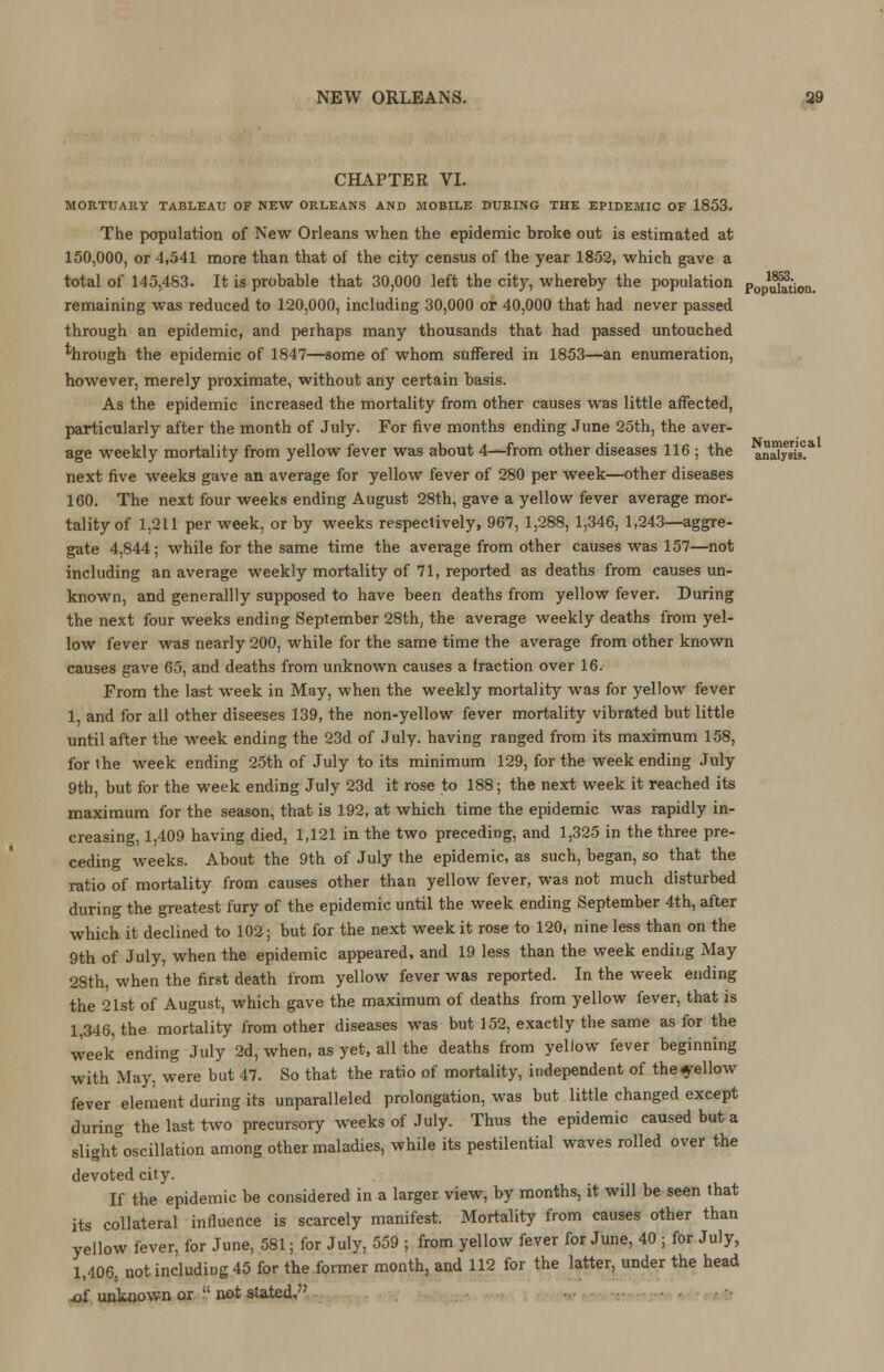 CHAPTER VI. MORTUARY TABLEAU OF NEW ORLEANS AND MOBILE DURING THE EPIDEMIC OF 1853. The population of New Orleans when the epidemic broke out is estimated at 150,000, or 4,541 more than that of the city census of the year 1852, which gave a total of 145,483. It is probable that 30,000 left the city, whereby the population Po*^i( remaining was reduced to 120,000, including 30,000 or 40,000 that had never passed through an epidemic, and perhaps many thousands that had passed untouched %rough the epidemic of 1847—some of whom suffered in 1853—an enumeration, however, merely proximate, without any certain basis. As the epidemic increased the mortality from other causes was little affected, particularly after the month of July. For five months ending June 25th, the aver- Population. age weekly mortality from yellow fever was about 4—from other diseases 116 ; the analyst* next five weeks gave an average for yellow fever of 280 per week—other diseases 160. The next four weeks ending August 28th, gave a yellow fever average mor- tality of 1,211 per week, or by weeks respectively, 967, 1,288, 1,346, 1,243—aggre- gate 4,844; while for the same time the average from other causes was 157—not including an average weekly mortality of 71, reported as deaths from causes un- known, and generallly supposed to have been deaths from yellow fever. During the next four weeks ending September 28th, the average weekly deaths from yel- low fever was nearly 200, while for the same time the average from other known causes gave 65, and deaths from unknown causes a fraction over 16. From the last week in May, when the weekly mortality was for yellow fever 1, and for all other diseeses 139, the non-yellow fever mortality vibrated but little until after the week ending the 23d of July, having ranged from its maximum 158, for the week ending 25th of July to its minimum 129, for the week ending July 9th, but for the week ending July 23d it rose to 188; the next week it reached its maximum for the season, that is 192, at which time the epidemic was rapidly in- creasing, 1,409 having died, 1,121 in the two preceding, and 1,325 in the three pre- ceding weeks. About the 9th of July the epidemic, as such, began, so that the ratio of mortality from causes other than yellow fever, was not much disturbed during the greatest fury of the epidemic until the week ending September 4th, after which it declined to 102; but for the next week it rose to 120, nine less than on the 9th of July, when the epidemic appeared, and 19 less than the week ending May 28th, when the first death from yellow fever was reported. In the week ending the 21st of August, which gave the maximum of deaths from yellow fever, that is 1,346, the mortality from other diseases was but 152, exactly the same as for the week ending July 2d, when, as yet, all the deaths from yellow fever beginning with May. were but 47. So that the ratio of mortality, independent of the yellow fever element during its unparalleled prolongation, was but little changed except during the last two precursory weeks of July. Thus the epidemic caused but a slight oscillation among other maladies, while its pestilential waves rolled over the devoted city. If the epidemic be considered in a larger view, by months, it will be seen that its collateral influence is scarcely manifest. Mortality from causes other than yellow fever, for June, 581; for July, 559 ; from yellow fever for June, 40 • for July, 1,406, not including 45 for the former month, and 112 for the latter, under the head .of unknown or not stated,