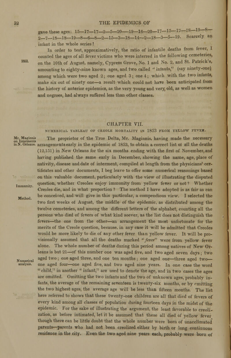 gave these ages: 15—17—17—2—5—20 19—16—20—17—15—17—18—19—8— 2—7—18—18—19—8—6—8—2—15—3—18—14—2—18—3—5—19. Scarcely an infant in the whole series ! In order to test, approximatively, the ratio of infantile deaths from fever, I counted the ages of all fever victims who were interred in the following cemeteries, 1853- on the 10th of August, namely, Cypress Grove, No. 1 and No. 2, and St. Patrick's, amounting to eighty-nine known ages, and two called '' infants, (say ninety-one) among which were two aged 2; one aged 3 ; one 4; which with the two infants, make six out of ninety one—a result which could not have been anticipated from the history of anterior epidemics, as the very young and very old, as well as women and negroes, had always suffered less than other classes. Immunity. Method. CHAPTER VII. NUMERICAL TABLEAU OF CREOLE MORTALITY IN 1853 FROM YELLOW FEVER. Mr. Maginnis The proprietor of the True Delta, Mr. Maginnis, having made the necessary inN. Orleans, arrangements early in the epidemic of 1853, to obtain a correct list of all the deaths (12,151) in New Orleans for the six months ending with the first of November, and having published the same early in December, showing the name, age, place of nativity, disease and date of interment, compiled at length from the physicians' cer- tificates and other documents, I beg leave to offer some numerical reasonings based on this valuable document, particularly with the view of illustrating the disputed question, whether Creoles enjoy immunity from yellow fever or not ? Whether Creoles die, and in what proportion ? The method I have adopted is as fair as can be conceived, and will give in this particular, a compendious view. I selected the two first weeks of August, the middle of the epidemic, as distributed among the twelve cemeteries, and among the different letters of the alphabet, counting all the persons who died of fevers of what kind soever, as the list does not distinguish the fevers—the one from the other—an arrangement the most unfortunate for the merits of the Creole question, because, in any case it will be admitted that Creoles would be more likely to die of any other fever than yellow fever. It will be pro- visionally assumed that all the deaths marked fever were from yellow fever alone. The whole number of deaths during this period among natives of New Or- leans is but 21—of this number one was aged five, and two aged seven days ; two aged two ; one aged three, and one ten months : one aged one—three aged two— one aged four—one aged five, and two aged nine years. In one case the word child/' in another infant, are used to denote the age, and in two cases the ages are omitted. Omitting the two infants and the two of unknown ages, probably in- fants, the average of the remaining seventeen is twenty-six months, or by omitting the two highest ages, the average age will be less than fifteen months. The list here referred to shows that these twenty-one children are all that died of fevers of every kind among all classes of population during fourteen days in the midst of the epidemic. For the sake of illustrating the argument, the least favorable to creoli- zation, as before intimated, let it be assumed that these all died of yellow fever though there can be little doubt that the whole number were born of unacclimated' parents—parents who had not been creolized either by birth or long continuous residence in the city. Even the two aged nine years each, probably were boru of Numerical analysis.