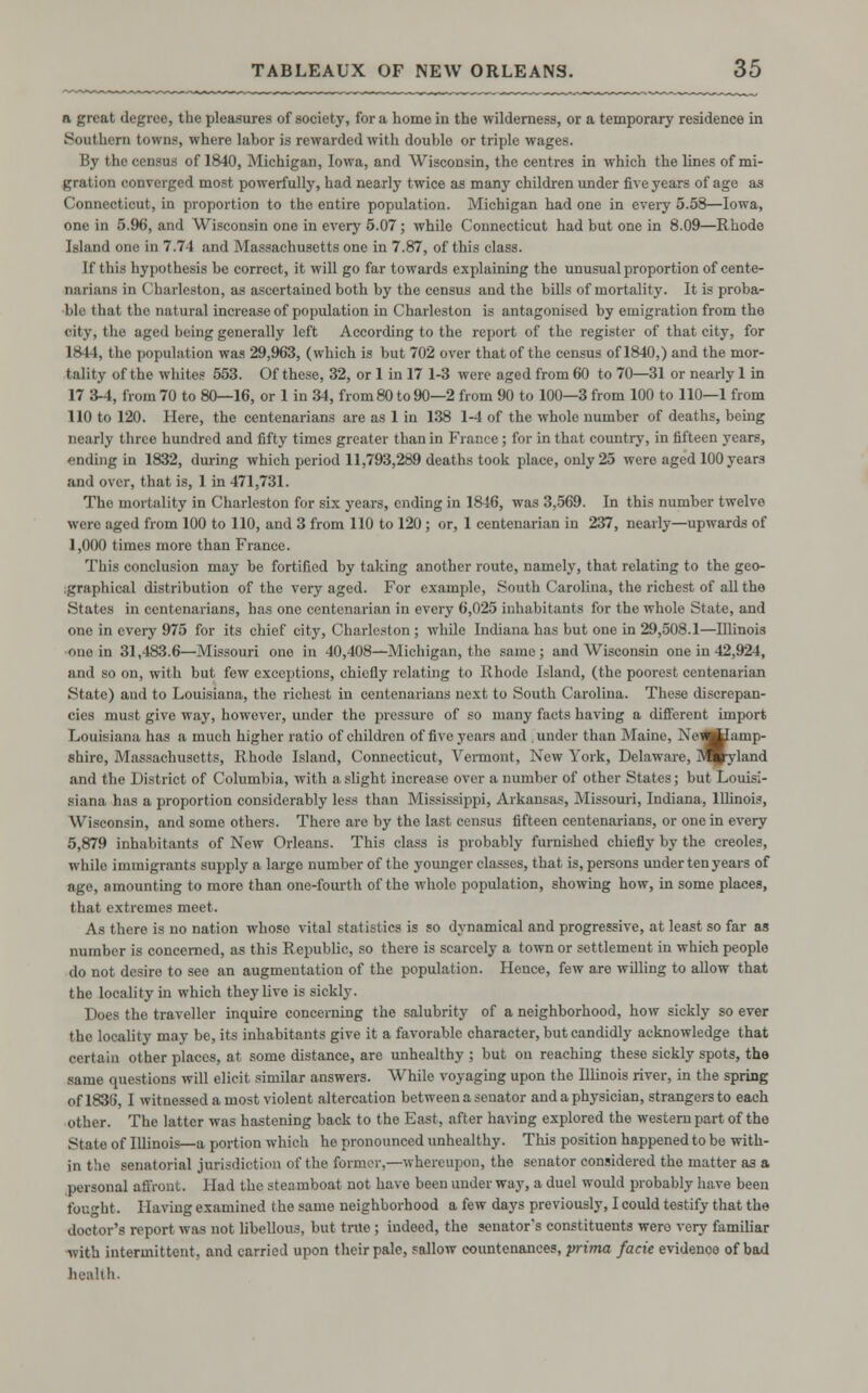 11 great degree, the pleasures of society, for a home in the wilderness, or a temporary residence in Southern towns, where labor is rewarded with doublo or triple wages. By the census of 1840, Michigan, Iowa, and Wisconsin, the centres in which the lines of mi- gration converged most powerfully, had nearly twice as many children under five years of age as Connecticut, in proportion to the entire population. Michigan had one in every 5.58—Iowa, one in 5.96, and Wisconsin one in every 5.07; while Connecticut had but one in 8.09—Rhode Island one in 7.74 and Massachusetts one in 7.87, of this class. If this hypothesis be correct, it will go far towards explaining the unusual proportion of cente- narians in Charleston, as ascertained both by the census and the bills of mortality. It is proba- ble that the natural increase of population in Charleston is antagonised by emigration from the city, the aged being generally left According to the report of the register of that city, for 1844, the population was 29,963, (which is but 702 over that of the census of 1840,) and the mor- tality of the whites 553. Of these, 32, or 1 in 17 1-3 were aged from 60 to 70—31 or nearly 1 in 17 3-4, from 70 to 80—16, or 1 in 34, from80 to 90—2 from 90 to 100—3 from 100 to 110—1 from 110 to 120. Here, the centenarians are as 1 in 138 1-4 of the whole number of deaths, being nearly three hundred and fifty times greater than in France; for in that country, in fifteen year?, ending in 1832, during which period 11,793,289 deaths took place, only 25 were aged 100 years and over, that is, 1 in 471,731. The mortality in Charleston for six years, ending in 1846, was 3,569. In this number twelve were aged from 100 to 110, and 3 from 110 to 120 ; or, 1 centenarian in 237, nearly—upwards of 1,000 times more than France. This conclusion may be fortified by taking another route, namely, that relating to the geo- graphical distribution of the very aged. For example, South Carolina, the richest of all tho States in centenarians, has one centenarian in every 6,025 inhabitants for the whole State, and one in every 975 for its chief city, Charleston; while Indiana has but one in 29,508.1—Illinois one in 31,483.6—Missouri one in 40,408—Michigan, the same; and Wisconsin one in 42,924, and so on, with but few exceptions, chiefly relating to Rhode Island, (the poorest centenarian State) and to Louisiana, the richest in centenarians next to South Carolina. These discrepan- cies must givo way, however, under the pressure of so many facts having a different import Louisiana has a much higher ratio of children of five years and . under than Maine, NctJjHamp- shire, Massachusetts, Rhode Island, Connecticut, Vermont, New York, Delaware, Mpyland and the District of Columbia, with a slight increase over a number of other States; but Louisi- siana has a proportion considerably less than Mississippi, Arkansas, Missouri, Indiana, Illinois, Wisconsin, and some others. There are by the last census fifteen centenarians, or one in every 5,879 inhabitants of New Orleans. This class is probably furnished chiefly by the Creoles, while immigrants supply a large number of the younger classes, that is, persons under ten years of age, amounting to more than one-fourth of the whole population, showing how, in some places, that extremes meet. As there is no nation whose vital statistics is so dynamical and progressive, at least so far as number is concerned, as this Republic, so there is scarcely a town or settlement in which people do not desire to see an augmentation of the population. Hence, few are willing to allow that the locality in which they live is sickly. Does the traveller inquire concerning the salubrity of a neighborhood, how sickly so ever tho locality may be, its inhabitants give it a favorable character, but candidly acknowledge that certain other places, at some distance, are unhealthy ; but on reaching these sickly spots, the same questions will elicit similar answers. While voyaging upon the Illinois river, in the spring of 1836, I witnessed a most violent altercation between a senator and a physician, strangers to each other. The latter was hastening back to the East, after having explored the western part of the State of Illinois—a portion which he pronounced unhealthy. This position happened to be with- in the senatorial jurisdiction of the former,—whereupon, the senator considered the matter as a personal affront. Had the steamboat not have been under way, a duel woidd probably have been fought. Having examined the same neighborhood a few days previously, I could testify that the doctor's report was not libellous, but true ; indeed, the senator's constituents wero very familiar with intermittent, and carried upon their pale, sallow countenances, prima facie evidence of bad health.