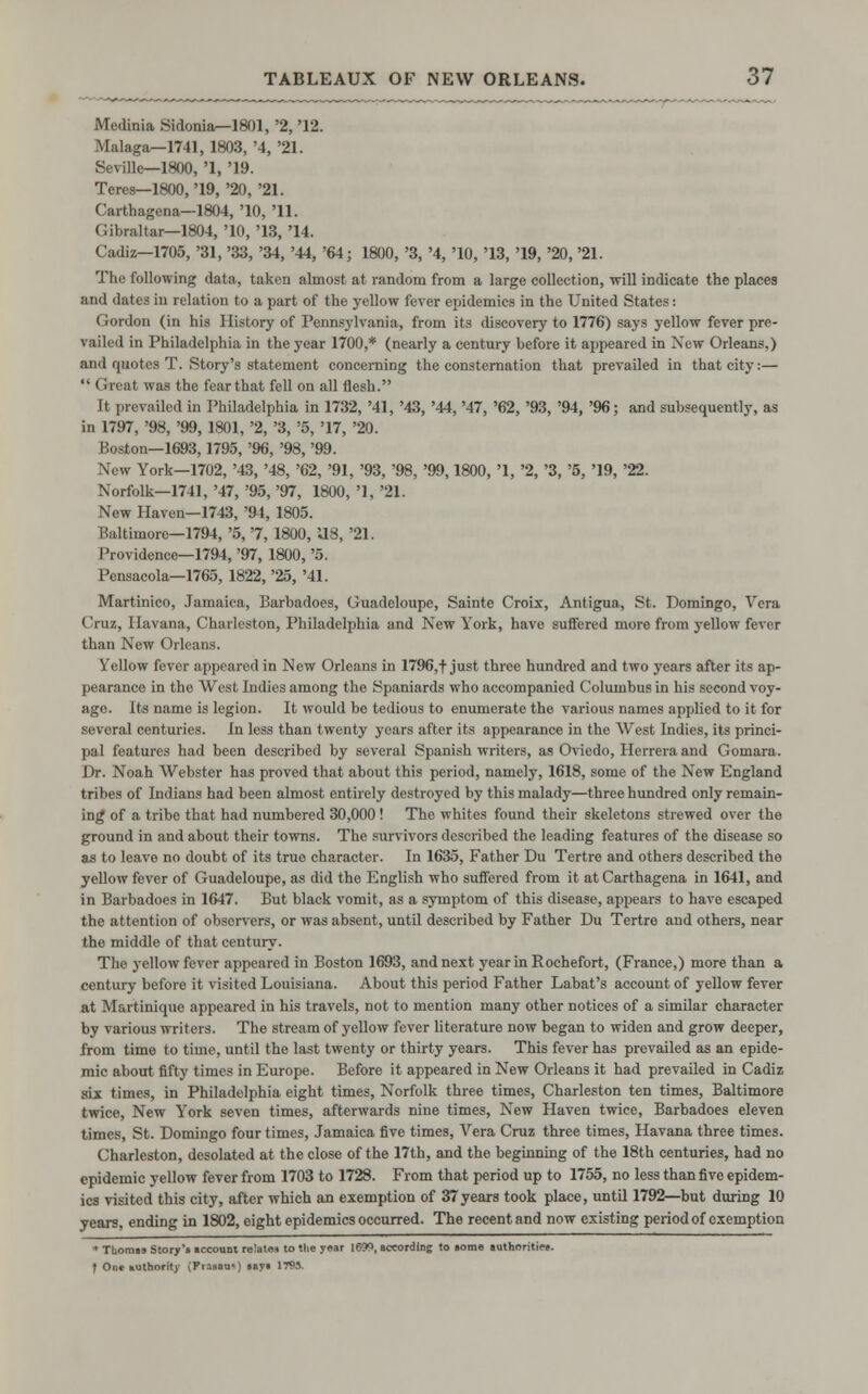 Medinia Sidonia—1801, '2, '12. Malaga—1741, 1803, '4, '21. Seville—1800, 1, '19. Teres—1800, '19, '20, '21. Carthagena—1804, '10, '11. Gibraltar—1804, '10, '13, '14. Cadiz—1705, '31, '33, '34, '44, '64; 1800, '3, '4, '10, '13, '19, '20, '21. The following data, taken almost at random from a large collection, will indicate the places and dates in relation to a part of the yellow fever epidemics in the United States: (Icirdon (in his History of Pennsylvania, from its discovery to 1776) says yellow fever pre- vailed in Philadelphia in the year 1700,* (nearly a century before it appeared in New Orleans.) and quotes T. Story's statement concerning the consternation that prevailed in that city:—  < freat was the fear that fell on all flesh. It prevailed in Philadelphia in 1732, '41, '43, '44, '47, '62, '93, '94, '96; and subsequently, as in 1797, '98, '99, 1801, '2, '3, '5, '17, '20. Boston—1693,1795, '96, '98, '99. New York—1702, '43, '48, '62, '91, '93, '98, '99,1800, '1, '2, '3, '5, '19, '22. Norfolk—1741, '47, '95, '97, 1800, '1, '21. New Haven—1743, '94, 1805. Baltimore—1794, '5, '7, 1800, il8, '21. Providence—1794, '97, 1800, '5. Pensacola—1765, 1822, '25, '41. Martinico, Jamaica, Barbadoes, Guadeloupe, Sainte Croix, Antigua, St. Domingo, Vera ( in/., Havana, Charleston, Philadelphia and New York, have suffered more from yellow fever than New Orleans. Yellow fever appeared in New Orleans in 1796,f just three hundred and two years after its ap- pearance in the West Indies among the Spaniards who accompanied Columbus in his second voy- age. Its name is legion. It would be tedious to enumerate the various names applied to it for several centuries. In less than twenty years after its appearance in the West Indies, its princi- pal features had been described by several Spanish writers, as Oviedo, Herrera and Gomara. Dr. Noah Webster has proved that about this period, namely, 1618, some of the New England tribes of Indians had been almost entirely destroyed by this malady—three hundred only remain- ing of a tribe that had numbered 30,000! The whites found their skeletons strewed over the ground in and about their towns. The survivors described the leading features of the disease so as to leave no doubt of its true character. In 1635, Father Du Tertre and others described the yellow fever of Guadeloupe, as did the English who suffered from it at Carthagena in 1641, and in Barbadoes in 1647. But black vomit, as a symptom of this disease, appears to have escaped the attention of observers, or was absent, until described by Father Du Tertre and others, near the middle of that century. The yellow fever appeared in Boston 1693, and next year in Rochefort, (France,) more than a century before it visited Louisiana. About this period Father Labat's account of yellow fever at Martinique appeared in his travels, not to mention many other notices of a similar character by various writers. The stream of yellow fever literature now began to widen and grow deeper, from time to time, until the last twenty or thirty years. This fever has prevailed as an epide- mic about fifty times in Europe. Before it appeared in New Orleans it had prevailed in Cadiz six times, in Philadelphia eight times, Norfolk three times, Charleston ten times, Baltimore twice, New York seven times, afterwards nine times, New Haven twice, Barbadoes eleven times, St. Domingo four times, Jamaica five times, Vera Cruz three times, Havana three times. Charleston, desolated at the close of the 17th, and the beginning of the 18th centuries, had no epidemic yellow fever from 1703 to 1728. From that period up to 1755, no less than five epidem- ics visited this city, after which an exemption of 37years took place, until 1792—but during 10 years, ending in 1802, eight epidemics occurred. The recent and now existing period of exemption * Thomas Story's account relates to the year 169°, according to some authorities. t One authority (Praaatu) says 1793.