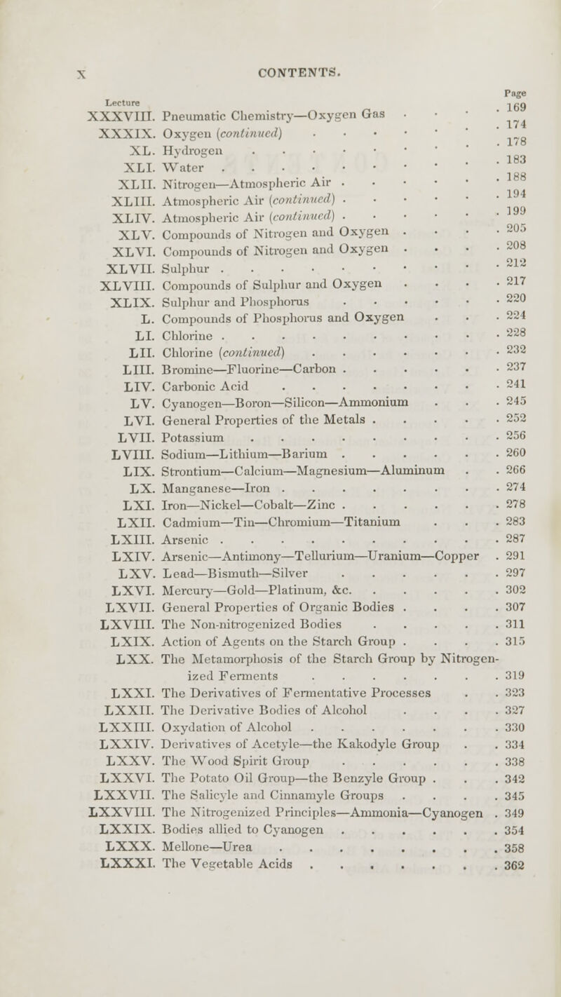 Lecture XXXVIII. Pneumatic Chemistry— Oxygen Gas XXXIX. Oxygen (continued) XL. Hydrogen XLI. Water .... XL II. Nitrogen—Atmospheric Air XLIII. Atmospheric Air [continued) XLIV. Atmospheric Air [continued) XLV. Compounds of Nitrogen and Oxygen . XLVI. Compounds of Nitrogen and Oxygen . XL VII. Sulphur XLVIII. Compounds of Sulphur and Oxygen XLIX. Sulphur and Phosphorus L. Compounds of Phosphorus and Oxygen LI. Chlorine LII. Chlorine (continued) .... LIII. Bromine—Fluorine—Carbon . LIV. Carbonic Acid LV. Cyanogen—Boron—Silicon—Ammonium LVI. General Properties of the Metals . LVII. Potassium LVIII. Sodium—Lithium—Barium . LIX. Strontium—Calcium—Magnesium—Aluminum LX. Manganese—Iron LXI. Iron—Nickel—Cobalt—Zinc . LXII. Cadmium—Tin—Chromium—Titanium LXIII. Arsenic LXIV. Arsenic—Antimony—Tellurium—Uranium- LXV. Lead—Bismuth—Silver LXVI. Mercury—Gold—Platinum, &c. LXVII. General Properties of Organic Bodies . LXVIII. The Non-nitrogenized Bodies LXIX. Action of Agents on the Starch Group . LXX. The Metamorphosis of the Starch Group by ized Ferments .... LXXI. The Derivatives of Fermentative Processes LXXII. The Derivative Bodies of Alcohol LXXni. Oxydation of Alcohol .... LXXIV. Derivatives of Acetyle—the Kakodyle Group LXXV. The Wood Spirit Group LXXVI. The Potato Oil Group—the Benzyle Group LXXVII. The Salicyle and Cinnamyle Groups LXXVIII. The Nitrogenized Principles—Ammonia- LXXIX. Bodies allied to Cyanogen LXXX. Mellone—Urea LXXXI. The Vegetable Acids .... -Cy Copper Nitrosren-
