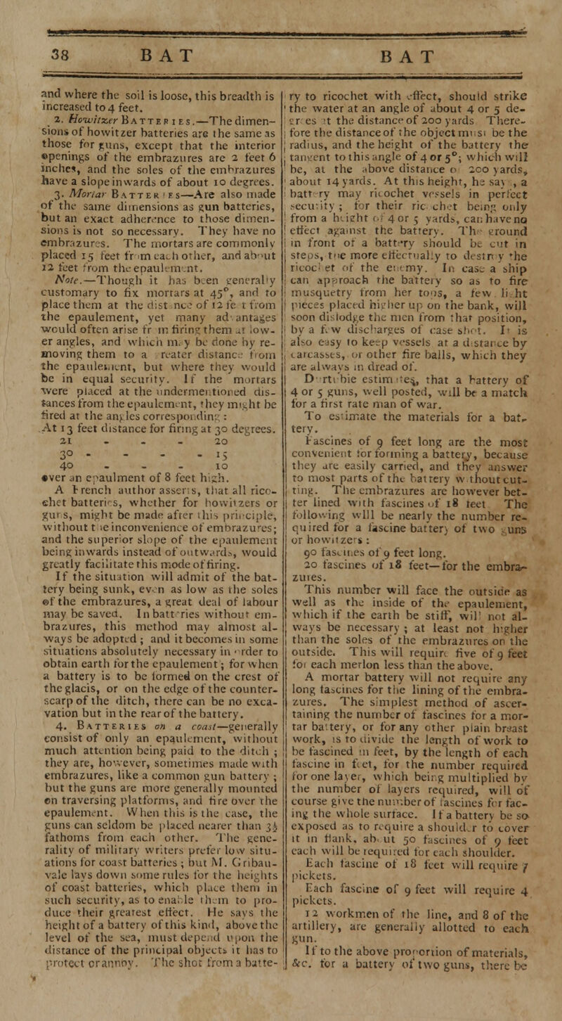 and where the soil is loose, this breadth is increased to 4 feet. 2. Hoivitxer Batter i es.—Thedimen- sions of howitzer batteries arc ihe same as those for puns, except that the interior ©penings of the embrasures are 2 feet 6 inches, and the soles of the embrazures have a slope inwards of about 10 degrees. 3. Moriar Batter fs—Are also made of the same dimensions as gun batteries, but an exact adherence to those dimen- sions is not so necessary. They have no embrazures. The mortars are commonly placed 15 feet fmm each other, andab»ut 12 feet from the epaulement. Note.—Though it has been generally customary to fix mortars at 450, and to place them at the dist nee of 12 fe r from the epaulement, yet many ad vantages would often arise fr m tiring them at low. er angles, and which m.-y be done by re- moving them to a reater distance from the epaulement, but where they would be in equal security. 11 the mortars were placed at the undermentioned dis- tances from the epaulement, they might be fired at the angles corresponding : At 13 feet distance for firing at 30 degrees. 21 ... 20 30 . . . .15 40 10 •ver an e^aulment of 8 feet high. A trench author asserts, that all rico- chet batteries, whether for howitzers or gurs, might be made after this principle, without t ie inconvenience of emnrazures; and the superior slope of the epaulement being inwards instead of outward.-., would greatly facilitate this mode of firing. If the situation will admit of the bat- tery being sunk, even as low as the soles ©f the embrazures, a great deal of labour may be saved. Inbatfries without em- brazures, this method may almost al- ways be adopted ; and it becomes in some situations absolutely necessary in • rder to obtain earth for the epaulement; for when a battery is to be lormed on the crest of the glacis, or on the edge of the counter- scarp of the ditch, there can be no exca- vation but in the rear of the battery. 4. Batteries on a coast—generally consist of only an epaulement, without much attention being paid to the ditch ; they are, however, sometimes made with embrazures, like a common gun battery j but the guns are more generally mounted en traversing platforms, and fire over the epaulement. When this is the ease, the guns can seldom be placed nearer than 3i fathoms from each other. The gene- rality of military writers prefer low situ- ations for coast batteries ; but M. Gribau- valc lays down some rules for the heights of coast batteries, which place them in such security, as to enable them to pro- duce their greatest effect. He says the height of a battery of this kind, above the level of the sea, must depend upon the distance of the principal objects it has to protect or annoy. The shot from a batte- ry to ricochet with effect, should strike i the water at an angle of about 4 or 5 de- j er- es tt the distance of 200 yards There- ! fore the distanceof the object mnsi be the ; radius, and the height of the battery the : tangent to this angle of 4 or 5°; which will ' be, at the above distance o 200 yards, ; about 14 yards. At this height, hi sa\ ,a I battery may ricochet vessels in perfect 1 security ; for their ricochet bein;; only ! from a height of 4 or 5 yards, can have no ! effect against the battery. The eround i in front of a battery should bt cut in I steps, fie more eftecrtialiy to destr y 'he I ricoci et of the enemy. In case a ship j can approach the battery so as to fire i musquetry from her tops, a few li lit I pieces placed higher tip on the bank, will soon dislodge the men from thar position, I by a few discharges of case shot. It is ; also easy to keep vessels at a distance by I catcassts, or other fire balls, which they are always in dread of. D rti'bie estimites,, that a battery of 4 or 5 guns, well posted, will be a match lor a first rate man of war. To estimate the materials for a bat. tery. fascines of 9 feet long are the most convenient for forming a battery, because they are easily carried, and they answer to most parts of the battery w thout cut- ting. The embrazures arc however bet- ter lined with fascines of 18 teet The following will be nearly the number re- quired for a fascine batter) of two . uns or howitzers: 90 fascines of 9 feet long. 20 fascines of 18 feet—for the embra- zuies. This number will face the outside as well as the inside of the epaulement, which if the earth be stiff, will not al- ways be necessary ; at least not higher 1 than the soles of the embrazures op the outside. This will requin five of 9 feet foi each merlon less than the above. A mortar battery will not require any long tascines for the lining of the embra- zures. The simplest method of ascer- taining the number of fascines for a mor- tar ba'.teiy, or for any other plain brsast work, is to divide the length of work to be fascined in feet, by the length of each fascine in feet, for the number requited foronelajer, which being multiplied bv the number of layers required, will of course give the number of fascines for fac- ing the whole surtace. I fa battery be so exposed as to require a should.r to cover it in flank, ab. ut 50 fascines of 9 feet each will be tequired for each shoulder. Each fascine of 18 feet will require f pickets. Each fascine of 9 feet will require 4 pickets. 12 workmen of the line, and 8 of the artillery, are generally allotted to each gun. If to the above proportion of materials, j &c. tor a battery of two guns, there be