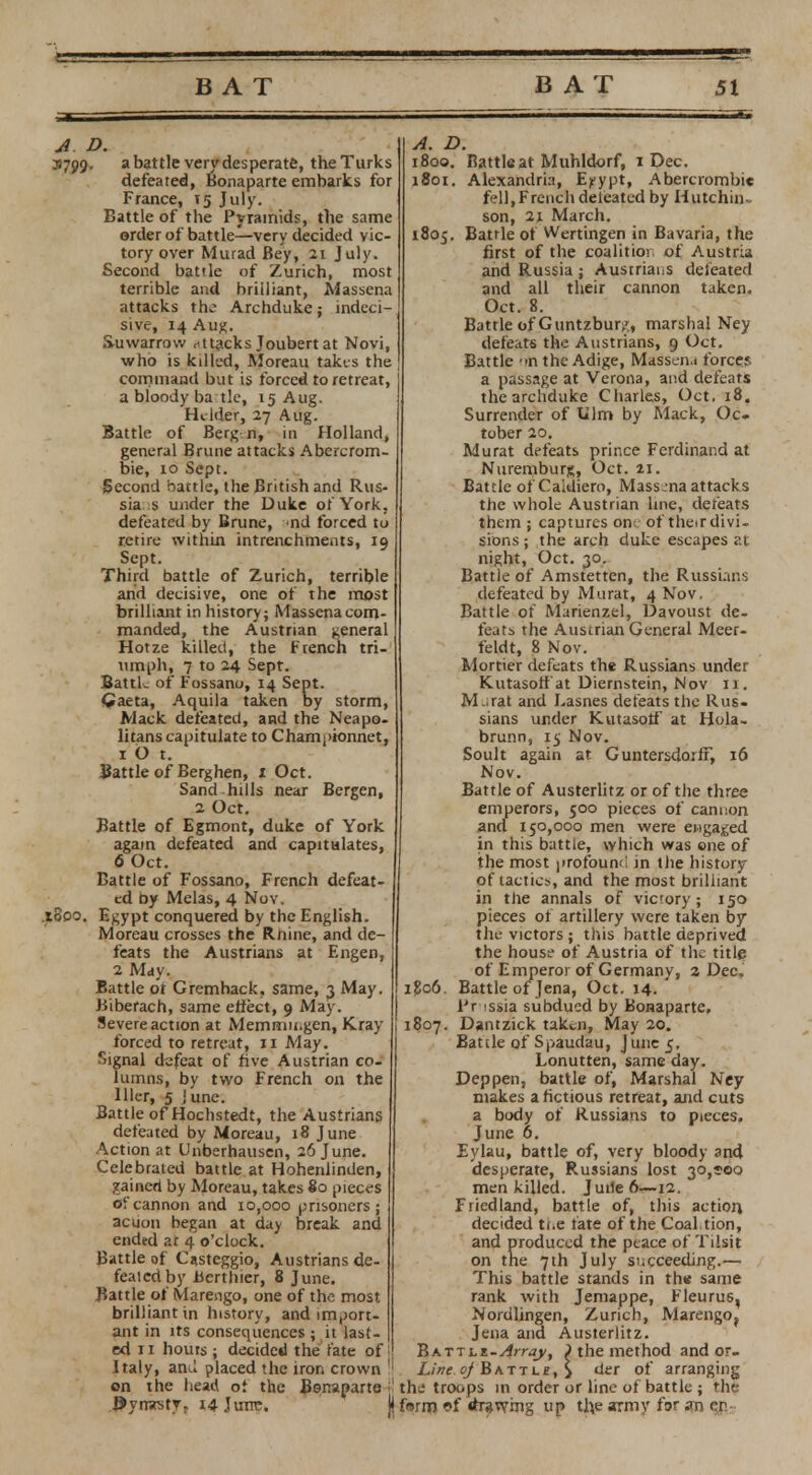 A D. 3799. a battle very desperate, the Turks defeated, Bonaparte embarks for France, 15 July. Battle of the Pyramids, the same order of battle—very decided vic- tory over Murad Bey, 21 July. Second battle of Zurich, most terrible and brilliant, Massena attacks the Archduke; indeci- sive, 14 Aug. S-uwarrow attacks Joubertat Novi, who is killed, Moreau takes the command but is forced to retreat, a bloody ba tie, 15 Aug. Hclder, 27 Aug. Battle of Berg n, in Holland, general Brune attacks Abercrom- bie, 10 Sept. Second battle, the British and Rus- sia s under the Duke of York, defeated by Brune, nd forced to retire within intrenchments, 19 Sept. Third battle of Zurich, terrible and decisive, one of the most brilliant in history; Massena com- manded, the Austrian general Hotze killed, the French tri- umph, 7 to 24 Sept. Bank of Fossano, 14 Sept. Gaeta, Aquila taken by storm, Mack defeated, and the Neapo- litans capitulate to Championnet, 1 O t. Battle of Berghen, 1 Oct. Sand hills near Bergen, 2 Oct. Battle of Egmont, duke of York again defeated and capitulates, 6 Oct. Battle of Fossano, French defeat- ed Oy Melas, 4 Nov. .1800. Egypt conquered by the English. Moreau crosses the Rnine, and de- feats the Austrians at Engen, 2 May. Battle ot Gremhack, same, 3 May. Biberach, same effect, 9 May. Severe action at Memram.gen, Kray forced to retreat, 11 May. Signal defeat of five Austrian co- lumns, by two French on the liter, 5 June. Battle of Hochstedt, the Austrians defeated by Moreau, 18 June Action at Unberhausen, 26 June. Celebrated battle at Hohenlinden, gained by Moreau, takes 80 pieces of cannon and 10,000 prisoners; acuon began at day break and ended at 4 o'clock. Battle of Casteggio, Austrians de- feated by Berthier, 8 June. Battle of Marengo, one of the most brilliant in history, and import- ant in its consequences; it last- ed 11 hours ; decided the fate of Italy, and placed the iron crown on the head ot the Bonaparte .PyrrirstTr 14 June. A. D. 1800. Battle at Muhldorf, 1 Dec. 1801. Alexandria, Epypt, Abercrombie fell,French defeated by Hutchin son, 21 March. 1805. Battle of Wertingen in Bavaria, the first of the coalition of Austria and Russia ; Austrians defeated and all their cannon taken. Oct. 8. Battle of Guntzbur/, marshal Ney defeats the Austrians, 9 Oct. Battle n the Adige, Masseiu force.', a passage at Verona, and defeats the archduke Charles, Oct. 18. Surrender of Ulm by Mack, Oc- tober 20. Murat defeats prince Ferdinand at Nuremburj*, Oct. 21. Battle of Caidiero, Mass :na attacks the whole Austrian line, defeats them ; captures on of their divi- sions ; the arch duke escapes at night, Oct. 30. Battle of Amstetten, the Russians defeated by Murat, 4 Nov. Battle of Marienzel, Davoust de- feats the Austrian General Meer- feldt, 8 Nov. Mortier defeats the Russians under Kutasotf'at Diernstein, Nov 11. M.;rat and Lasnes defeats the Rus- sians under Kutasotf at Hola- brunn, 15 Nov. Soult again at GuntersdorfT, 16 Nov. Battle of Austerlitz or of the three emperors, 500 pieces of cannon and 150,000 men were engaged in this battle, which was one of the most profound in the history of tactic>, and the most brilliant in the annals of victory; 150 pieces of artillery were taken by the victors ; this battle deprived the house of Austria of the title of Emperor of Germany, 2 Dec. i£c6. Battle of Jena, Oct. 14. Fr issia subdued by Bonaparte. 1807. Dantzick taken, May 20. Battle of Spaudau, June 5, Lonutten, same day. Deppen, battle of, Marshal Ney makes a fictious retreat, and cuts a body of Russians to pieces. June 6. Eylau, battle of, very bloody and desperate, Russians lost 30,500 men killed. Juiie6—12. Friedland, battle of, this action decided ti.e fate of the Coaltion, and produced the peace of Tilsit on the 7th July si.cceeding.— This battle stands in th« same rank with Jemappe, Fleurus, Nordlingen, Zurich, Marengof Jena and Austerlitz. BATTLi-Array, J the method and or- Line. of Battle, \ der of arranging the troops in order or line of battle ; the form 9f drawing up the army for an e,n:
