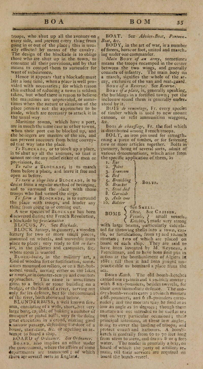 44s* BOA BOM troops, who shut up all the avenues on tvery side, and prevent e/ery thing from going in or out of the place; this is usu- ally effected by means of the cavalry. The design of the blockade is to oblige those who are shut up in the town, to consume all their provisions, and by that means to compel them to surrender for want of subsistence. Hence it appears 'hat a blockade must last a lone time, when a place is well pro- vided with necessaries; for which reason this method of reducing a town is seldom taken, but when'there is reason to believe the magazines are unprovided, or some- times when the nature or situation of the place permits not the approaches to be hiade, which are necessary to attack it in the usual way Maritime towns, which have a port, are in much the s;me case as other towns, when their port can be blocked up, and the besiegers are masters of the sea, and can prevent succours from being convey- ed tiiat way into the place. To Blockade, or to block up a place, is toshut up all the avenues, so that it oannot rec ive any relief either of men or provisions, &c. To raise a Blockade, is to march from baf'ore a place, and leave it free and open as before. To turn a siege into a Blockade, is to desist from a regular method of besieging, and to surround the place with those troops who had crmed the sirge. To firm a Blockade, is to surround the place with troops, and hinder any thing from going in or coming out. A new species of Block ade has been discovered during the French Revolution, a blockade by proclamation BLOC US, ft. See Blockade. BLOCK battery, in gunnery, a wooden battery for two or more small pieces, mounted cn wheels, and moveable from place to place : very ready to tire en bar- let, in the galleries and casemates, &cc. where room Is wanted. BLocK-iwY, In the military art, a kind of wooden fort or fortification, some- times mounted on rollers, or on a fiat-bot- coinett vessel, serving either on the lakes fcr rivers,or in counter-scarps and counter- approaches. This name is sometimes giten to a brick or stone building on a bridge, or the brink of a river, serving not •nly for its defence, hut for the command ©f the- river, both above and below. BLUNDERBUSS, a well known fire- arm, consisting of a wide, shorr,-but very large bore, capable of holding a number of miuquet or pistol bar!:, very fit fordoing great execution in a croud, making good a nanow passage, defending t icdoor of a house, stair-case, Sec. or repelling an at- tempt to board a ship. isOARD of Ordnance. See Ordnance. Board, aiso implies an office under the government, where the affairs of some departments are transacted ; of which iters a$e several swrts in England. BOAT. See Advice-Bout, Pontoon. Boat, Sec. BODY, in the art of war, is a number of forces, horse or foot, united and march- ing under one commander. Alain Body of an army, sometimes means the troops encamped in the center between the two wings, and generally consists of infantry. The main body on a march, signifies the whole of the ar- my, exclusive ot the van and rear-guard. Body of a Reserve. See Reserve. Body of a place, is, generally speaking, the buildings in a fortified town; yet the inclosure round them is generally under- stood by it. BOIS dt remontage, Fr. every species of timber which is used to new mount cannon, or refit ammunition waggons, &c. Bois de cbauffage, Fr. the fuel which is distributed among French troops. BOLT, an iron pin used for strength- ening a piece of timber, or for fastening two or more articles together. Bolts in gunnery, being of several sorts, admit of various denominations, which arise from the specific application of them, as 1. Eye ~\ 2. Joint 3. Transom 4. Bed 5. Breeching 6- Bracket 7. Stool.bed 8. Garnish Q. Axle tree 10. Bolster > BOLTf. BOMB See Shell. Chest. See Caisson. Vessels, } small vessels. Ketches, $ made very strong with large beams, particularly calcula- ted for throwing shells into a town, cas* tie, or fortification, from 13 and 10-incW mortars ; two of which are placed on board of each ship. They are said to have been invented by M. Reyneau, a Frenchman, and to h-.ve been first put in action at the bombardment of Algiers ifl 1681 : till then it had been judged un- pract;cable to bombard a place from the sea. Bomb Ketch. The old bomb-ketchcj carried one %3.inch and 1 10-iiicli inoi tar; with 8 six-pounders, besides swivels, for their own immediate defence. The mo- drmborhb-vesseljcarr; 2. 1 coinch moitars 4 68-pounuers, and 6 18. pounders carro- nades; and tne mortars may be tired at as low an angle as 10 degrees ; though theso mortars arc not intended to be uscdac sei but on very particular occasions; their principal intention, at these low angles, b.ing to cover the landing of troops, aivi protect coasts and harbours. A bomb- ketch is generally from 60 to 70 leet lon£ from stem to stern, and draws 8 or 9 fee:, water. The tender is generally a hi jj;, on boardof which the party ot artiiier) re- main, till tueir services are required on board th? bomb-vessel.