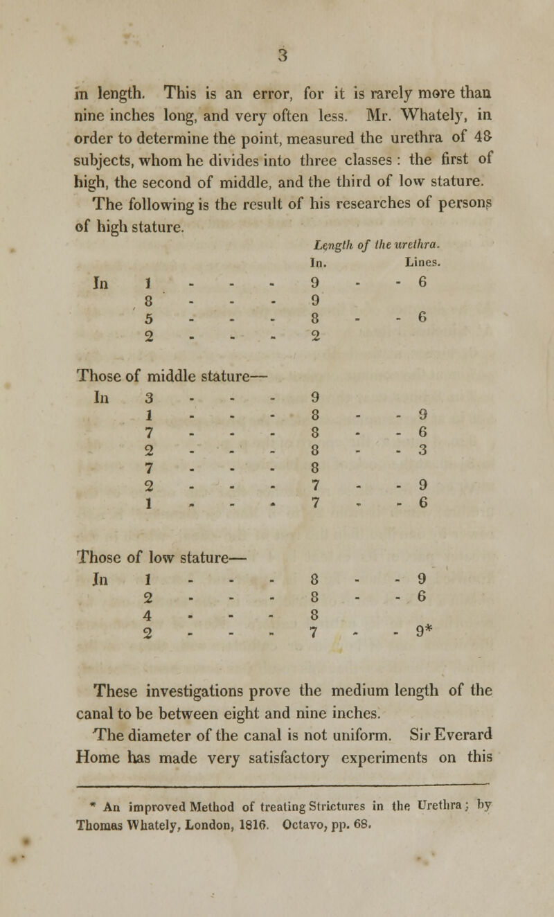 nine inches long, and very often less. Mr. Whately, in order to determine the point, measured the urethra of 48 subjects, whom he divides into three classes : the first of high, the second of middle, and the third of low stature. The following is the result of his researches of persons of high stature. Length of the urethra. In. Lines. In J - - - 9 - - 6 8 - - - 9 5 - - - 8 - - 6 2 - - - 2 Those of middle stature— In 3 - - 9 1 - - 8 - - 9 7 - ■ 8 • - 6 2 - - 8 - - 3 7 . - 8 2 . - 7 - - 9 1 - * 7 - - 6 Those of low stature— In 1 . . 8 > - 9 2 - - 8 - - 6 4 . - 8 2 - - 7 - - 9* These investigations prove the medium length of the canal to be between eight and nine inches. The diameter of the canal is not uniform. Sir Everard Home has made very satisfactory experiments on this * An improved Method of treating Strictures in the Urethra; by Thomas Whately, London, 181(5. Octavo, pp. 68.