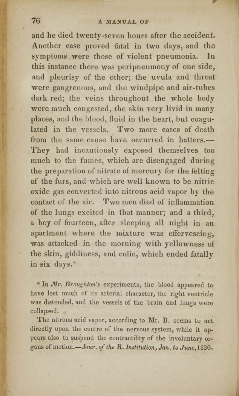 and he died twenty-seven hours after the accident. Another case proved fatal in two days, and the symptoms were those of violent pneumonia. In this instance there was peripneumony of one side, and pleurisy of the other; the uvula and throat were gangrenous, and the windpipe and air-tubes dark red; the veins throughout the whole body were much congested, the skin very livid in many places, and the blood, fluid in the heart, but coagu- lated in the vessels. Two more cases of death from the same cause have occurred in hatters.— They had incautiously exposed themselves too much to the fumes, which are disengaged during the preparation of nitrate of mercury for the felting of the furs, and which are well known to be nitric oxide gas converted into nitrous acid vapor by the contact of the air. Two men died of inflammation of the lungs excited in that manner; and a third, a boy of fourteen, after sleeping all night in an apartment where the mixture was effervescing, was attacked in the morning with yellowness of the skin, giddiness, and colic, which ended fatally in six days.* * In Mr. Broughton's experiments, the blood appeared to have lost much of its arterial character, the right ventricle was distended, and the vessels of the brain and lungs were collapsed. The nitrous acid vapor, according to Mr. B. seems to act directly upon the centre of the nervous system, while it ap- pears also to suspend the contractility of the involuntary or- gans of motion.—Jour, of the R. Institution, Jan. to June, 1030.