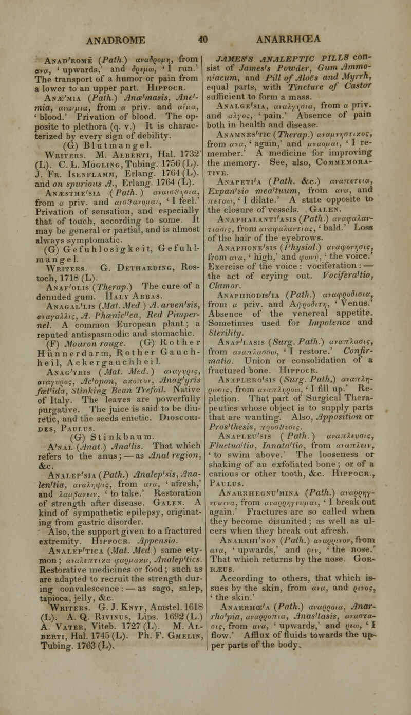 Anad'rome (Path.) avaSQOfir}, from «vo, ' upwards,' and S^fiivi, ' I run.' The transport of a humor or pain from a lower to an upper part. Hippocr. An^'mia (Path.) Anai'inasis, Jlne'- niia, araiiita, from a priv. and aruu, ' blood.' Privation of blood. The op- posite to plethora (q. v.) It is charac- terized by every sign of debility. (G) Blutmangel. Writers. M. Alberti, Hal. 1732 (L). C.L.MoGLiNG,Tubing. 175C(L). J. Fr. Ist.NFLAMM, Erlang. 17()4(L). and on spurious A., Erlang. 1764 (L). An^sthe'sia (Path.) uraiadi,nia, from a priv. and am^arvtiai, ' I feel. Privation of sensation, and especially that of touch, according to some. It may be general or partial, and is almost always symptomatic. (G) Gefuhlosigkeit, Gefuhl- mangel. Writers. G. Detharding, Ros- toch, 1718(L). Anaf'olis (Therap.) The cure of a denuded gum. Haly Abbas. Anagal'i.is (Mat.Med) Jl.arven'sis, avaya'/.^.ic, A. I-'ha;nicea, Red Pimper- nel. A common European plant; a reputed antispasmodic and stomachic. (F) Muuron rouge. (G) R o t h e r Hiinnerdarm, Rother Gauch- heil, Ackergauchh e i 1. Anag'vris (Mat. Med.) ttvayiQic, aiayvnoc, Ac'opnn, axonor, Anag'tjris feet'ida, Stinking Bean Trefoil. Native of Italy. The leaves are powerfully purgative. The juice is said to be diu- retic, and the seeds emetic. Dioscori- DES, Paclus. (G) Stinkbaum. A'nal (Anat.) Aaa'lis. That which refers to the anus; — as Anal region, &c. Analep'sia (Path.) Analep'sis, Ana- len'tia, uruXiiqitc:, from uru, ' afresh,' and ?.aufiuynr, ' to take.' Restoration of strength after disease. Galen. A kind of sympathetic epilepsy, originat- ing from gastric disorder. Also, the support given to a fractured extremity. Hippocr. Appensio. Analep'tica (Mat. Med ) same ety- mon ; arulinrty.u (pwifiuxu, Analep'tics. Restorative medicines or food; such as are adapted to recruit the strength dur- ing convalescence : — as sago, salep, tapioca, jelly, &c. Writers. G. J. Knyf, Amstel. 1618 (L). A. Q. RiviNus, Lips. Ifi92 (L.) A. Vater, Viteb. 1727 (L). M. Al- berti, Hal. 1745 (L). Ph. F. Gmelin, Tubing. 1763 (L). JAMES'S ANALEPTIC PILLS con- sist of Jarnes's Powder, Gum Ammo- iiiacum, and Pill of AloCs and Myrrh, equal parts, with Tincture of Castor sufficient to form a mass. Analge'sia, avu).)n;niu, from a priv. and uf-yo:, ' pain.' Absence of pain both in health and disease. Anamnes'tic (Therap.) araurijOTtxog, from aru, ' again,' and ttruotiai, ' I re- member.' A medicine for improving the memory. See, also, Commemora- tive. Anapeti'a (Path. &c.) avantreia, Expan'sio niea'tuum, from aia, and /ifTccin, ' I dilate.' A state opposite to the closure of vessels. Galen. Anaphalanti'a.sis (Path.) uratpaXai'- Tittoic, from «rc((/(/P.«ir(ac, ' bald.' Loss of the hair of the eyebrows. An.\piione'sis (I'hysiul.) araipovriaig, from uru,' high,' and (pu)vij,' the voice.' Exercise of the voice : vociferation : — the act of crying out. Vocifera'tio, Clamor. Anapiirodis'ia (Path.) avaipQoSiotcXf from a priv. and AfpnoSiTtj, ' Venus.' Absence of the venereal appetite. Sometimes used for Impotence and Sterility. Anap'lasis (Surg. Path.) aranXvtOig, from ava.i/.unnw, ' I restore.' Conjir- matio. Union or consolidation of a fractured bone. Hippocr. Anapleko'sis (Surg. Path,) avarr?.?;- Qmoig, from tii((,7Xt;()o(ii, ' I fill up.' Re- pletion. That part of Surgical Thera- peutics whose object is to supply parts that are wanting. Also, Apposition or Pros'thesis, .Twa^iaic. Anapleu'sis (Path.) araTT).evaig, Fluctua'tiu, Innata'lio, from aiu/r^.ttv, ' to swim above.' The looseness or shaking of an exfoliated bone ; or of a carious or other tooth, &c. Hippocr., Paulus. Anarriiegnu'mina (Path.) aiao^ijy- Tviinu, from ara<>i>)jyrvfiui, ' 1 breakout again.' Fractures are so called when they become disunited ; as well as ul- cers when they break out afresh. Anarkhi'non (Path.) arwjQtror, fi-om ara, ' upwards,' and Qir, ' the nose.'' That which returns by the nose. Gor- B^US. According to others, that which ia- sues by the skin, from uiu, and ()ivo?, ' the skin.' Anarrh(e'a (Path.) ara()Qota, Anar~ rho'pia, uyufioomu, Anas'tasis, uvaara- ffic, from «>■«, 'upwards,' and (/foi, 'I flow.' Afflux of fluids towards the u|^ per parts of the body.