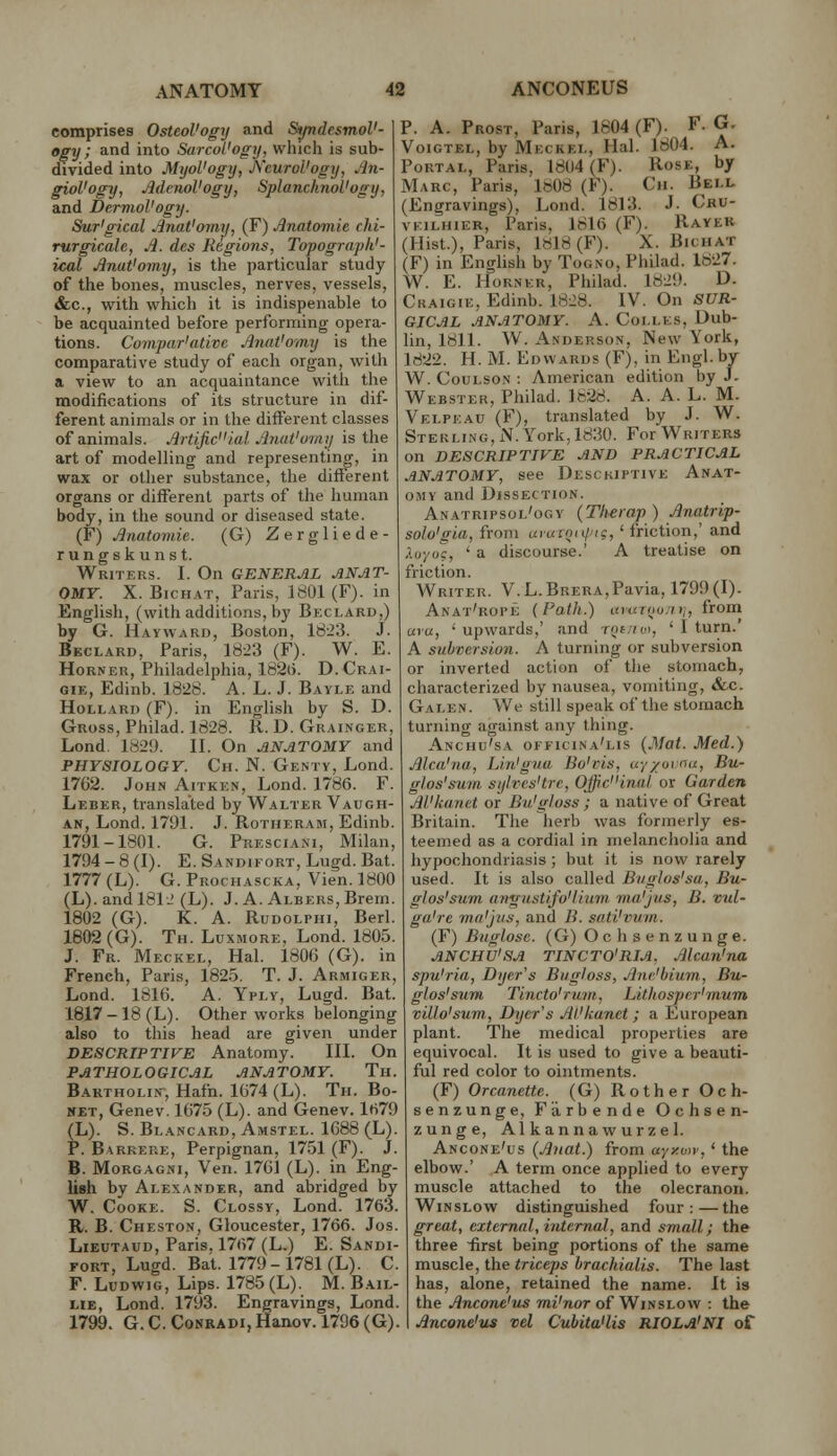 comprises Osteology and SyndesmoV- ogy ; and into Sarcol'ogy, which is sub- divided into MyoUogy, KcuroVogy, £n- gioVogy, AdenoVogy, SplanchnoVogy, and DervioVogy. Sur'gical JinaVorny, (F) Jlnatomie chi- rurgicale, Ji. des Regions, Topograpli'- ical Anat'omy, is the particular study of the bones, muscles, nerves, vessels, &c., with which it is indispenable to be acquainted before performing opera- tions. Compar'ativc Anat'omy is the comparative study of each organ, with a view to an acquaintance with the modifications of its structure in dif- ferent animals or in the different classes of animals. Artificial Anat'omy is the art of modelling and representing, in wax or other substance, the different organs or different parts of the human body, in the sound or diseased state. (F) Anatomie. (G) Zergliede- rungskunst. Wbiters. I. On GENERAL ANAT- OMY. X. BiCHAT, Paris, 1801 (F). in English, (with additions, by Beclard,) by G. Hayward, Boston, 1823. J. Bkclard, Paris, 1823 (F). W. E. Horner, Philadelphia, 1826. D.Crai- GiE, Edinb. 1828. A. L. J. Bayi.e and HoLLARi) (F). in English by S. D. Gross, Philad. 1828. R. D. Grainger, Lond, 1829. II. On ANATOMY and PHYSIOLOGY. Ch. N. Genty, Lond. 1762. John Aitken, Lond. 1786. F. Leber, translated by Walter Vaugti- AN, Lond. 1791. J. Rotheram, Edinb. 1791-1801. G. Pmsciani, Milan, 1794 - 8 (I). E. Sandifort, Lugd. Bat. 1777 (L). G. Prochascka, Vien. 1800 (L). and 181ii (L). J. A. Albers, Brem. 1802 (G). K. A. RuDOLPHi, Berl. 1802 (G). Th. Luxmore, Lond. 1805. J. Fr. Meckel, Hal. 180G (G). in French, Paris, 1825. T. J. Armiger, Lond. 1816. A. Yply, Lugd. Bat. 1817 -18 (L). Other works belonging also to this head are given under DESCRIPTIVE Anatomy. III. On PATHOLOGICAL ANATOMY. Til. Bartholi.v, Hafn. 1674 (L). Tii. Bo- met, Genev. 1675 (L). and Genev. 1679 (L). S. Blancard, Amstel. 1688 (L). P. Barkere, Perpignan, 1751 (F). J. B. MoRGAGNi, Ven. 1761 (L). in Eng- lieh by Alexander, and abridged by W. Cooke. S. Glossy, Lond. 1763. R. B. Cheston, Gloucester, 1766. Jos. LiEUTAUD, Paris. 1767 (L.) E. Sandi- roKT, Lugd. Bat. 1779-1781 (L). C. F. LuDwiG, Lips. 1785 (L). M. Bail- lie, Lond. 1793. Engravings, Lond. 1799. G.C.CoNRADi,Han,ov. 1796(G). P. A. Prost, Paris, 1804 (F). F. G. VoiGTEL, by Meckel, Hal. 1804. A. Portal, Paris, 1804(F). Rose, by Marc, Paris, 1808 (F). Cii. Bell (Engravings), Lond. 1813. J. Cru- VKiLHiER, Paris. 1816 (F). Rayek (Hist.), Paris, 1818(F). X. Bichat (F) in English by Togno, Philad. 1827. W. E. Horner, Philad. 1829. D. Ckaigie, Edinb. 1828. IV. On SUR- GICAL ANATOMY. A. CoLLEs, Dub- lin, 1811. W. Anderson, New York, 1822. H. M. Edwards (F), in Engl, by W. CouLSON : American edition by J. Webster, Philad. Ifc28. A. A. L. M. Velpeau (F), translated by J. W. Sterling, N.York, 1830. For Writers on DESCRIPTIVE AND PRACTICAL ANATOMY, see Descriptive Anat- omy and Dissection. Anatripsol'ogv (Tlherap) Anatrip- solo'sia, from uyuiQit/ng, ' friction,' and ;.oyoc, * a discourse.' A treatise on friction. Writer. V.L.BRERA,Pavia, 1799(1). Anat'rope (Path.) amjoujitj, fiom aru, 'upwards,' and roifun, ' I turn.' A subversion. A turning or subversion or inverted action of the stomach, characterized by nausea, vomiting, &c. Galen. We still speak of the stomach turning against any thing. Anchu'sa officina'lis {Mat. Med.) Alca'na, Lin'gua Bo'vis, uy/ovnu, Bu- glos'sum sylves'tre, OJ)icinal, or Garden AVkunct or Bu'gloss ; a native of Great Britain. The herb was formerly es- teemed as a cordial in melancholia and hypochondriasis; but it is now rarely used. It is also called Btiglos'sa, Bu- glos'sum angustifo'lium ma'jus, B. vul- ga're ma'jus, and B. sati'vum. (F) Buglose. (G) O c li s e n z u n g e. ANCHU'SA TINCTO'RIA. Alcan'na spu'ria, Dyers Bugloss, Ant'bium, Bu- glos'sum Tincto'rum, Litkospcr'mum villo'sum,, Dyers Al'kunet; a European plant. The medical properties are equivocal. It is used to give a beauti- ful red color to ointments. (F) Orcanette. (G) Bother Och- senzunge, Fiirbende Ochsen- zunge, Alkannawurzel. Ancone'us (Anat.) from ayyon',' the elbow.' A term once applied to every muscle attached to the olecranon. Winslow distinguished four:—the great, external, internal, and small; the three -first being portions of the same muscle, the triceps hrachialis. The last has, alone, retained the name. It is the Ancone'us mi'nor of WifisLow : the Ancone'us vet Cubita'lis RIOLA'NI of