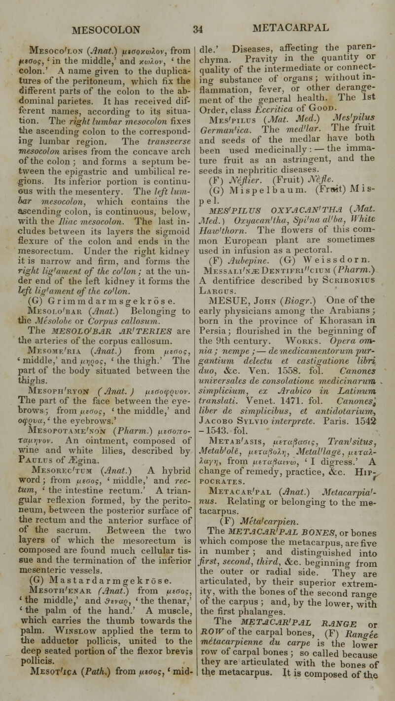 Mesoco'lon {Anat.) usooxwXor, from Utaog,' in the middle,' and xvrf.or, ' tlie colon.' A name given to the duplica- tures of the peritoneum, which fix the different parts of the colon to the ab- dominal parietes. It has received dif- ferent names, according to its situa- tion. The right lumbar mesocolon fixes the ascending colon to the correspond- ing lumbar region. The transverse mesocolon arises from the concave arch of the colon ; and forms a septum be- tween the epigastric and umbilical re- gions. Its inferior portion is continu- ous with the mesentery. The left lum- bar mesocolon, which contains the ascending colon, is continuous, below, with the Iliac mesocolon. The last in- cludes between its layers the sigmoid flexure of the colon and ends in the mesorectum. Under the right kidney it is narrow and firm, and forms the right lig'ament of the co'lon; at the un- der end of the left kidney it forms the left ligament of the co'lon. (G) Grimmdarmsgekrose. Mesolo'bar (Jlnat.) Belonging to the Mesolobe or Corpus callosum. The MESOLO'BAR AR'TERIES are the arteries of the corpus callosum. Mesome'ria {Jlnat.) from [itao?, ' middle,' and fiift>og, ' the thigh.' The part of the body situated between the thighs. Mesoph'ryon (Anat.) uMtotpQvov. The part of the face between the eye- brows; from ,«Ertoc, ' the middle,' and otpQva,' the eyebrows.' Mesopotame'non {Pharm.) uioono- ■zaur^av. An ointment, composed of wine and white lilies, described by Paulus of iEgina. Mesorec'tum {Anat.) A hybrid word; from fiiaog, 'middle,' and rec- tum, < the intestine rectum.' A trian- gular reflexion formed, by the perito- neum, between the posterior surface of the rectum and the anterior surface of of the sacrum. Between the two layers of which the mesorectum is composed are found much cellular tis- sue and the termination of the inferior mesenteric vessels. (G) Mastardarmgekrose. Mesoth'enar (Anat.) from utaoq, 1 the middle,' and &tr<xo, ' the thenar,' ' the palm of the hand.' A muscle, which carries the thumb towards the palm. Winslow applied the term to the adductor pollicis, united to the deep seated portion of the flexor brevis pollicis. Mesot'ica {Path,) from uiaog,' mid- die.' Diseases, affecting the paren- chyma. Pravity in the quantity or quality of the intermediate or connect- ing substance of organs ; without in- flammation, fever, or other derange- ment of the general health. The 1st Order, class Eccritica of Good. Mes'pilus {Mat. Med-) Mes'pilus Gcrmun'iea. The med'lar. The fruit and seeds of the medlar have both been used medicinally : — the imma- ture fruit as an astringent, and the seeds in nephritic diseases. (F) Mflier. (Fruit) Mfle. (G) M i s p e 1 b a u m. (Frwt) M i s- p e 1. MES'PILUS OXYACAN'THA {Mat. Med.) Oxtjacan'lha, Spi'na al'ba, White Haw'thorn. The flowers of this com- mon European plant are sometimes used in infusion as a pectoral. (F) Aubepine. (G) Weissdorn. Messai.i'nje Dentifricium {Pharm.) A dentifrice described by Scribonius Largus. MESUE, John {Biogr.) One of the early physicians among the Arabians ; born in the province of Khorasan in Persia; flourished in the beginning of the 9th century. Works. Opera om- nia ; nempe ; — demedicumentorum jiur- gantium delectu et castigatione lihri duo, &c. Ven. 1558. fol. Canones universales de consolationc medicinarum . simplicium, ex Arabico in Latinum translati. Venet. 1471. fol. Canoncs'a liber de simplicibus, et antidotarium, Jacobo Sylvio intcrprcte. Paris. 1542 -1543. fol. Metab'asis, utTapaate, Tran'situs, Metab'ole, fiiTa^.rj, Metal'lage, ftsTcck- layy, from ^tTa^aitw, ' I digress.' A change of remedy, practice, &c. Hip- pocrates. r Metacarpal {Anat.) Metacarpia'- nus. Relating or belonging to the me- tacarpus. (F) Meta'carpien. The METACARPAL BONES, or bones which compose the metacarpus, are five in number ; and distinguished into first, second, third, &c. beginning from the outer or radial side. They are articulated, by their superior extrem- ity, with the bones of the second range of the carpus ; and, by the lower, with the first phalanges. The METACARPAL RANGE or ROW of the carpal bones, (F) Rangee metacarpienne du carpe is the lower row of carpal bones ; so called because they are articulated with the bones of the metacarpus. It is composed of the