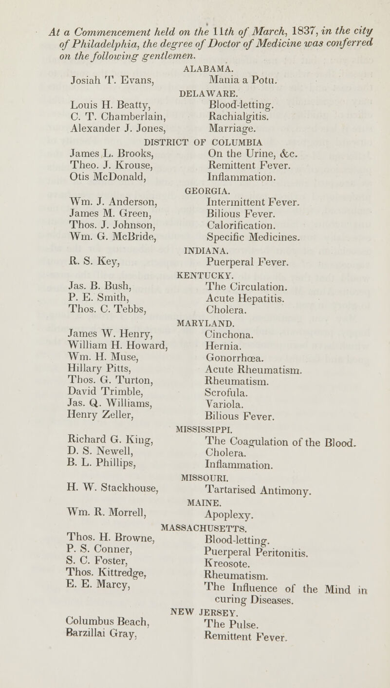 At a Commencement held on the llth of March, 1837, in the city of Philadelphia, the degree of Doctor of Medicine was conferred on the following gentlemen. ALABAMA. Mania a Potu. DELAWARE. Blood-letting. Rachialgitis. Marriage. Josiah T. Evans, Louis H. Beatty, C. T. Chamberlain, Alexander J. Jones, DISTRICT OF COLUMBIA James L. Brooks, Theo. J. Krouse, Otis McDonald, Wm. J. Anderson, James M. Green, Thos. J. Johnson, Wm. G. McBride, R. S. Key, Jas. B. Bush, P. E. Smith, Thos. C. Tebbs, James W. Henry, William H. Howard, Wm. H. Muse, Hillary Pitts, Thos. G. Turton, David Trimble, Jas. Q. Williams, Henry Zeller, Richard G. King, D. S. Newell, B. L. Phillips, On the Urine, &c. Remittent Fever. Inflammation. GEORGIA. Intermittent Fever. Bilious Fever. Calorification. Specific Medicines. INDIANA. Puerperal Fever. KENTUCKY. The Circulation. Acute Hepatitis. Cholera. MARYLAND. Cinchona. Hernia. Gonorrhoea. Acute Rheumatism. Rheumatism. Scrofula. Variola. Bilious Fever. MISSISSIPPI. The Coagulation of the Blood. Cholera. Inflammation. H. W. Stackhouse, Wm. R. Morrell, Thos. H. Browne, P. S. Conner, S. C. Foster, Thos. Kittredge, E. E. Marcy, Columbus Beach, Barzillai Gray. MISSOURI. Tartarised Antimony. MAINE. Apoplexy. MASSACHUSETTS. Blood-letting. Puerperal Peritonitis. Kreosote. Rheumatism. The Influence of the Mind in curing Diseases. NEW JERSEY. The Pulse. Remittent Fever.